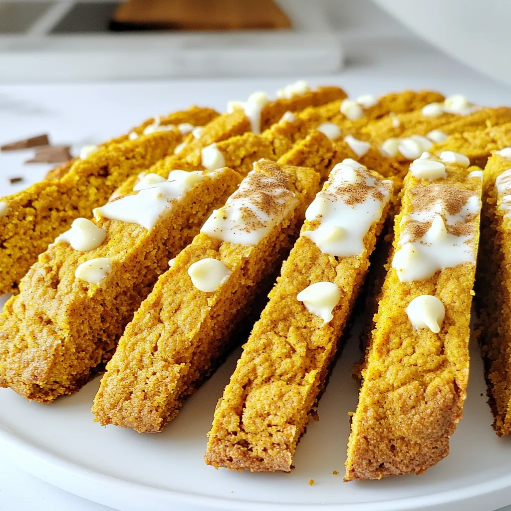 To make Pumpkin Spice Biscotti with White Chocolate, gather these simple ingredients: - 2 cups all-purpose flour - 1 teaspoon baking powder - 1/2 teaspoon baking soda - 1 teaspoon ground cinnamon - 1/2 teaspoon ground nutmeg - 1/2 teaspoon ground ginger - 1/4 teaspoon ground cloves - 1/2 teaspoon salt - 1/2 cup granulated sugar - 1/4 cup brown sugar, packed - 2 large eggs - 1/2 cup pure pumpkin puree - 1 teaspoon vanilla extract - 1/2 cup chopped walnuts or pecans (optional) - 1 cup white chocolate chips These ingredients create a perfect balance of flavors. The spices bring warmth, while the pumpkin adds moisture. The sugars give a nice sweetness and the white chocolate chips create a rich finish. If you love nuts, try adding walnuts or pecans for extra texture. Make sure to use pure pumpkin puree, not pumpkin pie filling. This keeps your biscotti from getting too sweet. Each ingredient plays a key role in the final taste. So, use fresh spices for the best flavor. Enjoy the process of gathering and preparing these ingredients. First, set your oven to 350°F (175°C). This step is key for even baking. Next, grab a baking sheet and line it with parchment paper. This helps prevent sticking and makes cleanup easier. In a medium bowl, whisk together the dry ingredients. Combine 2 cups of flour, 1 teaspoon of baking powder, and 1/2 teaspoon of baking soda. Then, add 1 teaspoon of ground cinnamon, 1/2 teaspoon each of nutmeg, ginger, and cloves. Finish with 1/2 teaspoon of salt. Mix well and set aside. This blend creates a lovely spice flavor. In a large bowl, mix together your sugars and eggs. Use 1/2 cup of granulated sugar and 1/4 cup of packed brown sugar. Beat these with an electric mixer on medium speed for about 2-3 minutes. You want a smooth, pale mix. Next, add 1/2 cup of pure pumpkin puree and 1 teaspoon of vanilla extract. Stir until everything is well combined. The pumpkin adds moisture and flavor. Take your dry mix and gradually add it to the wet mix. Stir gently until just combined. If you want, fold in 1/2 cup of chopped nuts and 1 cup of white chocolate chips. Divide the dough in half. Shape each half into a log, about 12 inches long and 3 inches wide. Place these logs on your prepared baking sheet. Bake for 25-30 minutes. They should feel firm and look lightly golden. After baking, let the logs cool for about 10 minutes. Then, transfer them to a cutting board. Use a serrated knife to slice the logs diagonally into 1/2-inch thick slices. Place the slices back on the baking sheet, cut side up. Bake for another 10-15 minutes to make them crisp and golden brown. Keep an eye on them to prevent burning. For a special touch, melt some extra white chocolate in a microwave-safe bowl. Once your biscotti cool completely, drizzle the melted chocolate over them. This adds a sweet finish that complements the spices. Enjoy your delicious pumpkin spice biscotti! To make sure your biscotti stays crisp, follow these steps: - Make sure you bake them twice. The first bake firms them up. - During the second bake, leave them in the oven until golden brown. - Keep an eye on them. You want a nice crunch without burning. - For extra crispiness, slice them thinner. This also helps with even baking. Storing your biscotti right keeps them fresh and tasty. Here are some tips: - Use an airtight container. This keeps air out and moisture in. - Store at room temperature for up to two weeks. - If you want to keep them longer, freeze them. They freeze well for up to three months. - Thaw at room temperature before enjoying. This way, they stay crisp. You can enhance your biscotti with fun flavors. Here are some ideas: - Add orange zest for a citrus twist. - Swap in dark chocolate chips instead of white chocolate for richness. - Try different nuts like almonds or hazelnuts for added crunch. - Experiment with spices like cardamom or allspice for a unique taste. These customizations make your biscotti special and tailored to your taste! {{image_2}} You can switch up the flavors in your pumpkin spice biscotti. Instead of using pumpkin, try chocolate or almond. For chocolate, add 1/2 cup of cocoa powder to the dry mix. This creates a rich, deep flavor. If you want almond, use almond extract instead of vanilla. You can also add sliced almonds for a nice crunch. Nuts and chips can change the taste and texture of your biscotti. Use chopped pecans or hazelnuts to add a different nutty flavor. If you love chocolate, consider adding dark chocolate chips or even butterscotch chips. Each nut or chip brings its own charm to the biscotti. Feel free to mix and match for your favorite combo! Seasonal flavors make biscotti special. For the holidays, add peppermint extract for a festive touch. You can also use dried cranberries or orange zest. These ingredients give a fresh burst of flavor. For a warm winter treat, try adding a pinch of cardamom or cloves. These small changes can make your biscotti perfect for any season! To keep your pumpkin spice biscotti fresh, store them in an airtight container. Use a container that fits them snugly. This helps maintain their crunch and flavor. You can store them at room temperature for up to two weeks. Avoid placing them in a humid area, as moisture can make them soft. If you want to keep them longer, consider freezing. Freezing biscotti is a simple way to extend their life. First, let the biscotti cool completely. Then, place them in a single layer on a baking sheet. Freeze them for about an hour. After they are firm, transfer them to a freezer-safe bag. Remove as much air as possible before sealing. You can freeze them for up to three months. When you’re ready to enjoy them, thaw at room temperature for about 30 minutes. Homemade pumpkin spice biscotti can last up to two weeks when stored properly. If you freeze them, they can stay good for up to three months. Always check for any signs of spoilage before eating. If they smell off or feel too soft, it’s best to toss them. Enjoy your biscotti at their best! Yes, you can use canned pumpkin puree. It saves time and still gives great flavor. Look for 100% pure pumpkin, not pumpkin pie filling. This ensures you get the right taste and texture for your biscotti. You'll know the biscotti are done when they feel firm and slightly golden. The logs should not be soft. After the first bake, let them cool before slicing. The second bake should make them crisp. You can use dark chocolate, milk chocolate, or even butterscotch chips. Each option gives a unique taste. If you want a healthier choice, try dried fruit or nuts for added flavor. Yes, you can make gluten-free biscotti. Just swap the all-purpose flour for a gluten-free blend. Make sure the blend has a good structure to hold the biscotti together. This way, you can enjoy the same great taste without gluten. You now have a complete guide to making delicious pumpkin biscotti. We covered the key ingredients, step-by-step instructions, and helpful tips for the best results. You can customize your biscotti with different flavors and store them properly for lasting freshness. Remember, simple swaps can elevate the taste. Making biscotti at home is fun and rewarding. Enjoy every bite and share with friends for a cozy treat. Follow these steps, and you will bake a perfect batch every time. Happy baking!