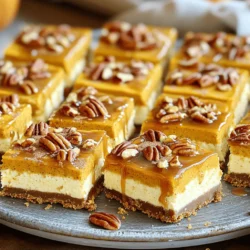 Here are the key ingredients you need to make Caramel Pecan Pumpkin Cheesecake Bars: - 1 ½ cups graham cracker crumbs - ½ cup unsalted butter, melted - 1 cup cream cheese, softened - 1 cup pumpkin puree - 1 cup powdered sugar - 2 eggs - 1 teaspoon vanilla extract - 1 teaspoon ground cinnamon - ½ teaspoon ground nutmeg - ¼ teaspoon ground ginger - 1 cup chopped pecans - ½ cup caramel sauce Each ingredient plays a vital role in creating the perfect balance of flavors and textures. The graham cracker crumbs form a base that adds crunch. Melted butter binds the crumbs, making a sturdy crust. Cream cheese gives the bars their creamy richness, while pumpkin puree adds a warm, festive flavor. Powdered sugar sweetens the filling just right. Eggs help set the bars as they bake. Vanilla extract brings out all the flavors beautifully. Ground cinnamon, nutmeg, and ginger lend warmth and spice, enhancing that cozy autumn vibe. Chopped pecans add a delightful crunch. Finally, caramel sauce drizzled on top offers a sweet finish. These ingredients come together to create a treat that is truly special. First, preheat your oven to 350°F (175°C). While it heats, take an 8x8-inch baking dish and line it with parchment paper. Leave some overhang on the sides. This paper helps you lift the cheesecake bars out easily later. In a medium bowl, mix 1 ½ cups of graham cracker crumbs with ½ cup of melted unsalted butter. Stir until the crumbs look like wet sand. Now, press this mixture firmly into the bottom of your baking dish. This forms a solid crust. Bake it for 8 to 10 minutes. You want it to be lightly golden. Take it out and let it cool for a bit. Next, grab a large mixing bowl. Beat 1 cup of softened cream cheese with an electric mixer until it’s smooth. Add in 1 cup of pumpkin puree, 1 cup of powdered sugar, and 2 eggs. Don't forget 1 teaspoon of vanilla extract, 1 teaspoon of ground cinnamon, ½ teaspoon of ground nutmeg, and ¼ teaspoon of ground ginger. Mix until everything blends well. Finally, fold in 1 cup of chopped pecans but save a handful for later. Pour your pumpkin cheesecake mixture over the cooled crust. Use a spatula to smooth the top. Bake it in the preheated oven for 30 to 35 minutes. Check if the center is set; it should jiggle a little when you shake it. Once done, take it out and let it cool completely at room temperature. After that, refrigerate it for at least 2 hours. This helps it set nicely before you serve it. To ensure your cheesecake bars set properly, follow these steps: - Bake at 350°F for the time stated in the recipe. - Check for doneness by gently shaking the pan. The center should jiggle slightly but not be liquid. Let the bars cool completely at room temperature. This helps the filling firm up. After cooling, chill them in the fridge for at least two hours. This step is key for the best texture. Drizzling caramel sauce adds flair to your bars. Use a spoon or a squeeze bottle for even lines. Start in the center and swirl outwards for a fun look. For garnishes, consider adding whipped cream or a sprinkle of cinnamon. You can even add some extra chopped pecans on top for crunch. These small touches make your dessert shine. You'll need a few essential gadgets: - A mixing bowl for the filling. - An electric mixer to beat the cream cheese. - An 8x8-inch baking pan for the bars. For the best results, use a non-stick or glass baking dish. These types help with easy removal. A hand mixer works well, but a stand mixer can save time. {{image_2}} You can add chocolate to your bars for a twist. Simply mix in some mini chocolate chips to the cheesecake batter. You can also use different spices. Try adding cardamom for a warm flavor, or even a touch of cayenne for heat. If you want to change the nuts, feel free to experiment! Walnuts or pecans work well. You can also add candies like toffee bits or crushed caramel for a sweet crunch on top. If you need gluten-free options, use gluten-free graham cracker crumbs. They come in many brands, so find one that fits your taste. This will keep your crust tasty and safe for everyone. For a vegan version, swap out the cream cheese for a plant-based alternative. Use a flaxseed egg in place of real eggs. You can also choose a dairy-free butter for the crust. These changes let everyone enjoy cheesecake bars. These bars pair nicely with coffee. A rich espresso brings out the flavors. You can also enjoy them with dessert wines, like a sweet Riesling. For gatherings, cut them into small squares. They are perfect for potlucks or holiday parties. Serve them on a festive platter with a sprinkle of cinnamon on top. Add a dollop of whipped cream for extra flair! To keep your Caramel Pecan Pumpkin Cheesecake Bars fresh, follow these steps: - Refrigeration: Place the cooled bars in the fridge. They should stay good for about 4 to 5 days. - Containers: Use an airtight container. This keeps moisture in and prevents the bars from drying out. Want to save some for later? Freezing is a great option! Here’s how: - Freezing: Cut the bars into squares. Wrap each square in plastic wrap. Place them in a freezer bag. This method helps prevent freezer burn. - Thawing: When you’re ready to enjoy, take out the bars. Leave them in the fridge overnight. This keeps the taste and texture just right. You can also let them warm at room temperature for about 30 minutes before serving. To cut cheesecake bars smoothly, you need a sharp knife. Heat the knife in hot water, then wipe it dry before cutting. This helps the knife glide through the bars without sticking. I suggest cutting them into squares for even pieces. A ruler can help if you want perfect sizes. Yes! If you prefer a different nut, walnuts or almonds work well. You can even skip the nuts if you like. Just make sure to adjust the flavor to keep the bars tasty. These caramel pecan pumpkin cheesecake bars can last up to five days in the fridge. Store them in an airtight container to keep them fresh. If you want them to stay tasty, avoid leaving them out too long. Absolutely! You can make these bars a day or two ahead. Just bake and cool them as usual. After that, wrap them tightly and store them in the fridge. When you're ready to serve, drizzle with caramel and add pecans for a fresh look. You now have a clear guide for making pumpkin cheesecake bars. We covered all ingredients, from graham cracker crumbs to caramel sauce. The step-by-step instructions ensure your baking is easy and fun. Tips and tricks help you create the perfect treat. You can even explore variations to suit your taste. Remember to store these bars well for the best experience. With this knowledge, you can impress your friends and family at your next gathering. Enjoy your baking and happy feasting!