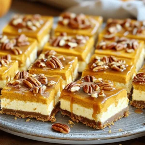 Here are the key ingredients you need to make Caramel Pecan Pumpkin Cheesecake Bars: - 1 &frac12; cups graham cracker crumbs - &frac12; cup unsalted butter, melted - 1 cup cream cheese, softened - 1 cup pumpkin puree - 1 cup powdered sugar - 2 eggs - 1 teaspoon vanilla extract - 1 teaspoon ground cinnamon - &frac12; teaspoon ground nutmeg - &frac14; teaspoon ground ginger - 1 cup chopped pecans - &frac12; cup caramel sauce Each ingredient plays a vital role in creating the perfect balance of flavors and textures. The graham cracker crumbs form a base that adds crunch. Melted butter binds the crumbs, making a sturdy crust. Cream cheese gives the bars their creamy richness, while pumpkin puree adds a warm, festive flavor. Powdered sugar sweetens the filling just right. Eggs help set the bars as they bake. Vanilla extract brings out all the flavors beautifully. Ground cinnamon, nutmeg, and ginger lend warmth and spice, enhancing that cozy autumn vibe. Chopped pecans add a delightful crunch. Finally, caramel sauce drizzled on top offers a sweet finish. These ingredients come together to create a treat that is truly special. First, preheat your oven to 350&deg;F (175&deg;C). While it heats, take an 8x8-inch baking dish and line it with parchment paper. Leave some overhang on the sides. This paper helps you lift the cheesecake bars out easily later. In a medium bowl, mix 1 &frac12; cups of graham cracker crumbs with &frac12; cup of melted unsalted butter. Stir until the crumbs look like wet sand. Now, press this mixture firmly into the bottom of your baking dish. This forms a solid crust. Bake it for 8 to 10 minutes. You want it to be lightly golden. Take it out and let it cool for a bit. Next, grab a large mixing bowl. Beat 1 cup of softened cream cheese with an electric mixer until it&rsquo;s smooth. Add in 1 cup of pumpkin puree, 1 cup of powdered sugar, and 2 eggs. Don't forget 1 teaspoon of vanilla extract, 1 teaspoon of ground cinnamon, &frac12; teaspoon of ground nutmeg, and &frac14; teaspoon of ground ginger. Mix until everything blends well. Finally, fold in 1 cup of chopped pecans but save a handful for later. Pour your pumpkin cheesecake mixture over the cooled crust. Use a spatula to smooth the top. Bake it in the preheated oven for 30 to 35 minutes. Check if the center is set; it should jiggle a little when you shake it. Once done, take it out and let it cool completely at room temperature. After that, refrigerate it for at least 2 hours. This helps it set nicely before you serve it. To ensure your cheesecake bars set properly, follow these steps: - Bake at 350&deg;F for the time stated in the recipe. - Check for doneness by gently shaking the pan. The center should jiggle slightly but not be liquid. Let the bars cool completely at room temperature. This helps the filling firm up. After cooling, chill them in the fridge for at least two hours. This step is key for the best texture. Drizzling caramel sauce adds flair to your bars. Use a spoon or a squeeze bottle for even lines. Start in the center and swirl outwards for a fun look. For garnishes, consider adding whipped cream or a sprinkle of cinnamon. You can even add some extra chopped pecans on top for crunch. These small touches make your dessert shine. You'll need a few essential gadgets: - A mixing bowl for the filling. - An electric mixer to beat the cream cheese. - An 8x8-inch baking pan for the bars. For the best results, use a non-stick or glass baking dish. These types help with easy removal. A hand mixer works well, but a stand mixer can save time. {{image_2}} You can add chocolate to your bars for a twist. Simply mix in some mini chocolate chips to the cheesecake batter. You can also use different spices. Try adding cardamom for a warm flavor, or even a touch of cayenne for heat. If you want to change the nuts, feel free to experiment! Walnuts or pecans work well. You can also add candies like toffee bits or crushed caramel for a sweet crunch on top. If you need gluten-free options, use gluten-free graham cracker crumbs. They come in many brands, so find one that fits your taste. This will keep your crust tasty and safe for everyone. For a vegan version, swap out the cream cheese for a plant-based alternative. Use a flaxseed egg in place of real eggs. You can also choose a dairy-free butter for the crust. These changes let everyone enjoy cheesecake bars. These bars pair nicely with coffee. A rich espresso brings out the flavors. You can also enjoy them with dessert wines, like a sweet Riesling. For gatherings, cut them into small squares. They are perfect for potlucks or holiday parties. Serve them on a festive platter with a sprinkle of cinnamon on top. Add a dollop of whipped cream for extra flair! To keep your Caramel Pecan Pumpkin Cheesecake Bars fresh, follow these steps: - Refrigeration: Place the cooled bars in the fridge. They should stay good for about 4 to 5 days. - Containers: Use an airtight container. This keeps moisture in and prevents the bars from drying out. Want to save some for later? Freezing is a great option! Here&rsquo;s how: - Freezing: Cut the bars into squares. Wrap each square in plastic wrap. Place them in a freezer bag. This method helps prevent freezer burn. - Thawing: When you&rsquo;re ready to enjoy, take out the bars. Leave them in the fridge overnight. This keeps the taste and texture just right. You can also let them warm at room temperature for about 30 minutes before serving. To cut cheesecake bars smoothly, you need a sharp knife. Heat the knife in hot water, then wipe it dry before cutting. This helps the knife glide through the bars without sticking. I suggest cutting them into squares for even pieces. A ruler can help if you want perfect sizes. Yes! If you prefer a different nut, walnuts or almonds work well. You can even skip the nuts if you like. Just make sure to adjust the flavor to keep the bars tasty. These caramel pecan pumpkin cheesecake bars can last up to five days in the fridge. Store them in an airtight container to keep them fresh. If you want them to stay tasty, avoid leaving them out too long. Absolutely! You can make these bars a day or two ahead. Just bake and cool them as usual. After that, wrap them tightly and store them in the fridge. When you're ready to serve, drizzle with caramel and add pecans for a fresh look. You now have a clear guide for making pumpkin cheesecake bars. We covered all ingredients, from graham cracker crumbs to caramel sauce. The step-by-step instructions ensure your baking is easy and fun. Tips and tricks help you create the perfect treat. You can even explore variations to suit your taste. Remember to store these bars well for the best experience. With this knowledge, you can impress your friends and family at your next gathering. Enjoy your baking and happy feasting!