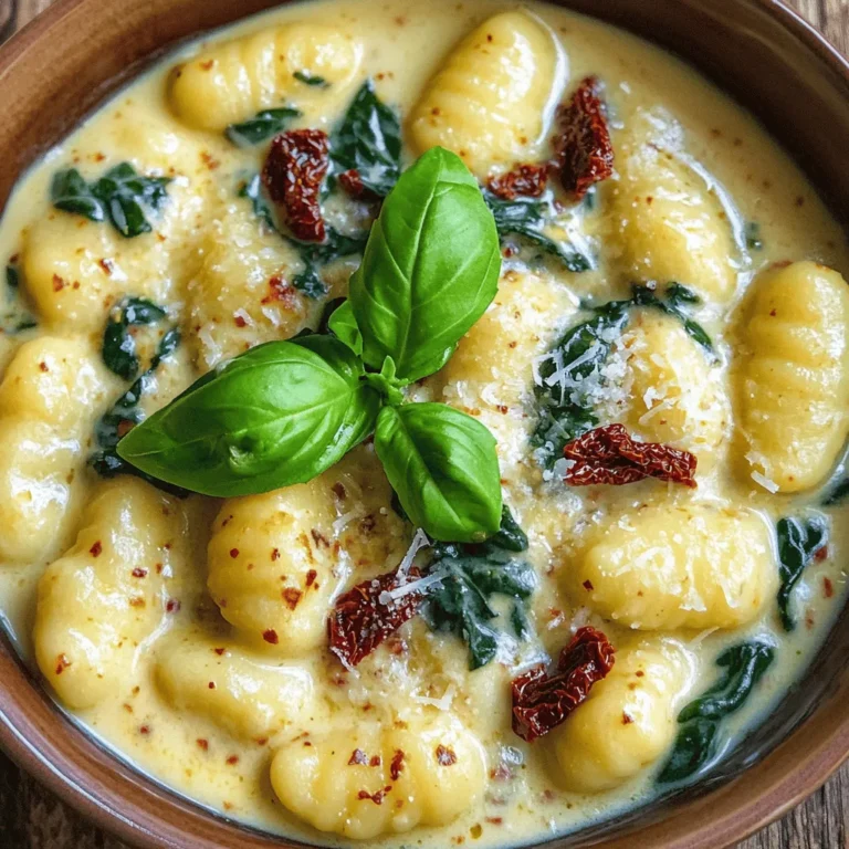 To make creamy sun-dried tomato gnocchi, gather these items: - 1 pound potato gnocchi - 1 cup sun-dried tomatoes, packed in oil, drained and chopped - 1 cup heavy cream - 1 cup vegetable broth - 2 cloves garlic, minced - 1 cup fresh spinach - 1/2 cup grated Parmesan cheese - 2 tablespoons olive oil - 1 teaspoon dried oregano - Salt and black pepper to taste - Fresh basil for garnish You can swap some items for different flavors: - Gnocchi: Use any pasta shape you prefer. - Heavy cream: Substitute with coconut milk for a lighter sauce. - Vegetable broth: Chicken broth works well if you want more flavor. - Parmesan cheese: Try nutritional yeast for a vegan option. - Spinach: Kale or arugula can be a great choice too. Choosing the best ingredients makes a big difference in taste. Here’s what to look for: - Gnocchi: Look for fresh or frozen gnocchi, not shelf-stable types. - Sun-dried tomatoes: Pick those packed in oil for richer flavor. - Heavy cream: Opt for a brand with no additives for creaminess. - Spinach: Fresh spinach should be bright green and crisp. - Parmesan cheese: Choose block cheese and grate it fresh for the best taste. Selecting the right ingredients helps your dish shine. Enjoy cooking! First, fill a large pot with salted water. Bring it to a boil. Once the water boils, add 1 pound of potato gnocchi. Cook them according to the package instructions. Gnocchi will float to the top when they are ready. This means they are done! Drain the gnocchi and set them aside. In a large skillet, heat 2 tablespoons of olive oil over medium heat. Add 2 minced garlic cloves and sauté them for about 1 minute. You want the garlic to smell nice but not burn. Next, add 1 cup of chopped sun-dried tomatoes. Cook them for 2-3 minutes. This helps the flavors mix well. Pour in 1 cup of vegetable broth and bring it to a simmer. Let it cook for 3-4 minutes. Now, reduce the heat to low. Stir in 1 cup of heavy cream. Mix it well until the sauce looks creamy. Now it’s time to bring everything together. Add the cooked gnocchi to the skillet. Toss in 1 cup of fresh spinach too. Stir everything gently for about 2-3 minutes. You want the spinach to wilt down. Finally, add 1/2 cup of grated Parmesan cheese and 1 teaspoon of dried oregano. Season with salt and black pepper to taste. Mix until the cheese melts and the gnocchi is coated in the sauce. Remove from heat and let it sit for a minute. This helps the sauce thicken a bit. Serve hot, garnished with fresh basil leaves for a pop of color. To cook gnocchi just right, start with a large pot of salted water. Bring it to a boil. Once boiling, add the gnocchi. They will sink to the bottom at first. When they float, they are ready. This usually takes about 2-3 minutes. Drain them well and set aside. Avoid overcooking, as they can become mushy. If you have leftover gnocchi, let it cool first. Place it in an airtight container. It can stay in the fridge for up to three days. To reheat, warm it in a pan with a bit of olive oil. This keeps the gnocchi soft and tasty. You can also add a splash of broth if needed. To boost flavor, try adding fresh herbs. Basil adds a nice touch. You can also use thyme or parsley. For a hint of heat, sprinkle in some red pepper flakes. A squeeze of lemon juice can brighten the dish. Experiment with different cheeses, too. Feta or goat cheese can change the taste in a fun way. {{image_2}} You can boost the dish by adding proteins. Chicken or shrimp works well. For chicken, use cooked, diced pieces. Sauté them with the garlic before adding sun-dried tomatoes. For shrimp, cook them until they turn pink. Then add them to the creamy sauce. This adds flavor and makes the meal more filling. Feel free to mix in other vegetables. Zucchini, bell peppers, or mushrooms are great choices. Dice them small to cook evenly. Add them after the garlic and before the sun-dried tomatoes. You can also use frozen peas or asparagus for a quick option. This makes the dish colorful and healthy. You can easily make this dish vegan. Replace the heavy cream with coconut milk or cashew cream. Use nutritional yeast for a cheesy flavor instead of Parmesan. Also, choose vegetable broth that is free from animal products. This way, everyone can enjoy a creamy sun-dried tomato gnocchi, no matter their diet! To keep your creamy sun-dried tomato gnocchi fresh, store it in an airtight container. Let the dish cool to room temperature first. This helps prevent steam from making it soggy. Place the container in the fridge. It will stay good for 3 to 4 days. Make sure to label the container with the date. This way, you know when to eat it. If you want to freeze the gnocchi, follow these steps. First, let the dish cool completely. Then, portion it into freezer-safe bags or containers. Remove as much air as you can to prevent freezer burn. You can freeze it for up to 3 months. When you're ready to eat it, thaw it overnight in the fridge before reheating. To reheat the gnocchi, you have a few options. You can use the stove, microwave, or oven. For the stove, place it in a skillet over low heat. Add a splash of vegetable broth or cream to keep it moist. Stir gently until heated through. In the microwave, heat in 30-second bursts, stirring in between. If using the oven, cover it with foil and bake at 350°F until warm. Enjoy every bite! To make gnocchi from scratch, you need potatoes, flour, and eggs. Start by boiling potatoes until soft. Mash them and let them cool. Add flour and a beaten egg. Knead until smooth. Roll into logs and cut into small pieces. Use a fork to shape them. Boil until they float. Now you have homemade gnocchi! Yes, you can use other types of pasta. Penne or farfalle work well too. Just remember to adjust the cooking time. Follow the package instructions for cooking. The creamy sauce will still taste great with these pasta shapes. Creamy sun-dried tomato gnocchi pairs well with a fresh salad. Try a simple arugula salad with lemon vinaigrette. Garlic bread also makes a tasty side. For a heartier meal, grilled chicken or shrimp adds protein. You can also serve it with roasted veggies for extra color and flavor. In this article, we explored the key ingredients for making creamy sun-dried tomato gnocchi and discussed substitutions. You learned step-by-step cooking instructions and tips for perfecting the dish. We also covered variations to add proteins and different veggies, plus how to store leftovers. My final thought is to enjoy the process of cooking and keep things simple. With these tips, you can create a tasty meal that fits your needs. Happy cooking!