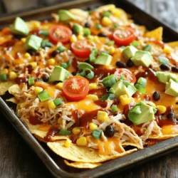- 2 cups cooked chicken, shredded - 1 cup BBQ sauce - 1 bag of tortilla chips - 2 cups shredded cheddar cheese - 1 cup black beans, drained and rinsed - 1 cup corn - 1 jalapeño, sliced (optional) - 1 cup cherry tomatoes, halved - 1 avocado, diced - ¼ cup green onions, chopped - Sour cream and cilantro for garnish (optional) - Large mixing bowl - Sheet pan - Oven Gathering these ingredients is key for great nachos. You can use any BBQ sauce you love. The shredded chicken works best when it is warm. I always like to use fresh tortilla chips. They hold up well under all the toppings. For toppings, the shredded cheddar cheese brings a creamy taste. Black beans and corn add texture and color. If you want spice, add the jalapeños. The cherry tomatoes and avocado bring freshness. Finally, green onions, sour cream, and cilantro add a nice touch. You need a large mixing bowl to combine the chicken and BBQ sauce. A sheet pan will hold all your nachos as they bake. Make sure your oven is ready to go for the best results. To start, take 2 cups of cooked chicken and shred it. Place this in a large mixing bowl. Pour 1 cup of BBQ sauce over the chicken. Use a spoon to mix them well. Ensure every piece of chicken gets coated in the sauce. This makes the chicken tasty and flavorful. Grab a large baking sheet and spread out one bag of tortilla chips. Make sure they are in a single layer. This helps all the toppings sit nicely. Now, layer the BBQ chicken evenly on top of the chips. Next, sprinkle 1 cup of black beans and 1 cup of corn over the chicken. These add great texture and taste. Finally, add 2 cups of shredded cheddar cheese on top. Cover the chips and chicken completely with cheese. Set your oven to 400°F (200°C). Place the nachos in the oven for 15 to 20 minutes. You will know they are done when the cheese is melted and bubbly. The edges of the chips may turn golden too. Once ready, take them out carefully. Enjoy the wonderful smell of BBQ chicken nachos! To make the best nachos, focus on the cheese. Use a good melting cheese like cheddar. Melt it until it bubbles and gets golden. This gives a great taste and look. Layering is key for flavor. Start with a base of tortilla chips. Spread the chips evenly on your sheet pan. This helps all toppings sit nicely. Add BBQ chicken next. Then sprinkle black beans and corn. Top with cheese for a tasty melt. For serving, keep it fun and relaxed. Use the sheet pan to serve nachos right from the oven. This makes for an easy cleanup. Add a bowl of extra BBQ sauce on the side. Sour cream also makes a great dip. Garnish the nachos with colorful toppings. Use diced avocado and halved cherry tomatoes. Chopped green onions add a nice crunch. This way, everyone can enjoy a full plate of flavor. {{image_2}} You can swap the chicken for pulled pork or beef. Both meats add a rich flavor. Pulled pork works well with sweet BBQ sauce. Beef gives a hearty taste that many love. For a vegetarian twist, try black beans or grilled veggies. These options keep the dish fun and tasty for everyone. The BBQ sauce is key to flavor. Try different types like smoky or spicy. You can even mix two sauces for a unique taste. Don't stop at just BBQ sauce! Add toppings like jalapeños for heat or fresh herbs for brightness. Cherry tomatoes and avocado also add freshness and creaminess. If you need gluten-free options, choose corn tortilla chips. They hold up well and taste great. For those avoiding dairy, there are fantastic cheese substitutes. Nutritional yeast can add a cheesy flavor without dairy. These swaps ensure everyone can enjoy your nachos without worry. To keep your nachos fresh, store them in an airtight container. This helps prevent sogginess. If you have toppings like avocado or tomatoes, add them just before serving. Leftover nachos last about 2 to 3 days in the fridge. The best way to reheat nachos is in the oven. Preheat your oven to 350°F (175°C). Spread the nachos on a baking sheet. Bake for about 10 minutes. This keeps them crispy. Avoid using the microwave, as it can make them mushy. Enjoy your nachos again with great taste! Yes, you can prep some parts early. Shred the chicken and mix it with BBQ sauce. Store this in the fridge for up to two days. You can also prepare the toppings, like dicing the avocado and chopping green onions. Keep them in separate containers. When ready to bake, layer the chips and toppings on the sheet pan. Then, bake for a quick, tasty meal! For BBQ sauce, homemade is great. You can mix ketchup, brown sugar, and apple cider vinegar. But store-bought is fine too! Look for sauces that are rich and not too sweet. Brands with a smoky flavor or a kick of spice work well. Choose what makes you happy. Want more heat? Use spicy BBQ sauce. You can add sliced jalapeños on top. If you like it hotter, try adding diced serrano peppers. You can also sprinkle crushed red pepper flakes over your nachos before baking. Adjust the spice to your taste! This blog post guides you through making delicious BBQ chicken nachos. You learned the key ingredients needed, from shredded chicken to tortilla chips. We covered step-by-step instructions for prepping, assembling, and baking them to perfection. I shared tips for serving and ways to customize your nachos with different proteins and flavors. Finally, I included storage tips to keep your leftovers fresh. Enjoy experimenting, and create your ideal nachos for any occasion!