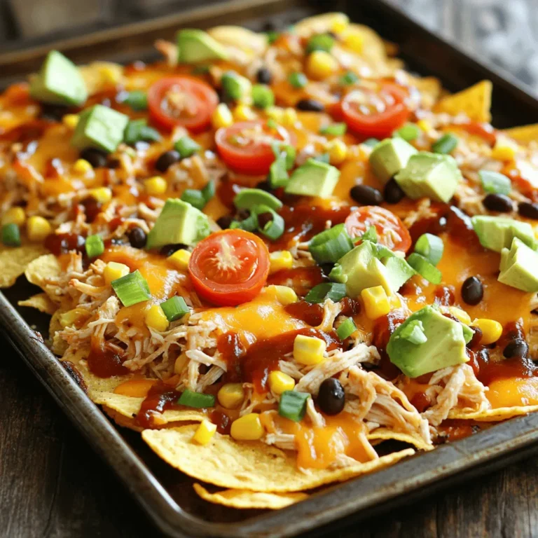 - 2 cups cooked chicken, shredded - 1 cup BBQ sauce - 1 bag of tortilla chips - 2 cups shredded cheddar cheese - 1 cup black beans, drained and rinsed - 1 cup corn - 1 jalapeño, sliced (optional) - 1 cup cherry tomatoes, halved - 1 avocado, diced - ¼ cup green onions, chopped - Sour cream and cilantro for garnish (optional) - Large mixing bowl - Sheet pan - Oven Gathering these ingredients is key for great nachos. You can use any BBQ sauce you love. The shredded chicken works best when it is warm. I always like to use fresh tortilla chips. They hold up well under all the toppings. For toppings, the shredded cheddar cheese brings a creamy taste. Black beans and corn add texture and color. If you want spice, add the jalapeños. The cherry tomatoes and avocado bring freshness. Finally, green onions, sour cream, and cilantro add a nice touch. You need a large mixing bowl to combine the chicken and BBQ sauce. A sheet pan will hold all your nachos as they bake. Make sure your oven is ready to go for the best results. To start, take 2 cups of cooked chicken and shred it. Place this in a large mixing bowl. Pour 1 cup of BBQ sauce over the chicken. Use a spoon to mix them well. Ensure every piece of chicken gets coated in the sauce. This makes the chicken tasty and flavorful. Grab a large baking sheet and spread out one bag of tortilla chips. Make sure they are in a single layer. This helps all the toppings sit nicely. Now, layer the BBQ chicken evenly on top of the chips. Next, sprinkle 1 cup of black beans and 1 cup of corn over the chicken. These add great texture and taste. Finally, add 2 cups of shredded cheddar cheese on top. Cover the chips and chicken completely with cheese. Set your oven to 400°F (200°C). Place the nachos in the oven for 15 to 20 minutes. You will know they are done when the cheese is melted and bubbly. The edges of the chips may turn golden too. Once ready, take them out carefully. Enjoy the wonderful smell of BBQ chicken nachos! To make the best nachos, focus on the cheese. Use a good melting cheese like cheddar. Melt it until it bubbles and gets golden. This gives a great taste and look. Layering is key for flavor. Start with a base of tortilla chips. Spread the chips evenly on your sheet pan. This helps all toppings sit nicely. Add BBQ chicken next. Then sprinkle black beans and corn. Top with cheese for a tasty melt. For serving, keep it fun and relaxed. Use the sheet pan to serve nachos right from the oven. This makes for an easy cleanup. Add a bowl of extra BBQ sauce on the side. Sour cream also makes a great dip. Garnish the nachos with colorful toppings. Use diced avocado and halved cherry tomatoes. Chopped green onions add a nice crunch. This way, everyone can enjoy a full plate of flavor. {{image_2}} You can swap the chicken for pulled pork or beef. Both meats add a rich flavor. Pulled pork works well with sweet BBQ sauce. Beef gives a hearty taste that many love. For a vegetarian twist, try black beans or grilled veggies. These options keep the dish fun and tasty for everyone. The BBQ sauce is key to flavor. Try different types like smoky or spicy. You can even mix two sauces for a unique taste. Don't stop at just BBQ sauce! Add toppings like jalapeños for heat or fresh herbs for brightness. Cherry tomatoes and avocado also add freshness and creaminess. If you need gluten-free options, choose corn tortilla chips. They hold up well and taste great. For those avoiding dairy, there are fantastic cheese substitutes. Nutritional yeast can add a cheesy flavor without dairy. These swaps ensure everyone can enjoy your nachos without worry. To keep your nachos fresh, store them in an airtight container. This helps prevent sogginess. If you have toppings like avocado or tomatoes, add them just before serving. Leftover nachos last about 2 to 3 days in the fridge. The best way to reheat nachos is in the oven. Preheat your oven to 350°F (175°C). Spread the nachos on a baking sheet. Bake for about 10 minutes. This keeps them crispy. Avoid using the microwave, as it can make them mushy. Enjoy your nachos again with great taste! Yes, you can prep some parts early. Shred the chicken and mix it with BBQ sauce. Store this in the fridge for up to two days. You can also prepare the toppings, like dicing the avocado and chopping green onions. Keep them in separate containers. When ready to bake, layer the chips and toppings on the sheet pan. Then, bake for a quick, tasty meal! For BBQ sauce, homemade is great. You can mix ketchup, brown sugar, and apple cider vinegar. But store-bought is fine too! Look for sauces that are rich and not too sweet. Brands with a smoky flavor or a kick of spice work well. Choose what makes you happy. Want more heat? Use spicy BBQ sauce. You can add sliced jalapeños on top. If you like it hotter, try adding diced serrano peppers. You can also sprinkle crushed red pepper flakes over your nachos before baking. Adjust the spice to your taste! This blog post guides you through making delicious BBQ chicken nachos. You learned the key ingredients needed, from shredded chicken to tortilla chips. We covered step-by-step instructions for prepping, assembling, and baking them to perfection. I shared tips for serving and ways to customize your nachos with different proteins and flavors. Finally, I included storage tips to keep your leftovers fresh. Enjoy experimenting, and create your ideal nachos for any occasion!
