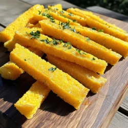 - 1 cup polenta (cornmeal) - 4 cups vegetable broth - 1 cup grated Parmesan cheese The main ingredients for Parmesan polenta fries are simple. First, polenta, which is finely ground cornmeal, gives these fries their unique texture. Next, vegetable broth adds flavor and richness. Lastly, grated Parmesan cheese enhances the taste, making these fries irresistible. - 2 tablespoons olive oil - 1 teaspoon garlic powder - 1 teaspoon dried oregano - Salt and pepper to taste Adding seasonings is crucial for flavor. Olive oil helps the fries crisp up beautifully. Garlic powder adds a savory kick, while dried oregano gives a hint of earthiness. Don’t forget salt and pepper; they balance the flavors perfectly. - Fresh parsley, chopped Garnishing with fresh parsley adds a pop of color and freshness. It brightens the dish and makes it more appealing when serving. Plus, it adds a slight herbal note that pairs well with the fries. 1. Start by boiling 4 cups of vegetable broth in a medium saucepan. Use medium heat for this step. 2. Once the broth bubbles, slowly whisk in 1 cup of polenta. This helps avoid lumps. Keep whisking until the polenta is mixed well. 1. Reduce the heat to low. Cook the polenta for about 30 minutes. Stir occasionally to keep it smooth. The mixture will thicken and pull away from the pan's sides. 2. When it's ready, stir in 1 cup of grated Parmesan cheese. Add 1 teaspoon of garlic powder and 1 teaspoon of dried oregano. Season with salt and pepper to taste. Mix well until all ingredients are combined. 1. Pour the polenta mixture into a parchment-lined baking dish. A 9x9 inch dish works best. Spread it evenly to ensure even cooking. 2. Let the polenta cool at room temperature for at least 1 hour. You can also refrigerate it for 2-3 hours if you want it to firm up faster. This step is key for cutting the fries later. To get the best texture in your polenta fries, focus on your stirring technique. As you cook the polenta, stir it constantly. This helps to prevent lumps and gives a smooth texture. Use a whisk for better results. Cooling time is also key. Once the polenta is cooked, pour it into a baking dish. Let it cool for at least one hour at room temperature. For firmer fries, refrigerate for 2-3 hours. This step makes cutting into fries much easier! Crispiness is all about baking. Preheat your oven to 425°F (220°C). This high temperature helps the fries get golden and crunchy. When you cut the fries, aim for uniform size. Cutting them about 1 inch thick ensures they cook evenly. A sharp knife works best for clean cuts. Toss the fries in olive oil to help them crisp up in the oven. The right oven temperature is crucial. Set it to 425°F (220°C) for that perfect fry. For optimal baking time, plan for about 25-30 minutes. Turn the fries halfway through to help them brown evenly. Keep an eye on them, so they do not burn. You want a golden color and a crisp outside. {{image_2}} You can easily change the taste of your Parmesan polenta fries. Adding spices like smoked paprika or cayenne can give them a fun kick. If you enjoy herbs, try mixing in thyme or basil. Both options add great flavor and make your fries unique. These small changes turn a simple dish into something special. Want to try a different cheese? You can swap Parmesan for cheddar or feta. Cheddar adds a sharp taste, while feta gives a nice tang. Both options melt well and can make your fries even more tasty. Experimenting with cheese can create a new favorite dish. Pair your polenta fries with tasty dips. Marinara is a classic choice, while aioli offers a creamy touch. Both dips enhance the fries' flavor and make each bite exciting. You can also serve them with side dishes like a fresh salad or roasted veggies. These sides balance the meal and add nutrition. Enjoy these fries with your favorite flavors and dips! To keep your polenta fries fresh, store them in an airtight container. You can place a paper towel in the container to absorb any moisture. Make sure they cool down before sealing. This helps maintain their crunch. Store them in the fridge for up to three days. For the best texture, reheat your fries in the oven. Preheat your oven to 400°F (200°C). Spread the fries out on a baking sheet. Bake for about 10-15 minutes, turning once. This method helps prevent sogginess. You can also use an air fryer for a quick reheat. Just set it to 350°F (175°C) and cook for about 5 minutes. You can freeze your polenta fries before or after baking. If you freeze them before baking, cut the polenta into fries first. Lay them on a baking sheet and freeze for about an hour. Once frozen, transfer them to a freezer bag. For after baking, let them cool completely, then freeze. Use within one month for the best taste. Yes, you can use instant polenta. It cooks faster than traditional polenta. Here are the pros and cons: Pros: - Quick cooking time: Instant polenta takes about 5 minutes. - Easy to prepare: Just add hot water or broth and stir. Cons: - Texture difference: Instant polenta may be less creamy. - Flavor may not be as rich: Traditional polenta absorbs more flavor from broth and cheese. Using instant polenta can save time, but for a creamier result, stick with traditional polenta. To make polenta fries vegan, you'll need to swap out the cheese and oil. Here are some great options: - Substitute cheese: Use nutritional yeast for a cheesy flavor without dairy. - Use plant-based oil: Swap olive oil with avocado oil or coconut oil. - Check broth: Make sure the vegetable broth is vegan-friendly. These changes keep the fries tasty while making them vegan. Yes, you can bake polenta fries in an air fryer! Here’s how to adjust the recipe: 1. Preheat your air fryer to 400°F (200°C). 2. Cut the cooled polenta into fries or wedges. 3. Toss them lightly in oil to coat. 4. Place fries in a single layer in the air fryer basket. 5. Cook for about 15-20 minutes, shaking halfway through. Air frying gives you extra crispiness while keeping the fries tender inside. This recipe for polenta fries is simple and tasty. You start with polenta, vegetable broth, and cheese, then mix in olive oil and spices to boost flavor. As you follow each step, you’ll create a nice texture. Remember the tips for perfect fries and explore variations to keep it exciting. Store and reheat them well for later. Enjoy your polenta fries with dipping sauces or as a side. You can confidently serve this dish to friends or family. Happy cooking; your kitchen adventure is just beginning!