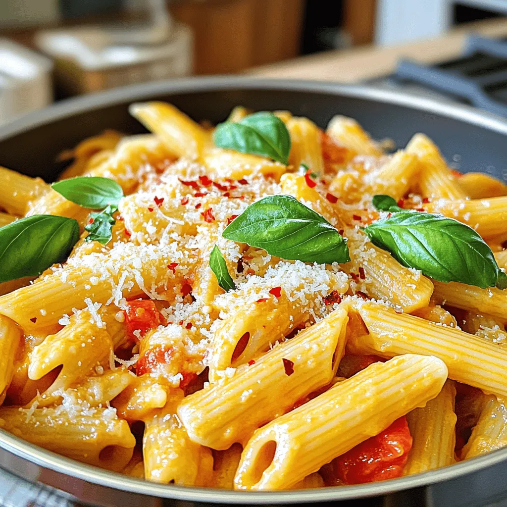 - 12 oz pasta (penne or fettuccine) - 2 large red bell peppers - 1 small onion, chopped - 3 cloves garlic, minced - 1 cup heavy cream (or coconut cream for a vegan option) - 1/2 cup grated Parmesan cheese (or nutritional yeast for a vegan option) - 2 tablespoons olive oil - 1 teaspoon smoked paprika - Salt and pepper to taste - Fresh basil, for garnish - Crushed red pepper flakes (optional, for heat) When I make Creamy Roasted Red Pepper Pasta, I love the vibrant colors and flavors. The red bell peppers give a sweet and smoky taste that brightens the dish. I often choose penne or fettuccine for the pasta because they hold the sauce well. For the creamy base, I use heavy cream, but coconut cream works great for a vegan version. The Parmesan cheese adds a nice salty kick, but if you want a plant-based option, nutritional yeast is perfect. Don&rsquo;t forget the seasoning! Olive oil, smoked paprika, salt, and pepper make the flavors pop. Fresh basil adds a burst of freshness, and if you like heat, crushed red pepper flakes are a tasty touch. This combination of ingredients creates a dish that is both simple and tasty. It&rsquo;s easy to gather everything you need, and it all comes together so beautifully. 1. Preheat your oven to 400&deg;F (200&deg;C). This step is key to getting great flavor. 2. Place the two large red bell peppers on a baking sheet. Make sure they have some space. 3. Roast the peppers in the oven for 25-30 minutes. Wait until the skin is charred and blistered. 4. Remove the peppers from the oven and put them in a bowl. Cover the bowl with plastic wrap for about 10 minutes. This helps steam the skins off. 5. Once they are cool, peel the skins off the peppers. Remove the seeds too, then chop the flesh into pieces. 1. In a large pot, boil salted water. This adds flavor to your pasta. 2. Cook the pasta according to the package instructions. I like penne or fettuccine for this dish. 3. Once done, drain the pasta and set it aside. Let it sit while you make the sauce. 1. In a skillet, heat two tablespoons of olive oil over medium heat. 2. Add one small chopped onion to the skillet. Saut&eacute; for about 5 minutes until it turns translucent. 3. Next, add three cloves of minced garlic. Cook for another minute, until it smells great. 4. Add the roasted red peppers, one teaspoon of smoked paprika, salt, and pepper to the skillet. Stir and cook for 3-4 minutes. 5. Transfer this mixture to a blender. Add one cup of heavy cream and blend until smooth and creamy. 6. Pour the sauce back into the skillet and bring it to a gentle simmer. 7. Add the cooked pasta to the sauce. Toss everything to coat the pasta evenly. 8. Stir in half a cup of grated Parmesan cheese until it melts. Adjust the seasoning if needed. 9. Serve hot, garnished with fresh basil. For a bit of heat, sprinkle some crushed red pepper flakes on top. To get that creamy texture, blending is key. After roasting the red peppers, let them cool. Then, toss them in a blender with cream. Blend until smooth. This will create a nice, silky sauce. You can adjust the creaminess level by changing the amount of cream. For a thicker sauce, add more cream. If you want it lighter, use less. You can even swap heavy cream for coconut cream if you prefer a vegan option. Spices and herbs can really boost flavor. Try adding a pinch of garlic powder or onion powder for extra depth. Fresh herbs like basil or parsley can add freshness. For cheese alternatives, use nutritional yeast instead of Parmesan. It gives a cheesy flavor without dairy. This is perfect for a vegan version or for those who want lighter options. Preparing ingredients ahead of time saves you stress. Roast the peppers and chop the onion the day before. Store them in the fridge to make cooking easier. Using a food processor speeds up blending. It works great for making the sauce quickly. Just toss in the roasted peppers, cream, and spices, and blend until smooth. This method saves time and cleanup. {{image_2}} You can make a vegan version of this dish. Instead of heavy cream, use coconut cream. It adds a nice richness. For cheese, swap Parmesan for nutritional yeast. This gives a cheesy flavor without dairy. To enhance the vegan dish, consider adding fresh herbs. Basil or parsley works great. You can also mix in a splash of lemon juice for brightness. This adds a fresh taste to the creamy sauce. If you want extra protein, grilled chicken or shrimp works well. Simply cook them separately and toss them into the pasta before serving. You can also add plant-based proteins. Try chickpeas or lentils. They blend nicely with the flavors of the roasted red pepper sauce. This way, you keep it filling and healthy. Vegetables boost nutrition and add color. Spinach or kale makes a great addition. Just toss them into the sauce while it simmers. They cook quickly and add a nice texture. Adjust cooking times if you add more veggies. For harder veggies like carrots, cook them a bit longer before adding pasta. This ensures everything is tender and delicious. To keep creamy roasted red pepper pasta fresh, store it in the fridge. Place the pasta in an airtight container. This helps prevent it from drying out. Make sure to cool it before sealing. You can keep it for 3 to 4 days in the fridge. When reheating, you want to keep the pasta creamy. The best way is to use a skillet over medium heat. Add a little olive oil or water to help. Stir it gently as it warms up. If the sauce seems thick, add a splash of cream. This keeps the texture nice and smooth. Yes, you can freeze creamy roasted red pepper pasta! To freeze it, place the cooled pasta in a freezer-safe container. Make sure to leave some space at the top for expansion. It can last for about 2 to 3 months in the freezer. To thaw, move it to the fridge overnight. Reheat gently to enjoy it again. Yes, you can use many types of pasta for this dish. Penne and fettuccine are great choices, but you can also try: - Spaghetti - Bowtie - Rotini - Whole wheat pasta Each type gives a different look and feel, but all will taste great with the sauce. If you want a lighter option, you can replace heavy cream with: - Coconut cream for a vegan choice - Greek yogurt for tanginess - Cashew cream for a nutty flavor - Milk mixed with flour for a lower-fat version Each option will change the taste a bit, but they will still make the dish creamy. To add heat, you can: - Use crushed red pepper flakes in the sauce - Add diced jalape&ntilde;os or serrano peppers - Mix in hot sauce to taste Start small, then add more heat until it&rsquo;s just right for you. Yes! To make this dish more appealing to kids, you can: - Reduce the garlic for a milder taste - Use less pepper or blend it very smooth - Offer Parmesan cheese on the side for sprinkling These small changes can help kids enjoy this tasty meal. This recipe for creamy roasted red pepper pasta combines tasty ingredients and easy steps. You learned about roasting, cooking, and blending to create a delicious sauce. Substitutions like coconut cream and nutritional yeast make it vegan-friendly. Remember, you can add protein or more veggies to suit your taste. Store leftovers well, and don&rsquo;t forget to reheat properly. This dish is simple, satisfying, and can be enjoyed by all. Now, go make this easy meal and enjoy a burst of flavor!