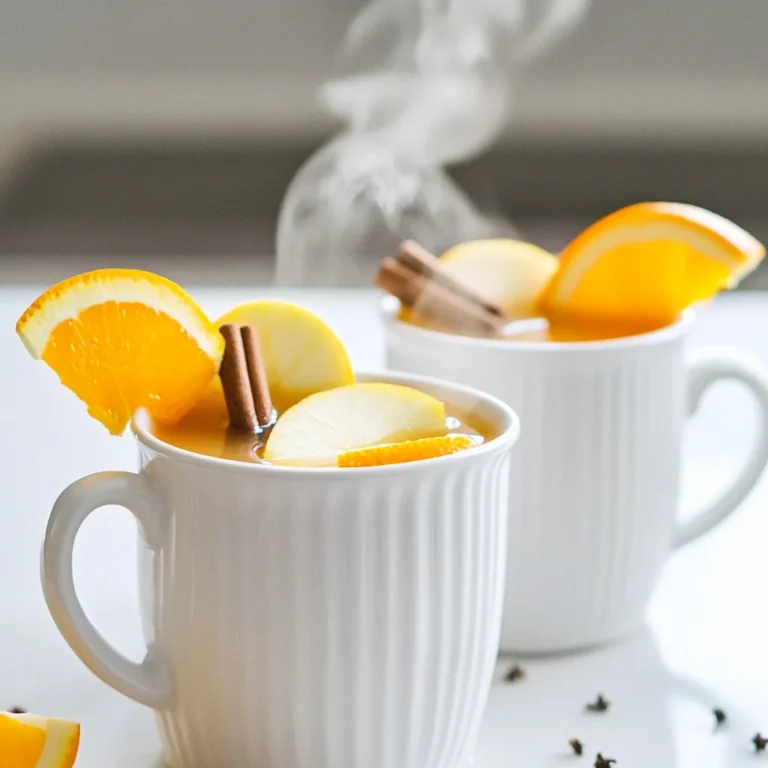 To make mulled apple cider with orange, gather these items: - 4 cups apple cider - 1 orange, zested and juiced - 4 whole cloves - 2 cinnamon sticks - 1 star anise - 1 tablespoon brown sugar (optional) - 1 teaspoon vanilla extract - 2 cups water - Fresh apple slices and orange wedges for garnish These ingredients create a warm, cozy drink perfect for cold days. You can add unique flavors to make this drink your own. Consider these options: - Fresh ginger slices for spice - A dash of nutmeg for warmth - Maple syrup instead of brown sugar for sweetness - Cranberry juice for a tart twist Feel free to mix and match based on what you like. If you need to adjust your recipe, here are some quick conversions: - Cups to Ounces: 1 cup = 8 ounces - Tablespoons to Teaspoons: 1 tablespoon = 3 teaspoons For substitutions, if you don't have specific spices, try these: - Use ground cinnamon instead of sticks (1 stick = 1/2 teaspoon ground) - Swap star anise for a pinch of anise seeds This way, you can still enjoy your mulled cider! To start, gather your ingredients. You will need apple cider and water. I use four cups of apple cider and two cups of water. 1. Take a medium saucepan and pour in the apple cider and water. 2. Place the saucepan on the stove over medium heat. 3. Stir the mixture gently to combine the liquids. This base is the heart of your drink. The water helps to balance the sweetness of the cider. Now it’s time to add the fun stuff! These spices bring warmth and flavor to your cider. 1. Zest and juice one orange. Add both to the saucepan. 2. Toss in four whole cloves, two cinnamon sticks, and one star anise. 3. If you like sweetness, add one tablespoon of brown sugar. 4. Don’t forget one teaspoon of vanilla extract for extra flavor. Stir the mix gently to help the sugar dissolve. These spices will create a cozy aroma in your kitchen. After your cider has simmered, it’s time to serve. 1. Let the cider simmer for about 20 minutes on low heat. This allows the flavors to blend well. 2. Taste your cider. If you want, add more brown sugar to adjust the sweetness. 3. Remove the saucepan from the heat and strain the cider to remove the spices. Now, pour the warm cider into mugs. For a pretty touch, garnish with fresh apple slices and orange wedges. This drink looks as good as it tastes! To make your mulled apple cider shine, focus on the spices. Fresh spices make a big difference. Use whole cloves and fresh cinnamon sticks for a richer taste. You can also add a pinch of nutmeg for depth. If you want more citrus, add lemon zest along with the orange. This gives a bright contrast to the sweetness. For sweetness, adjust the brown sugar to your taste. One common mistake is boiling the cider. Boiling can ruin the flavors and make it bitter. Always bring it to a simmer instead. Another mistake is not straining the spices before serving. Leaving them in can make the drink too strong. Make sure to taste the cider as it cooks. This helps you catch any flavors that need adjustment. Serve your mulled cider warm in cute mugs. Garnish with fresh apple slices and orange wedges for a fun touch. This not only looks great but adds extra flavor. You can even add a cinnamon stick to each mug for style. If you want to keep it warm, use a slow cooker on low heat. This way, your guests can enjoy refills throughout the night. {{image_2}} You can make mulled apple cider with or without alcohol. For a fun twist, add your favorite spirit. Bourbon or rum works well in the warm cider. Just stir in about a cup when the cider is done simmering. If you want a family-friendly drink, skip the alcohol. The spices and orange give it great flavor on their own. Feel free to customize your mulled cider with other fruits. Cranberries add a tart kick. Pears bring a sweet touch. You can also add spices like ginger or nutmeg for more warmth. Seasonal flavors make this drink even more special. Experiment with what you like best! If you want to change the sweetness, try different options. Maple syrup adds a unique taste. Honey gives a floral flavor, while agave syrup is a lighter choice. Adjust the sweetness to fit your taste. Always start with a little and add more as needed. This way, you make the cider just right for you! To store leftover cider, let it cool first. Use a clean glass jar or a bottle. Pour the cider into the jar, leaving some space at the top. Seal it tightly with a lid. Place the jar in the fridge. This keeps the cider fresh for later use. When you want to enjoy your cider again, take it out of the fridge. Pour the cider into a saucepan. Heat it slowly on low to medium heat. Stir it gently until it warms up. Avoid boiling; you want it hot, not bubbling. This keeps the flavors just right. The cider lasts about a week in the fridge. If you want to keep it longer, you can freeze it. Pour the cider into freezer-safe containers. Leave some space at the top, as liquids expand when frozen. It can last up to three months in the freezer. When ready to drink, thaw it in the fridge overnight. Then, reheat it gently as before. Enjoy the cozy flavors anytime! Yes, you can make mulled cider in a slow cooker. Just combine all your ingredients in the slow cooker. Set it to low heat for about two to three hours. This method gives the flavors time to mix well. It also fills your home with a cozy scent. You can keep mulled apple cider for about three to five days. Store it in an airtight container in the fridge. If you want to keep it longer, freeze it in a safe container. Just make sure to leave some space as it will expand when frozen. Mulled apple cider with orange is not just tasty; it has health benefits too. Apples are rich in fiber and vitamin C. They help boost your immune system. Oranges also add vitamin C and antioxidants. Spices like cinnamon can help regulate blood sugar levels. This drink can warm you up and soothe your throat during cold days. This blog post covers ingredients, preparation, and storage of mulled cider. You can personalize your drink and avoid common mistakes. Try different variations for a unique flavor. Remember, store leftovers wisely and follow the reheating tips. I hope this guide makes your cider-making journey easier. Enjoy creating and sharing this warm drink with friends and family. Making mulled cider can bring joy to any gathering. So, go ahead and experiment with flavors. Happy brewing!