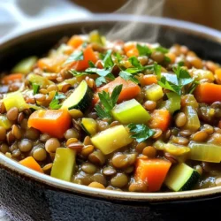 - 1 cup lentils (green or brown) - 3 medium carrots - 2 ribs celery - 1 large onion - 2 cloves garlic - 1 medium zucchini - 1 bell pepper - 1 cup diced tomatoes - 4 cups vegetable broth - 1 teaspoon dried thyme - 1 teaspoon ground cumin - 1 teaspoon smoked paprika - Salt and pepper to taste - 2 tablespoons olive oil I love using lentils for this stew. They give a great texture and flavor. You can choose green or brown lentils. They both work well. Carrots add sweetness and color. Celery brings a nice crunch and fresh taste. I chop the onion and mince the garlic for a strong base flavor. Zucchini and bell pepper add even more taste and texture. Diced tomatoes make the stew juicy. Vegetable broth is key for depth. The spices, like thyme and cumin, create warmth. Smoked paprika adds a smoky twist. Don't forget the salt and pepper to make every bite pop. - Balsamic vinegar - Fresh parsley for garnish For a little zing, I love adding balsamic vinegar. It gives the stew a nice tang. Fresh parsley on top makes the dish look pretty and adds freshness. Each ingredient plays a role. They work together to create a tasty and hearty stew. Enjoy these fresh flavors in every spoonful! * How do I sauté onion and garlic? Start by heating 2 tablespoons of olive oil in a skillet. Add the chopped onion and minced garlic. Cook them over medium heat for about 5 minutes. The onion should become soft and clear. This step builds a lovely base for your stew. * What do I do after sautéing? Once the onion and garlic are ready, transfer the mix to your slow cooker. This sets the stage for the rest of your dish. * How do I add vegetables and lentils? In the slow cooker, add the diced carrots, celery, zucchini, bell pepper, and 1 cup of rinsed lentils. Layer them well to ensure even cooking. * What about the broth and seasoning? Pour in 1 cup of diced tomatoes and 4 cups of vegetable broth. Then, sprinkle in 1 teaspoon each of dried thyme, ground cumin, and smoked paprika. Add salt and pepper to taste. Stir everything together to mix the flavors. * How do I choose between low and high settings? You can cook your stew on low for 6-8 hours or on high for 4-5 hours. The low setting gives a deeper flavor, while the high setting is quicker for busy days. * How do I know when it’s done? Check the lentils and vegetables for tenderness. They should be soft but not mushy. If needed, taste and adjust the seasoning. For extra flavor, add 1 tablespoon of balsamic vinegar before serving. Enjoy your hearty stew! To enhance flavors in your stew, I often start with sautéing the onion and garlic. This step builds a solid base. You can also add fresh herbs like thyme or basil near the end for a burst of flavor. Adjust seasoning to taste as you go. I recommend tasting after it cooks for a few hours. If it needs more salt or pepper, add it slowly and stir. You can also mix in balsamic vinegar for a tangy twist. For slow cooking, I suggest using low settings for a longer time. This method helps the flavors blend well. Cooking on low for 6-8 hours works best for lentils and veggies. If you’re short on time, you can use the high setting for 4-5 hours. Keep an eye on it! The key is to ensure your lentils and vegetables are tender before serving. When it comes to sides, crusty bread pairs nicely with this stew. A simple green salad also works well. For serving, ladle the stew into bowls and sprinkle with fresh parsley. This adds color and flavor. If you have guests, consider adding a drizzle of olive oil on top for an extra touch. {{image_2}} You can change up the vegetables to suit your taste. Try adding: - Sweet potatoes for a touch of sweetness - Spinach for a boost of nutrients - Green beans for added crunch If you don’t have lentils, you can use other legumes. Black beans or chickpeas work great. They add protein and a different texture. To spice things up, add heat with spices. Consider: - A pinch of cayenne for heat - Crushed red pepper flakes for a kick Using different herbs can also change the stew's taste. Try: - Fresh basil for a sweet twist - Oregano for a robust flavor This stew is easy to adapt for different diets. For a gluten-free option, ensure your broth is gluten-free. All the ingredients are naturally gluten-free. If you want it vegan or vegetarian, this recipe is perfect as is. Just avoid adding any meat or animal products. You can enjoy a hearty and healthy meal easily! To keep your Rustic Lentil Vegetable Stew fresh, store it in the fridge. Use an airtight container to prevent any odors from other foods. Let the stew cool down before sealing it. You can store it for up to five days. For longer storage, freeze the stew. Use freezer-safe containers or bags. Leave some space at the top to allow for expansion. You can enjoy it for up to three months when frozen. When reheating your stew, use the stovetop or microwave. If using the stovetop, heat it in a pot over medium heat. Stir it often for even warming. If using a microwave, heat it in short bursts, stirring in between. To keep the flavor rich, add a splash of vegetable broth or water if it feels thick. This will help revive the taste and texture. In the fridge, your stew lasts about five days. If you see any signs of spoilage, throw it away. Spoilage signs include a sour smell or a change in color. In the freezer, it can last for three months. Always label your containers with the date for easy tracking. Yes, you can use dried lentils. They need more time to cook. Rinse them well first. Add them to the slow cooker with the vegetables. Dried lentils will take about 6-8 hours on low heat to become tender. Canned lentils are already cooked, so they only need about 4-5 hours. You can tell the stew is done when the lentils and veggies are tender. Check the lentils. They should be soft but not mushy. You can also taste a piece of carrot or zucchini. If they are fork-tender, your stew is ready! Yes, this stew is great for meal prep. You can make it a day or two in advance. Store it in airtight containers in the fridge. It keeps well for about 4-5 days. You can also freeze it. Just portion it out before freezing for easy meals later. Reheat in the microwave or on the stove. You now have all you need to make a great rustic lentil vegetable stew. From the key ingredients to the cooking process and tips for storage, your adventure in creating this dish is straightforward. Remember, you can customize it with different veggies or flavors to match your taste. I find cooking fun and rewarding, especially with a recipe like this. Enjoy your stew, and don’t forget to share your creations with others!
