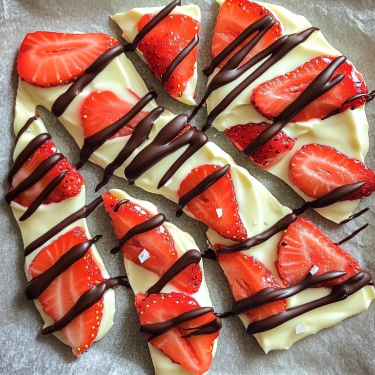 To create your chocolate-covered strawberry yogurt bark, you’ll need: - 2 cups Greek yogurt (plain or vanilla) - 1 cup fresh strawberries, hulled and sliced - ½ cup dark chocolate chips or melted dark chocolate - A pinch of sea salt These simple ingredients come together for a tasty treat that impresses. You can add a few optional ingredients to boost the taste: - 2 tablespoons honey or maple syrup (for sweetness) - ¼ teaspoon vanilla extract These add a nice touch and can make your bark even more delightful. Want to mix it up? Try these toppings for extra flavor: - Crushed nuts (like almonds or walnuts) - Shredded coconut - Mini chocolate chips These toppings add a fun crunch and let you personalize your yogurt bark. Start by gathering your ingredients. You need Greek yogurt, honey or maple syrup, and vanilla extract. In a bowl, mix the Greek yogurt with honey or maple syrup, if you want it sweeter. Add the vanilla extract for a nice flavor. Stir well until the mix is smooth and creamy. This base is key for your yogurt bark. Next, line a baking sheet with parchment paper. This helps the bark not stick. Pour the yogurt mix onto the sheet. Spread it evenly to form a rectangle about ½ inch thick. Now, grab your fresh strawberries. Slice them and arrange them on top of the yogurt. Gently press them in so they stay put. The strawberries add a fresh taste and color to the bark. For the chocolate, use dark chocolate chips or melt some in a bowl. Place the bowl in the microwave. Heat it in 20-30 second bursts. Stir in between until the chocolate is smooth. Once melted, take a spoon and drizzle the chocolate over the yogurt and strawberries. Use a crisscross pattern for a fun look. This is where the magic happens! After drizzling the chocolate, sprinkle a pinch of sea salt on top. This adds a nice contrast to the sweet flavors. Now, put your baking sheet in the freezer. Let it freeze for at least 3-4 hours. Once set, take it out and let it sit for 5 minutes. Break the bark into pieces or cut it into squares. Serve it right away or store it in the freezer for later. Enjoy this tasty and healthy treat! To get the creamiest yogurt bark, start with full-fat Greek yogurt. This type adds richness and smoothness. If you want extra creaminess, mix in a little honey or maple syrup. Adding a touch of vanilla extract also enhances the flavor. Mix these well until your yogurt is creamy and smooth. Melt your dark chocolate carefully. Use a microwave and heat in short bursts. Stir between each burst to avoid burning. Once melted, drizzle the chocolate over the yogurt and strawberries. For even coverage, use a spoon and create a crisscross pattern. This not only looks great but ensures every bite has chocolate. Store your yogurt bark in an airtight container. This keeps it fresh and prevents freezer burn. If you want to serve it later, cut it into pieces before freezing. Let it sit at room temperature for about five minutes before serving. This makes it easier to eat and enhances the flavor. {{image_2}} You can switch up the fruit in your yogurt bark. Try ripe bananas or tart raspberries. Blueberries add a nice pop of color and taste. Each fruit brings its own flavor and texture. Mix and match as you like for fun combinations. The type of chocolate can change the whole dish. Use milk chocolate for a sweeter taste. White chocolate gives a rich, creamy flavor. You can also try dark chocolate for a bold bite. Each choice brings a unique twist to the bark. Want to make a lighter version? Use low-fat yogurt instead of Greek yogurt. You can also skip the honey or maple syrup. If you want more sweetness, add fruit like bananas. Choose a dark chocolate with less sugar for a healthier option. After making your chocolate covered strawberry yogurt bark, let it cool. Once it's set, break it into pieces. Place the pieces in an airtight container. This keeps them fresh and prevents freezer burn. You can also separate layers with parchment paper. This method helps avoid sticking. To freeze your yogurt bark, first, let it sit at room temperature for five minutes. This softens it just a bit, making it easier to handle. Then, place it in the freezer for three to four hours. For best results, keep it flat in the freezer. Avoid stacking pieces until they are fully frozen. Chocolate covered strawberry yogurt bark lasts about two months in the freezer. For the best taste, eat it within one month. After that, it may lose some flavor and texture. Always check for any signs of freezer burn before eating. If it looks frosty or has ice crystals, it may not taste as good. The best yogurt for yogurt bark is Greek yogurt. It is thick and creamy, which gives a nice texture. You can use plain or vanilla Greek yogurt based on your taste. Plain yogurt is less sweet, while vanilla adds a hint of flavor. Both work well for this recipe. Yes, you can use frozen strawberries if fresh ones are not available. Just make sure to thaw them first. Drain any extra water to keep your yogurt bark from getting too watery. Frozen strawberries can add a nice texture, but fresh ones taste better. Chocolate covered strawberry yogurt bark can last up to two months in the freezer. Make sure to store it in an airtight container. This keeps it fresh and prevents freezer burn. You can enjoy it anytime you want a sweet treat! Absolutely! You can skip the honey or maple syrup. The natural sweetness of the strawberries often makes it sweet enough. If you like it a bit sweeter, you can add a small amount of vanilla extract. This keeps it simple and healthy. You can get creative with toppings! Here are some ideas: - Nuts like almonds or walnuts for crunch - Dried fruit like cranberries or blueberries for extra flavor - Granola for added texture - Shredded coconut for a tropical twist - Mini chocolate chips for extra sweetness Mix and match any of these for a fun twist on your yogurt bark! In this post, I shared how to make chocolate covered strawberry yogurt bark. We covered ingredients, step-by-step instructions, and helpful tips to ensure success. I also explored fun variations and proper storage methods. This treat is easy to make and fun to customize. You can experiment with flavors and toppings. Enjoy this tasty treat while feeling good about what you eat. Now, gather your ingredients and start creating your own yogurt bark masterpiece!