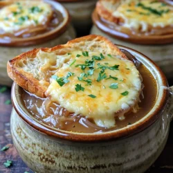 - 4 large yellow onions, thinly sliced - 4 cloves garlic, minced - 4 cups beef broth or vegetable broth - 2 tablespoons olive oil - 2 tablespoons unsalted butter - 1 teaspoon sugar for caramelization - 1 teaspoon dried thyme - 1 bay leaf - Salt and pepper to taste - 1 baguette, sliced - 2 cups shredded Gruyère cheese or a mix of Gruyère and mozzarella - Fresh parsley for presentation When I make Slow Cooker French Onion Soup, I focus on great ingredients. The yellow onions bring sweetness. They cook down to a rich flavor. Garlic adds a nice touch and depth. For broth, beef broth gives a hearty taste. You can also use vegetable broth for a lighter version. Olive oil and unsalted butter help to caramelize the onions, making them soft and sweet. For variation, I often add sugar. It helps with caramelization. Dried thyme and a bay leaf add earthy notes. Salt and pepper adjust the flavor, making it just right. Toppings are key! I love using sliced baguette. It adds a nice crunch. Gruyère cheese melts beautifully on top. A mix with mozzarella gives extra creaminess. To finish, I sprinkle fresh parsley for a pop of color. This simple detail makes the dish look inviting and fresh. Start by caramelizing the onions in a skillet. Heat 2 tablespoons of olive oil and 2 tablespoons of unsalted butter over medium heat. Once the butter melts, add 4 large yellow onions, thinly sliced. Stir them often for about 15 minutes. You want them to turn golden and soft. Next, incorporate garlic and seasonings. Add 4 cloves of minced garlic, 1 teaspoon of sugar, 1 teaspoon of dried thyme, salt, and pepper. Cook this mixture for another 5 minutes. This step adds depth to the flavor. Now, transfer the mixture to the slow cooker. Pour in 4 cups of beef broth and 2 cups of water. Don’t forget to add 1 bay leaf. Stir everything to combine. Cover the slow cooker and let it work its magic. Cook on low for 6 to 8 hours. The onions will become very soft, and the flavors will meld beautifully. Once the soup is ready, remove the bay leaf. Taste it and adjust the seasoning if needed. Now, preheat your oven's broiler. To serve, ladle the soup into oven-safe bowls. Top each bowl with sliced baguette and 2 cups of shredded Gruyère cheese. Place them under the broiler for 2 to 3 minutes. Watch closely until the cheese melts and bubbles. For a lovely presentation, sprinkle freshly chopped parsley on top. You can also serve extra toasted baguette slices on the side for that delightful crunch. Enjoy your savory slow cooker French onion soup! To make great caramelized onions, you need to control the heat. I recommend medium heat. This setting helps the onions cook slowly. It prevents burning while allowing them to turn soft and sweet. The timing is also critical. Aim for about 15 to 20 minutes of cooking. This gives the onions time to develop their rich flavor. When using a slow cooker, set it to low heat. This allows the flavors to blend well over time. Cook the soup for 6 to 8 hours. The longer cooking time softens the onions nicely. Always cover the cooker. This keeps moisture in and helps the onions cook evenly. Before serving, always taste your soup. This step helps you check the flavor. If it needs more salt or pepper, add it now. You can also adjust the sweetness by adding a bit more sugar if needed. Customizing your soup makes it truly your own! {{image_2}} You can easily make this soup vegetarian or vegan. Just swap the beef broth for vegetable broth. This change keeps the soup rich in flavor without meat. For cheese, use a vegan cheese alternative. There are many options that melt well, giving you that creamy texture you want. Feel free to get creative with the herbs and spices. You can add rosemary or oregano for a unique twist. Both herbs bring a fresh taste that brightens the soup. If you want more depth, add another bay leaf while cooking. Each herb adds its own charm to the dish. The toppings can change how your soup tastes. Instead of Gruyère, try fontina or provolone cheese. They melt beautifully and offer different flavors. You can also add croutons for crunch. Fresh chives or parsley can brighten the dish and add color. These small changes can make your soup feel new and exciting! To store your leftover soup, let it cool first. Then, pour it into airtight containers. Make sure to leave some space at the top for expansion. Label the containers with the date. Place them in the fridge for up to five days. This helps keep the soup fresh and tasty. If you want to freeze the soup, do it in small batches. Use freezer-safe containers or bags. Leave some space at the top for expansion. The soup can stay frozen for up to three months. When ready to eat, thaw it in the fridge overnight. To reheat, gently warm the soup on the stove over low heat. Stir often to prevent sticking. You can also use the microwave. Heat in short bursts, stirring in between. Once hot, serve with fresh baguette and cheese. Enjoy your warmed soup as if it were fresh! Yes, you can use different types of onions. I often use yellow onions because they caramelize well. Their sweetness adds depth to the soup. Sweet onions, like Vidalia, are another great choice. They are milder and can enhance the flavor. If you want a stronger taste, red onions work too. Just remember, each onion type changes the soup's taste a bit. You can store French onion soup for about three to four days in the fridge. Make sure to let it cool before you put it in a container. Keep it in an airtight container to prevent any odors. If you want to store it longer, freezing is a good option. It stays good for about three months. Just make sure to leave out the cheese until you reheat it. Absolutely! Making this soup ahead of time is a great idea. You can prepare it a day or two before you plan to serve it. Just cook the soup and store it in the fridge. When you're ready, reheat it on the stove. If you want, you can broil the cheese on top right before serving. This way, you get that perfect melted cheese layer. This blog post shared key ingredients and steps for making French onion soup. You learned how to caramelize onions, use a slow cooker, and customize flavors. I discussed ways to create variations, like vegetarian options and tasty toppings. Remember, proper storage helps maintain freshness, and reheating enhances flavor. Enjoy exploring this comforting dish and make it your own. With these tips, you can impress friends and family with your cooking skills. Dive in and savor each bowl of deliciousness!