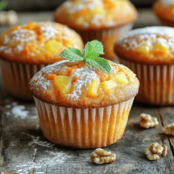 - 1 ½ cups all-purpose flour - 1 teaspoon baking powder - ½ teaspoon baking soda - 1 teaspoon ground cinnamon - ½ teaspoon ground ginger - ¼ teaspoon nutmeg - ½ teaspoon salt - ¾ cup granulated sugar - ¼ cup brown sugar, packed - 2 large eggs - ½ cup vegetable oil - 1 teaspoon vanilla extract - 2 cups grated carrots (about 3-4 medium carrots) - ½ cup crushed pineapple, drained - ½ cup chopped walnuts or pecans (optional) - ½ cup raisins (optional) Gathering these ingredients is a key step. You want to start with fresh carrots. Grating them gives the muffins a sweet flavor and nice texture. The crushed pineapple adds moisture and a hint of tropical taste. For the dry mix, I always use all-purpose flour. It helps create a soft muffin base. Baking powder and baking soda work together to make the muffins rise perfectly. The spices, like cinnamon and ginger, add warmth and depth. Don't skip the nutmeg; it makes a big difference! You’ll need both granulated and brown sugar. Granulated sugar sweetens, while brown sugar gives a rich flavor. The wet ingredients include eggs, vegetable oil, and vanilla extract. These keep the muffins moist and fluffy. If you want to add crunch, toss in some nuts. Walnuts or pecans work great. For a bit of sweetness, raisins are a tasty choice. They blend well with the other flavors. Make sure to have everything ready before you start. This helps the process go smoothly. Enjoy the fun of baking with these great ingredients! First, preheat your oven to 350°F (175°C). This step is key for even baking. While your oven warms up, prepare your muffin tin. You can line it with paper liners or grease it lightly. This helps the muffins pop out easily after baking. In a medium bowl, whisk together the flour, baking powder, baking soda, cinnamon, ginger, nutmeg, and salt. Make sure they mix well. This blend gives our muffins a warm, spicy flavor. In a large bowl, mix the granulated sugar, brown sugar, eggs, vegetable oil, and vanilla extract. Beat everything until smooth and creamy. Next, stir in the grated carrots and crushed pineapple. Mix until these ingredients blend in well. The carrots and pineapple add moisture and sweetness. Now, gently add the dry mixture to the wet mixture. Fold them together carefully. Be careful not to overmix; some lumps are okay. If you want, fold in the chopped nuts and raisins. This step adds a nice crunch and extra flavor. Then, divide the batter evenly among the muffin cups. Fill each cup about ¾ full to allow for rising. Place the muffin tin in the preheated oven. Bake for 18-20 minutes. To check for doneness, insert a toothpick into the center of a muffin. If it comes out clean, your muffins are ready. Let them cool in the pan for 5 minutes, then transfer them to a wire rack. Enjoy the wonderful smell that fills your kitchen! To get the best muffin texture, avoid overmixing the batter. When combining wet and dry ingredients, mix just until they come together. A few lumps are fine. Properly measuring ingredients is key. Use a spoon to fill your measuring cup with flour, then level it off with a knife. This method prevents packing, which can lead to dry muffins. After baking, dust your muffins with powdered sugar. This adds a sweet touch and makes them look fancy. For a beautiful garnish, add a small sprig of mint on top. It adds a pop of color and a hint of freshness. To avoid dry muffins, make sure not to overbake. Keep an eye on them and do the toothpick test at 18 minutes. Ensure proper rising by checking your baking powder and baking soda for freshness. Expired leavening agents can cause flat muffins. {{image_2}} You can make your carrot cake muffins even better. Try adding shredded coconut for a tropical twist. You can also add citrus zest, like orange or lemon, for a bright flavor. Experimenting with nuts is fun too. Try using chopped pecans or almonds for a different crunch. Each option adds a unique touch to your muffins. If you need a gluten-free option, use gluten-free flour instead of all-purpose flour. This swap works well and keeps the muffins tasty. For a vegan version, substitute eggs with flax eggs or applesauce. You can also switch the vegetable oil for coconut oil. These choices help everyone enjoy the muffins. You can make your muffins special by adding seasonal spices. In fall, try cinnamon and nutmeg. In spring, think about adding fresh fruits like strawberries or blueberries. Each season brings new flavors that can enhance your carrot cake muffins. Enjoy the variety and let your creativity shine! To keep your carrot cake muffins fresh, store them at room temperature. Place them in an airtight container. This helps keep the moisture in. They will stay good for about 2 days. If you want them to last longer, use refrigeration. Just make sure to wrap them well in plastic wrap or foil. They can last up to a week in the fridge. If you want to freeze your muffins, follow these steps. First, cool them completely. Then, wrap each muffin in plastic wrap. Place the wrapped muffins in a freezer bag. This keeps them fresh for up to 3 months. When you want to enjoy them again, you can thaw them easily. Just take a muffin out and leave it on the counter for a few hours. For a quicker way, use the microwave. Heat it for about 30 seconds. Enjoy your muffins whenever you like! Yes, you can use whole wheat flour. It gives muffins a denser texture and richer flavor. Start with a 1:1 ratio, but consider adding a bit more liquid. Carrot cake muffins last about 3 to 5 days at room temperature. Store them in an airtight container. If you want them to last longer, refrigerate them for up to a week. Absolutely! You can prepare the batter the night before and bake in the morning. Or, bake the muffins ahead and store them in an airtight container. To reheat muffins, place them in the microwave for 10-15 seconds. You can also warm them in an oven at 350°F for about 5 minutes. This keeps them moist and tasty! Yes! You can use honey or maple syrup instead of granulated sugar. Use about 3/4 cup of honey or syrup for each cup of sugar. Reduce the liquid in the recipe slightly to balance it out. In this post, we explored the essential ingredients and steps to bake delicious carrot cake muffins. We discussed mixing, baking, and tips for perfect texture. I shared ways to enhance flavors and variations to suit your taste. Your muffins can stay fresh or be frozen for later enjoyment. Remember, with practice, you'll master this recipe. Make these muffins your own, and enjoy every bite!