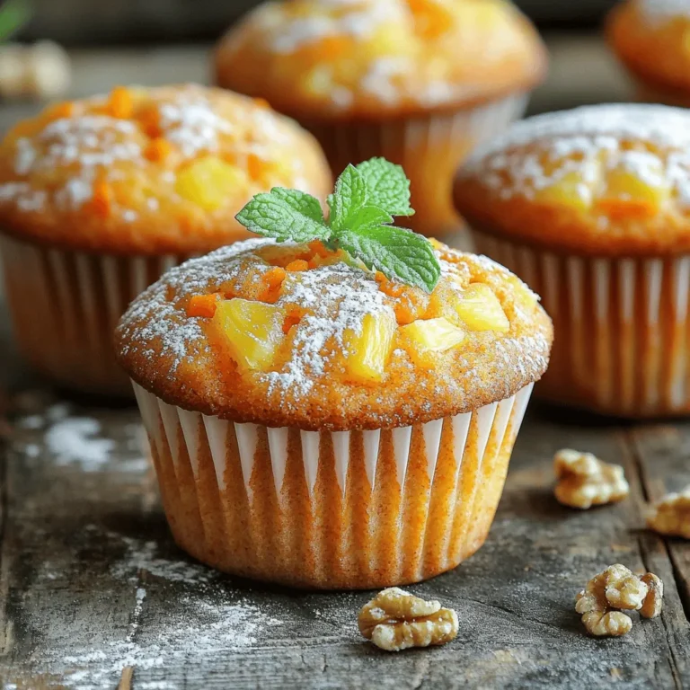 - 1 ½ cups all-purpose flour - 1 teaspoon baking powder - ½ teaspoon baking soda - 1 teaspoon ground cinnamon - ½ teaspoon ground ginger - ¼ teaspoon nutmeg - ½ teaspoon salt - ¾ cup granulated sugar - ¼ cup brown sugar, packed - 2 large eggs - ½ cup vegetable oil - 1 teaspoon vanilla extract - 2 cups grated carrots (about 3-4 medium carrots) - ½ cup crushed pineapple, drained - ½ cup chopped walnuts or pecans (optional) - ½ cup raisins (optional) Gathering these ingredients is a key step. You want to start with fresh carrots. Grating them gives the muffins a sweet flavor and nice texture. The crushed pineapple adds moisture and a hint of tropical taste. For the dry mix, I always use all-purpose flour. It helps create a soft muffin base. Baking powder and baking soda work together to make the muffins rise perfectly. The spices, like cinnamon and ginger, add warmth and depth. Don't skip the nutmeg; it makes a big difference! You’ll need both granulated and brown sugar. Granulated sugar sweetens, while brown sugar gives a rich flavor. The wet ingredients include eggs, vegetable oil, and vanilla extract. These keep the muffins moist and fluffy. If you want to add crunch, toss in some nuts. Walnuts or pecans work great. For a bit of sweetness, raisins are a tasty choice. They blend well with the other flavors. Make sure to have everything ready before you start. This helps the process go smoothly. Enjoy the fun of baking with these great ingredients! First, preheat your oven to 350°F (175°C). This step is key for even baking. While your oven warms up, prepare your muffin tin. You can line it with paper liners or grease it lightly. This helps the muffins pop out easily after baking. In a medium bowl, whisk together the flour, baking powder, baking soda, cinnamon, ginger, nutmeg, and salt. Make sure they mix well. This blend gives our muffins a warm, spicy flavor. In a large bowl, mix the granulated sugar, brown sugar, eggs, vegetable oil, and vanilla extract. Beat everything until smooth and creamy. Next, stir in the grated carrots and crushed pineapple. Mix until these ingredients blend in well. The carrots and pineapple add moisture and sweetness. Now, gently add the dry mixture to the wet mixture. Fold them together carefully. Be careful not to overmix; some lumps are okay. If you want, fold in the chopped nuts and raisins. This step adds a nice crunch and extra flavor. Then, divide the batter evenly among the muffin cups. Fill each cup about ¾ full to allow for rising. Place the muffin tin in the preheated oven. Bake for 18-20 minutes. To check for doneness, insert a toothpick into the center of a muffin. If it comes out clean, your muffins are ready. Let them cool in the pan for 5 minutes, then transfer them to a wire rack. Enjoy the wonderful smell that fills your kitchen! To get the best muffin texture, avoid overmixing the batter. When combining wet and dry ingredients, mix just until they come together. A few lumps are fine. Properly measuring ingredients is key. Use a spoon to fill your measuring cup with flour, then level it off with a knife. This method prevents packing, which can lead to dry muffins. After baking, dust your muffins with powdered sugar. This adds a sweet touch and makes them look fancy. For a beautiful garnish, add a small sprig of mint on top. It adds a pop of color and a hint of freshness. To avoid dry muffins, make sure not to overbake. Keep an eye on them and do the toothpick test at 18 minutes. Ensure proper rising by checking your baking powder and baking soda for freshness. Expired leavening agents can cause flat muffins. {{image_2}} You can make your carrot cake muffins even better. Try adding shredded coconut for a tropical twist. You can also add citrus zest, like orange or lemon, for a bright flavor. Experimenting with nuts is fun too. Try using chopped pecans or almonds for a different crunch. Each option adds a unique touch to your muffins. If you need a gluten-free option, use gluten-free flour instead of all-purpose flour. This swap works well and keeps the muffins tasty. For a vegan version, substitute eggs with flax eggs or applesauce. You can also switch the vegetable oil for coconut oil. These choices help everyone enjoy the muffins. You can make your muffins special by adding seasonal spices. In fall, try cinnamon and nutmeg. In spring, think about adding fresh fruits like strawberries or blueberries. Each season brings new flavors that can enhance your carrot cake muffins. Enjoy the variety and let your creativity shine! To keep your carrot cake muffins fresh, store them at room temperature. Place them in an airtight container. This helps keep the moisture in. They will stay good for about 2 days. If you want them to last longer, use refrigeration. Just make sure to wrap them well in plastic wrap or foil. They can last up to a week in the fridge. If you want to freeze your muffins, follow these steps. First, cool them completely. Then, wrap each muffin in plastic wrap. Place the wrapped muffins in a freezer bag. This keeps them fresh for up to 3 months. When you want to enjoy them again, you can thaw them easily. Just take a muffin out and leave it on the counter for a few hours. For a quicker way, use the microwave. Heat it for about 30 seconds. Enjoy your muffins whenever you like! Yes, you can use whole wheat flour. It gives muffins a denser texture and richer flavor. Start with a 1:1 ratio, but consider adding a bit more liquid. Carrot cake muffins last about 3 to 5 days at room temperature. Store them in an airtight container. If you want them to last longer, refrigerate them for up to a week. Absolutely! You can prepare the batter the night before and bake in the morning. Or, bake the muffins ahead and store them in an airtight container. To reheat muffins, place them in the microwave for 10-15 seconds. You can also warm them in an oven at 350°F for about 5 minutes. This keeps them moist and tasty! Yes! You can use honey or maple syrup instead of granulated sugar. Use about 3/4 cup of honey or syrup for each cup of sugar. Reduce the liquid in the recipe slightly to balance it out. In this post, we explored the essential ingredients and steps to bake delicious carrot cake muffins. We discussed mixing, baking, and tips for perfect texture. I shared ways to enhance flavors and variations to suit your taste. Your muffins can stay fresh or be frozen for later enjoyment. Remember, with practice, you'll master this recipe. Make these muffins your own, and enjoy every bite!