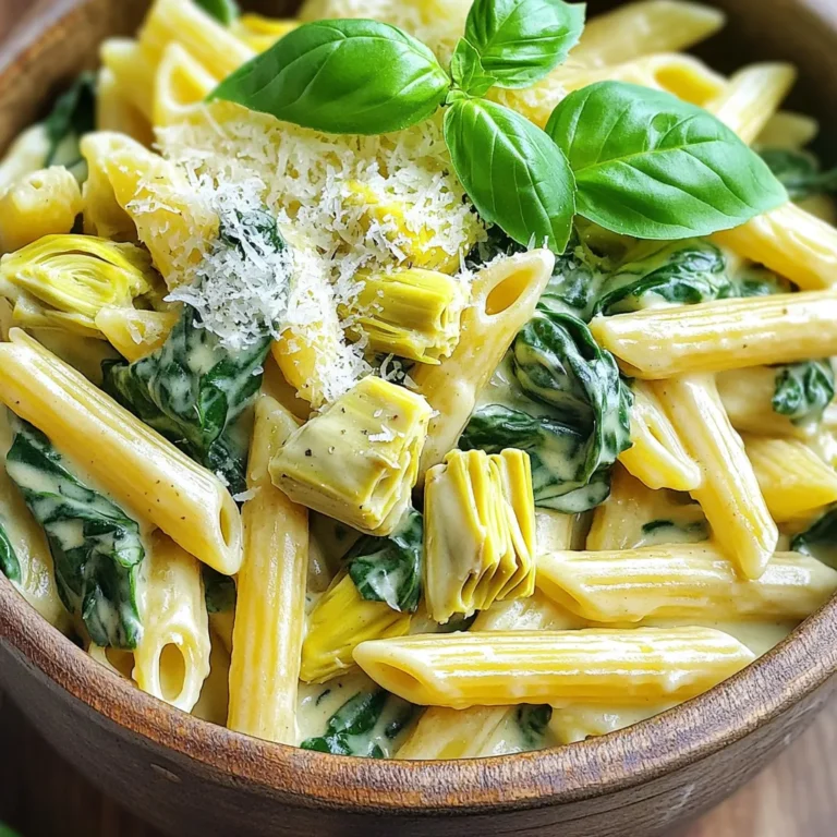 To make Creamy One-Pot Spinach Artichoke Pasta, gather these simple ingredients: - 12 ounces pasta (penne or rotini works well) - 1 tablespoon olive oil - 3 cloves garlic, minced - 1 onion, finely chopped - 1 can (14 ounces) artichoke hearts, drained and quartered - 4 cups fresh spinach - 1 cup vegetable broth - 1 cup heavy cream - 1 cup grated Parmesan cheese - Salt and pepper to taste - 1 teaspoon crushed red pepper flakes (optional) - Fresh basil for garnish You only need a few tools for this dish: - A large pot - A wooden spoon for stirring - A sharp knife for chopping - A cutting board for prep - Measuring cups and spoons For this recipe, you can use different pasta types. I suggest: - Penne, because it holds sauce well. - Rotini, as its twists catch every bit of cream. Both will give you a tasty and filling dish! First, gather your ingredients. You need olive oil, garlic, onions, artichoke hearts, and spinach. Heat the olive oil in a large pot over medium heat. Add the chopped onions. Cook them until they turn soft and clear. This takes about 3 to 4 minutes. Next, toss in the minced garlic. Cook for just 1 more minute. The aroma will fill your kitchen. Now, add the drained artichoke hearts. Stir these gently. After that, mix in the fresh spinach. Keep stirring until the spinach wilts down, which takes about 2 to 3 minutes. Pour in the vegetable broth. Bring this mixture to a gentle simmer. Now, it’s time to add the pasta. You can use penne or rotini. Stir it well to mix everything. Cover the pot and cook the pasta according to the package instructions. Make sure to stir occasionally. This helps stop the pasta from sticking together. Cook until the pasta is al dente. This should take around 10 to 12 minutes. Once your pasta is cooked, lower the heat. Now, add the heavy cream and grated Parmesan cheese. Stir everything together until it becomes creamy and smooth. This is where the magic happens! Season it with salt, pepper, and the red pepper flakes if you like some heat. Let the dish sit for a minute to thicken slightly. It’s now ready to serve. Enjoy your creamy one-pot spinach artichoke pasta! To get a creamy sauce, use heavy cream. It makes the dish rich and smooth. Stir in the cream after cooking the pasta. This lets the flavors blend well. You can also add more Parmesan cheese for extra creaminess. Mix it in slowly to avoid lumps. One mistake is not stirring the pasta enough. This can cause it to stick. Always stir occasionally while it cooks. Another mistake is adding too much broth. Use just one cup to keep it creamy. Lastly, don't skip the seasoning. Salt and pepper bring out the flavors, so add them to taste. I love serving this pasta with a fresh salad. A simple green salad works great. You can also pair it with garlic bread to soak up the sauce. For a special touch, add fresh basil on top. It gives a nice color and flavor. Enjoy your meal with a glass of white wine for a perfect finish! {{image_2}} You can easily make this dish vegetarian. Just skip the Parmesan cheese or use a vegan cheese alternative. Use vegetable broth as the base, which gives great flavor. For a vegan cream, try coconut cream or cashew cream. Both add a nice richness without the dairy. You can also add nutritional yeast for a cheesy taste without the cheese. If you want to add protein, chicken or shrimp works well. For chicken, dice it and sauté it before adding the onion. Cook until no longer pink. For shrimp, add them after the garlic, cooking until they turn pink. Both options boost protein and make the meal heartier. You can also use cooked sausage or tofu for more variety. Herbs and spices can take this dish to the next level. Fresh basil adds a bright flavor. You can also try thyme or oregano for a more earthy taste. For some heat, add crushed red pepper flakes or even chili powder. A squeeze of lemon juice at the end brightens the whole dish. Experiment with what you love to make it your own! To store leftovers, let the pasta cool. Then, place it in an airtight container. Keep it in the fridge for up to three days. Make sure to cover it well to avoid drying out. To reheat, add the pasta to a pot. Pour in a splash of vegetable broth or water. Heat over low on the stove, stirring often. This keeps it creamy. If you prefer, use the microwave. Heat in short bursts, stirring between each. You can freeze the pasta for longer storage. First, let it cool completely. Then, transfer it to a freezer-safe container. It will last up to three months. When ready to eat, thaw it in the fridge overnight. Reheat as mentioned above for best results. Yes, you can use frozen spinach. Just thaw it and squeeze out extra water. This change saves time, and frozen spinach is still nutritious. It will work well in this creamy dish. You can use half-and-half or a mix of milk and butter. Coconut cream also adds a nice flavor. Each option gives a different taste but still keeps the sauce creamy. This dish lasts about three to four days in the fridge. Store it in an airtight container for best results. The flavors will meld and get even better over time. No, this recipe is not gluten-free because it uses regular pasta. You can swap in gluten-free pasta. Just adjust the cooking time based on the type you choose. This article covered all the key steps to make a tasty pasta dish. We went over the ingredients, cooking methods, and some helpful tips. I shared ways to add flavor and options for different diets. Remember to store your leftovers properly for the best taste later. With these instructions, you can enjoy making this recipe again and again. Happy cooking!