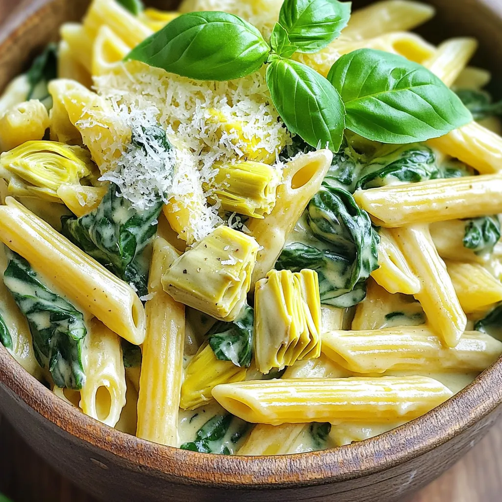 To make Creamy One-Pot Spinach Artichoke Pasta, gather these simple ingredients: - 12 ounces pasta (penne or rotini works well) - 1 tablespoon olive oil - 3 cloves garlic, minced - 1 onion, finely chopped - 1 can (14 ounces) artichoke hearts, drained and quartered - 4 cups fresh spinach - 1 cup vegetable broth - 1 cup heavy cream - 1 cup grated Parmesan cheese - Salt and pepper to taste - 1 teaspoon crushed red pepper flakes (optional) - Fresh basil for garnish You only need a few tools for this dish: - A large pot - A wooden spoon for stirring - A sharp knife for chopping - A cutting board for prep - Measuring cups and spoons For this recipe, you can use different pasta types. I suggest: - Penne, because it holds sauce well. - Rotini, as its twists catch every bit of cream. Both will give you a tasty and filling dish! First, gather your ingredients. You need olive oil, garlic, onions, artichoke hearts, and spinach. Heat the olive oil in a large pot over medium heat. Add the chopped onions. Cook them until they turn soft and clear. This takes about 3 to 4 minutes. Next, toss in the minced garlic. Cook for just 1 more minute. The aroma will fill your kitchen. Now, add the drained artichoke hearts. Stir these gently. After that, mix in the fresh spinach. Keep stirring until the spinach wilts down, which takes about 2 to 3 minutes. Pour in the vegetable broth. Bring this mixture to a gentle simmer. Now, it’s time to add the pasta. You can use penne or rotini. Stir it well to mix everything. Cover the pot and cook the pasta according to the package instructions. Make sure to stir occasionally. This helps stop the pasta from sticking together. Cook until the pasta is al dente. This should take around 10 to 12 minutes. Once your pasta is cooked, lower the heat. Now, add the heavy cream and grated Parmesan cheese. Stir everything together until it becomes creamy and smooth. This is where the magic happens! Season it with salt, pepper, and the red pepper flakes if you like some heat. Let the dish sit for a minute to thicken slightly. It’s now ready to serve. Enjoy your creamy one-pot spinach artichoke pasta! To get a creamy sauce, use heavy cream. It makes the dish rich and smooth. Stir in the cream after cooking the pasta. This lets the flavors blend well. You can also add more Parmesan cheese for extra creaminess. Mix it in slowly to avoid lumps. One mistake is not stirring the pasta enough. This can cause it to stick. Always stir occasionally while it cooks. Another mistake is adding too much broth. Use just one cup to keep it creamy. Lastly, don't skip the seasoning. Salt and pepper bring out the flavors, so add them to taste. I love serving this pasta with a fresh salad. A simple green salad works great. You can also pair it with garlic bread to soak up the sauce. For a special touch, add fresh basil on top. It gives a nice color and flavor. Enjoy your meal with a glass of white wine for a perfect finish! {{image_2}} You can easily make this dish vegetarian. Just skip the Parmesan cheese or use a vegan cheese alternative. Use vegetable broth as the base, which gives great flavor. For a vegan cream, try coconut cream or cashew cream. Both add a nice richness without the dairy. You can also add nutritional yeast for a cheesy taste without the cheese. If you want to add protein, chicken or shrimp works well. For chicken, dice it and sauté it before adding the onion. Cook until no longer pink. For shrimp, add them after the garlic, cooking until they turn pink. Both options boost protein and make the meal heartier. You can also use cooked sausage or tofu for more variety. Herbs and spices can take this dish to the next level. Fresh basil adds a bright flavor. You can also try thyme or oregano for a more earthy taste. For some heat, add crushed red pepper flakes or even chili powder. A squeeze of lemon juice at the end brightens the whole dish. Experiment with what you love to make it your own! To store leftovers, let the pasta cool. Then, place it in an airtight container. Keep it in the fridge for up to three days. Make sure to cover it well to avoid drying out. To reheat, add the pasta to a pot. Pour in a splash of vegetable broth or water. Heat over low on the stove, stirring often. This keeps it creamy. If you prefer, use the microwave. Heat in short bursts, stirring between each. You can freeze the pasta for longer storage. First, let it cool completely. Then, transfer it to a freezer-safe container. It will last up to three months. When ready to eat, thaw it in the fridge overnight. Reheat as mentioned above for best results. Yes, you can use frozen spinach. Just thaw it and squeeze out extra water. This change saves time, and frozen spinach is still nutritious. It will work well in this creamy dish. You can use half-and-half or a mix of milk and butter. Coconut cream also adds a nice flavor. Each option gives a different taste but still keeps the sauce creamy. This dish lasts about three to four days in the fridge. Store it in an airtight container for best results. The flavors will meld and get even better over time. No, this recipe is not gluten-free because it uses regular pasta. You can swap in gluten-free pasta. Just adjust the cooking time based on the type you choose. This article covered all the key steps to make a tasty pasta dish. We went over the ingredients, cooking methods, and some helpful tips. I shared ways to add flavor and options for different diets. Remember to store your leftovers properly for the best taste later. With these instructions, you can enjoy making this recipe again and again. Happy cooking!