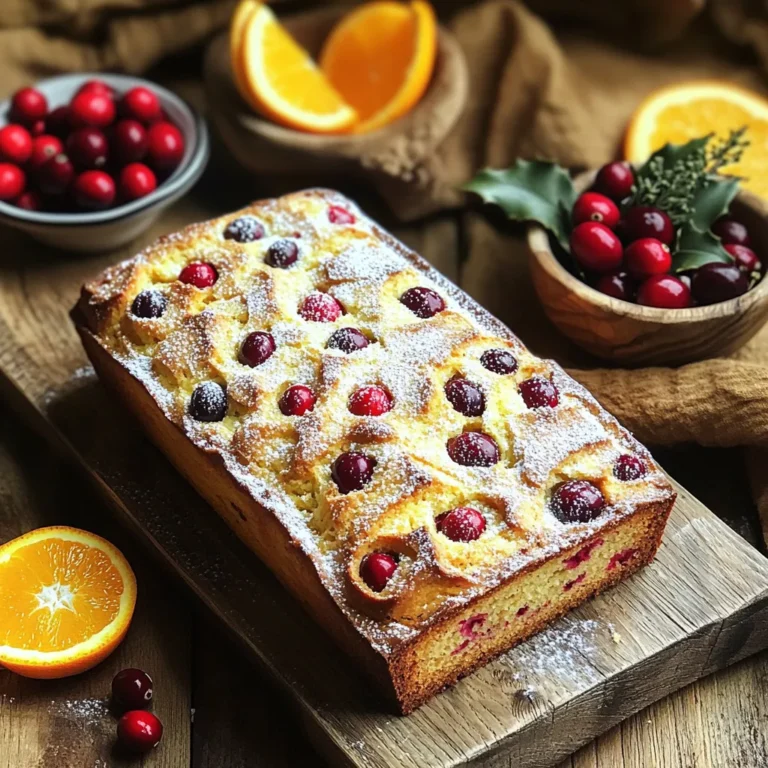 - 1 ½ cups all-purpose flour - 1 teaspoon baking powder - ½ teaspoon baking soda - ¼ teaspoon salt - ½ cup unsalted butter, softened - 1 cup granulated sugar - 2 large eggs - 1 teaspoon vanilla extract - Zest of 1 orange - ½ cup orange juice (freshly squeezed) - 1 cup fresh or frozen cranberries, coarsely chopped - ½ cup chopped walnuts (optional) - ¼ teaspoon ground cinnamon I often use King Arthur Flour for a reliable texture. For butter, I prefer Land O'Lakes unsalted butter; it blends well. Use fresh cranberries when possible, but frozen works great too. If you need a dairy-free option, try coconut oil in place of butter. You can use almond milk for orange juice if you want a nutty twist. For sugar, coconut sugar is a good alternative. If you want to skip eggs, use applesauce; one egg equals ¼ cup of applesauce. Start by gathering all your ingredients. This makes the process smooth and fun. Preheat your oven to 350°F (175°C). Grease a 9x5 inch loaf pan or line it with parchment paper. This will help with easy removal later. In a medium bowl, whisk together the dry ingredients: flour, baking powder, baking soda, salt, and cinnamon. Set this bowl aside. In a large bowl, cream the softened butter and sugar. Mix until it looks light and fluffy. This takes about 3 to 4 minutes. Next, add the eggs one at a time. Make sure to mix well after each egg. Then, stir in the vanilla extract and orange zest. Now, it's time to combine the dry and wet mixes. Gradually add the dry mix to the wet mix, alternating with the orange juice. Start and end with the dry ingredients. Mix until just combined. Gently fold in the chopped cranberries and walnuts if you choose to use them. Pour the batter into the prepared loaf pan. Smooth the top with a spatula. Bake in the oven for 50 to 60 minutes. You will know it’s done when a toothpick inserted in the center comes out clean. Once baked, let the loaf cool in the pan for 10 minutes. After that, transfer it to a wire rack to cool completely. For a nice presentation, dust the cooled loaf with powdered sugar. Serve it with a small bowl of fresh cranberries or orange slices for a festive touch. Enjoy your delicious cranberry orange loaf cake! To get a soft and moist loaf, use room temperature butter. Cream it with sugar until fluffy. This step adds air and gives the right texture. Measure flour correctly using a spoon and leveling it off. Too much flour makes the loaf dense. One common mistake is overmixing the batter. Mix just until combined. Overmixing makes the loaf tough. Also, avoid opening the oven door too soon. This can let heat out and affect baking. Add zest from another orange for a stronger flavor. You can also mix in lemon zest for a bright twist. For presentation, dust the loaf with powdered sugar after it cools. Serve it with fresh cranberries or orange slices for a pop of color. This makes the loaf look festive and inviting. {{image_2}} You can make your cranberry orange loaf cake even more fun with add-ins. Here are a few ideas: - Chocolate chips: Fold in ½ cup of dark or white chocolate chips. This adds sweetness and richness. - Different nuts: Use pecans or almonds instead of walnuts for a unique crunch. Chop them finely for even bites. - Seeds: Consider adding pumpkin seeds or sunflower seeds for a nut-free option. They bring a nice texture. If you need a gluten-free or vegan loaf, I have you covered. For gluten-free: - Flour: Substitute all-purpose flour with a gluten-free blend. Check that it contains xanthan gum for better texture. - Baking powder: Ensure it’s gluten-free as well. For a vegan version: - Butter: Use coconut oil or vegan butter instead. - Eggs: Replace each egg with ¼ cup of unsweetened applesauce or a flax egg (1 tablespoon flaxseed meal mixed with 2.5 tablespoons water). Feel free to play with flavors to suit your taste. Here are some fun options: - Citrus swaps: Try lemon or lime juice and zest instead of orange for a different tang. - Spices: Add ½ teaspoon of nutmeg or ginger for a warm spice note. Cinnamon is great, but these spices can really shine too. - Herbs: Consider adding a hint of rosemary or thyme for a savory twist. Just a small pinch can add depth. These variations make your cranberry orange loaf cake uniquely yours. Have fun with it! To keep your cranberry orange loaf cake fresh, store it in an airtight container. This will help lock in moisture and keep the cake soft. Place a piece of parchment paper between the cake and the lid to absorb extra moisture. If you want to keep it longer, you can wrap it in plastic wrap before placing it in the container. If you have leftover loaf cake, freezing is a great option. First, cool the cake completely. Then, slice it into individual pieces. Wrap each slice tightly in plastic wrap. Next, place the wrapped slices in a freezer-safe bag. Remove as much air as possible. You can freeze the slices for up to three months. When you want to enjoy a slice, just thaw it at room temperature or warm it in the microwave for a few seconds. When stored properly, the cranberry orange loaf cake stays fresh for about three to four days at room temperature. If you refrigerate it, it can last up to a week. However, refrigeration can make the cake a bit dry. For the best taste and texture, enjoy it within the first few days. Yes, you can use dried cranberries. They add sweetness and chewiness. Just use the same amount as fresh cranberries. If you choose dried, consider reducing the sugar slightly. This keeps your cake from being too sweet. To check if the cake is done, insert a toothpick into the center. If it comes out clean, the cake is ready. You can also gently press the top. It should spring back when it is cooked through. If it leaves a dent, bake a bit longer. Absolutely! You can bake the loaf a day or two in advance. Just let it cool completely before wrapping it in plastic wrap. This keeps it fresh. You can also freeze the loaf for later. Just slice it before freezing for easy serving. This guide covered key ingredients, baking steps, and helpful tips. You learned about brands and substitutions, plus ways to enhance flavor. Experimenting with variations helps personalize your loaf. Proper storage keeps it fresh, and clear FAQs answer common questions. Baking is fun and rewarding. Enjoy the process, and savor your delicious creation!