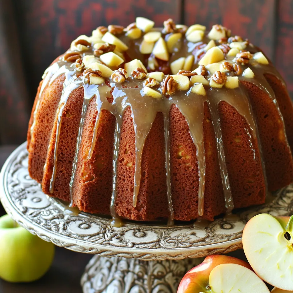 To make the Apple Cider Glazed Bundt Cake, you will need the following ingredients: - 2 cups all-purpose flour - 1 tsp baking powder - 1 tsp baking soda - 1 tsp ground cinnamon - ½ tsp ground nutmeg - ½ tsp salt - ¾ cup unsalted butter, softened - 1 cup granulated sugar - 2 large eggs - 1 tsp vanilla extract - 1 cup apple cider - 1 cup diced apples (peeled and cored, such as Granny Smith or Honeycrisp) For the glaze, gather these simple ingredients: - 1 cup powdered sugar - 2-3 tablespoons apple cider You can enhance the cake with these optional ingredients: - ½ cup chopped walnuts or pecans Adding nuts gives a nice crunch to the soft cake. It also complements the sweet apples. If you prefer a nut-free cake, feel free to skip them. This Bundt cake is already packed with flavor from the spices and apple cider. Enjoy making this delicious cake! Start by preheating your oven to 350°F (175°C). Next, grease and flour a 10-cup Bundt pan well. In a medium bowl, mix together the dry ingredients: 2 cups of all-purpose flour, 1 teaspoon of baking powder, 1 teaspoon of baking soda, 1 teaspoon of ground cinnamon, ½ teaspoon of ground nutmeg, and ½ teaspoon of salt. Set this bowl aside. In a large mixing bowl, beat ¾ cup of softened unsalted butter with 1 cup of granulated sugar until it looks light and fluffy. This will take about 4-5 minutes. Add 2 large eggs one at a time, mixing well after each. Stir in 1 teaspoon of vanilla extract. Now, take the dry mix and add it to the butter mix. Alternate with 1 cup of apple cider. Start and end with the dry mix, mixing until everything is just combined. Gently fold in 1 cup of diced apples and ½ cup of chopped walnuts or pecans if you want some crunch. Pour the cake batter into the prepared Bundt pan. Smooth the top with a spatula. Bake in the oven for 45-50 minutes. To check if it's done, insert a toothpick into the center. If it comes out clean, the cake is ready. Once done, remove it from the oven and let it cool in the pan for 10-15 minutes. After that, carefully invert it onto a wire rack to cool completely. This cooling step is key for the best texture. While the cake cools, prepare the glaze. In a bowl, whisk together 1 cup of powdered sugar with 2-3 tablespoons of apple cider. Adjust the amount of cider to get your desired glaze thickness. Once the cake is cool, drizzle the glaze over the top. Let it cascade down the sides for a beautiful look. This glaze adds a sweet touch that pairs perfectly with the apples in the cake. To bake the best apple cider glazed Bundt cake, gather these tools: - A 10-cup Bundt pan - Mixing bowls (one large and one medium) - A whisk and a spatula - An electric mixer or a sturdy hand mixer - Measuring cups and spoons - A toothpick for testing doneness - A wire rack for cooling the cake These tools help make the process smooth and fun! When baking, watch out for these mistakes: - Not measuring ingredients correctly. Use dry measuring cups for flour and sugar. - Overmixing the batter. Mix just until combined to keep the cake soft. - Forgetting to grease the Bundt pan. This step prevents sticking. - Opening the oven door too soon. Wait until at least 30 minutes to check. Avoid these pitfalls to create a lovely cake every time. For the perfect glaze, follow these steps: - Start with one cup of powdered sugar. - Add 2 tablespoons of apple cider. - Whisk until smooth. If it's too thick, add more cider, one teaspoon at a time. - Aim for a pourable yet thick consistency. It should coat the cake without running off too fast. With these tips, your glaze will look great and taste even better! {{image_2}} You can easily make this cake gluten-free. Use a gluten-free flour blend instead of all-purpose flour. For a dairy-free option, swap the butter with coconut oil or a dairy-free butter substitute. Use a dairy-free milk for the glaze, like almond or oat milk, to keep it smooth and sweet. You can play with flavors in this cake. Add a teaspoon of ground ginger for a spicy twist. Try mixing in a half cup of raisins or dried cranberries for added texture. If you want a fruity kick, swap the apples for pears or peaches. Each choice adds a new layer of taste. While the apple cider glaze is delicious, you can try different glazes. A caramel glaze adds a rich sweetness. Mix powdered sugar with lemon juice for a zesty touch. Or, make a simple cream cheese glaze for creaminess. Each glaze brings its own charm to the cake. Store leftover Bundt cake in an airtight container. This keeps the cake moist and fresh. Place it in a cool, dry spot, away from sunlight. If you plan to eat it within a few days, this method works well. You can also wrap the cake in plastic wrap for extra protection. Freezing is a great way to keep your Bundt cake fresh for months. Let the cake cool completely first. Then, wrap it tightly in plastic wrap. After that, place it in a freezer-safe bag or container. Label it with the date. You can freeze the cake for up to three months. To reheat your Bundt cake, remove it from the freezer and let it thaw overnight in the fridge. If you’re in a hurry, you can leave it at room temperature for a few hours. Preheat your oven to 350°F (175°C) and place the cake inside for about 10-15 minutes. This warms it through without drying it out. Enjoy your delicious cake warm! The Bundt cake stays fresh for about 3 to 5 days. Make sure to store it in an airtight container. This keeps the moisture in and helps the flavors last longer. If you cover the cake well, it can even taste great on the last day. Yes, you can make the cake ahead of time. It’s a great option for parties or gatherings. Just bake the cake and let it cool completely. Then, wrap it well in plastic wrap. You can store it at room temperature for up to 3 days. If you want to keep it longer, freeze it for up to 3 months. Just remember to glaze it after you thaw it. If you don’t have apple cider, you can use apple juice. It adds a nice sweetness and flavor. For a twist, try using pear juice or even a mix of orange juice and water. Just make sure the substitute is not too sweet. Adjust the sugar in the recipe if necessary to keep the balance right. This blog post covered all you need for a perfect Bundt cake. You learned about the key ingredients, step-by-step baking methods, and helpful tips to avoid mistakes. We also explored flavor variations and storage tips for leftovers. Baking can be fun and easy, especially with these simple steps. Enjoy your delicious Bundt cake with glaze, and share it with friends. Happy baking!