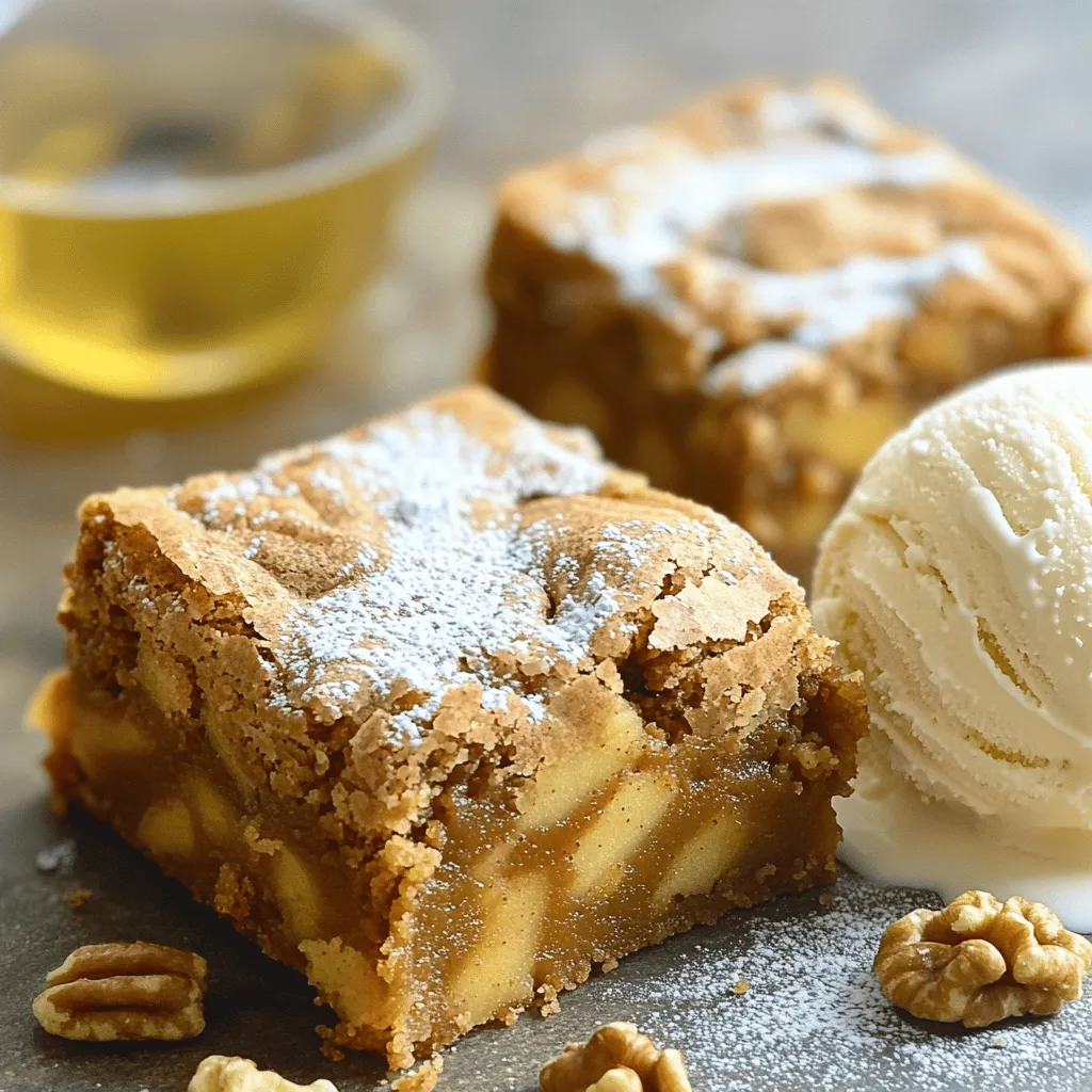 To make warm spiced apple butter blondies, you need: - 1 cup apple butter - 1/2 cup unsalted butter, melted - 1 cup brown sugar - 2 large eggs - 1 teaspoon vanilla extract - 1 1/2 cups all-purpose flour - 1/2 teaspoon baking powder - 1/2 teaspoon baking soda - 1 teaspoon ground cinnamon - 1/4 teaspoon ground nutmeg - 1/4 teaspoon ground ginger - 1/4 teaspoon salt These ingredients blend well to create a rich, moist treat. The apple butter brings a sweet, fruity flavor that shines through. The spices add warmth and depth, making each bite comforting. You can enhance your blondies with these optional ingredients: - 1/2 cup chopped walnuts or pecans Adding nuts gives a nice crunch and a nutty taste. They also add a layer of texture that contrasts beautifully with the soft blondies. Using quality ingredients makes a big difference. Here are some tips: - Choose fresh apple butter for the best flavor. Look for one with minimal added sugar. - Use unsalted butter to control the salt level in your recipe. - Select fresh eggs; they should be large and free of cracks. - For spices, fresh ground is better. Old spices lose their flavor. These small choices can elevate your warm spiced apple butter blondies. Always aim for the best ingredients to ensure delicious results. Start by preheating your oven to 350°F (175°C). This makes sure the blondies bake evenly. Next, grease an 8-inch square baking pan. Line it with parchment paper, leaving some overhang. This makes it easy to lift out your blondies later. In a large bowl, combine 1 cup of apple butter and 1/2 cup of melted unsalted butter. Mix in 1 cup of brown sugar until it looks smooth. Add 2 large eggs and 1 teaspoon of vanilla extract. Whisk until the mixture is creamy and well blended. In another bowl, sift together 1 1/2 cups of all-purpose flour, 1/2 teaspoon of baking powder, and 1/2 teaspoon of baking soda. Add 1 teaspoon of ground cinnamon, 1/4 teaspoon of ground nutmeg, and 1/4 teaspoon of ground ginger. Mix in 1/4 teaspoon of salt. Sifting helps spread the spices well in the batter. Gradually add the dry mixture into the wet ingredients. Mix gently until just combined. If you want nuts, fold in 1/2 cup of chopped walnuts or pecans. Pour the batter into your prepared baking pan. Smooth the top with a spatula. Bake for 25-30 minutes. The edges should be golden, and a toothpick should come out clean from the center. Let the blondies cool in the pan for about 10-15 minutes. Use the parchment paper overhang to lift them out. Place the blondies on a wire rack to cool completely. Once cool, cut them into squares. Enjoy your warm spiced apple butter blondies! To get the best blondies, use fresh apple butter. It adds great flavor and moisture. Make sure your butter is melted but not hot. Hot butter can cook the eggs. Mix your wet and dry ingredients gently. Over-mixing can make them tough. One mistake is not measuring ingredients correctly. Use measuring cups for precision. Another common error is opening the oven too soon. This can make your blondies sink. Lastly, don’t skip cooling time. Cutting too soon can make them fall apart. Use high-quality spices for the best taste. Fresh ground cinnamon, nutmeg, and ginger make a big difference. You can also add a pinch of salt to enhance sweetness. If you like nuts, choose walnuts or pecans for a nice crunch. For a fun twist, try mixing in chocolate chips or dried fruits. {{image_2}} You can switch up the nuts in these blondies. Try using chopped pecans or walnuts. Both add great texture. If you want a nut-free option, leave them out entirely. You can also use seeds, like sunflower seeds. They add crunch without the nut allergy worries. Chocolate chips make everything better! Add half a cup of dark or white chocolate chips for extra sweetness. Dried fruits like cranberries or raisins also work well. They bring a chewy texture and fruity flavor. Mix and match to find your favorite combination! Don’t be afraid to play with flavors! Add more spices like allspice or cloves for warmth. A dash of almond or orange extract can brighten the taste. You can even try using different types of apple butter, like spiced or vanilla. Each choice will change the flavor in a fun way! To keep your warm spiced apple butter blondies fresh, store them in an airtight container. Place a piece of parchment paper between layers to prevent sticking. They will stay good for up to a week on the counter. If you want to keep them longer, consider freezing. Freezing blondies is simple. First, let them cool completely. Then, wrap each square tightly in plastic wrap. Place the wrapped blondies in a freezer-safe bag or container. They can last for up to three months in the freezer. When you're ready to enjoy, just thaw them in the fridge overnight. For the best taste, reheat blondies in the oven. Preheat your oven to 350°F (175°C). Place the blondies on a baking sheet and warm them for about 10 minutes. This method keeps them soft and brings out their flavors. You can also use a microwave. Heat each blondie for about 15-20 seconds. Enjoy them warm for a delightful treat! Yes, you can make these blondies gluten-free. Use a gluten-free flour blend instead of all-purpose flour. Look for blends that work well for baking. These blends often include ingredients like almond flour or coconut flour. This swap keeps the texture light and tasty. These blondies stay fresh for about 3 to 4 days when stored properly. Keep them in an airtight container at room temperature. If you want them to last longer, consider refrigerating them. They can stay fresh for up to a week in the fridge. If you don't have apple butter, you can use applesauce. Applesauce gives a similar flavor and moistness. You can also try pumpkin puree for a different taste. Just make sure to adjust the spices accordingly. Yes, you can substitute the eggs if needed. Use 1/4 cup of unsweetened applesauce per egg. You can also use flaxseed meal. Mix 1 tablespoon of flaxseed meal with 2.5 tablespoons of water. Let it sit for a few minutes to thicken before adding it to the mix. To check if the blondies are done, insert a toothpick into the center. If it comes out clean or with a few moist crumbs, they are ready. The edges should also be golden brown. Baking usually takes about 25 to 30 minutes. You now have all you need to make delicious blondies. We covered the key ingredients, prep steps, and baking tips. I also shared storage techniques and answered common questions. Remember, experimenting with flavors keeps it fun. You can customize recipes to fit your tastes. With these guidelines, you're ready to bake blondies that wow. Enjoy your time in the kitchen and share your tasty treats!