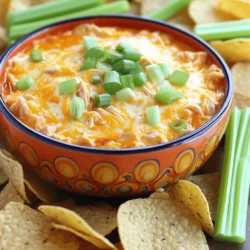 - 2 cups shredded cooked chicken (rotisserie works great) - 1 cup cream cheese, softened - 1 cup buffalo sauce (adjust for spice preference) - 1 cup shredded sharp cheddar cheese - 1/2 cup ranch dressing - 1/2 cup chopped green onions (plus extra for garnish) - 1 teaspoon garlic powder - Salt and pepper to taste To make this dip, you start with shredded cooked chicken. I find rotisserie chicken saves time and tastes great. Next, you need softened cream cheese. This gives the dip a creamy texture. Then, buffalo sauce adds that spicy kick. You can adjust the amount based on how hot you like it. Don’t forget the shredded sharp cheddar cheese. It melts beautifully and makes the dip rich. The ranch dressing adds a nice, cool flavor to balance the heat. Chopped green onions provide freshness and a pop of color. Garlic powder adds depth, while salt and pepper round out the flavor. Gather all these ingredients before you start cooking. You’ll love how easy it is to whip this up! Each bite will be a tasty treat, perfect for game day or any gathering. - First, combine all main ingredients in the slow cooker: shredded chicken, cream cheese, buffalo sauce, ranch dressing, garlic powder, salt, and pepper. - Mix thoroughly to ensure the cream cheese is evenly distributed among the other ingredients. - Next, sprinkle shredded cheddar cheese on top of the mixture. - Cover the slow cooker and cook on low for 2 to 3 hours. - Stir occasionally to prevent sticking and ensure even heating. - Once the dip is hot and bubbly, mix again to incorporate the melted cheese throughout. - Before serving, add chopped green onions for color and flavor. - Serve with tortilla chips, celery sticks, or toasted bread for dipping options. To make this dip just right, you can adjust the buffalo sauce. If you like heat, add more sauce. If you prefer milder flavors, use less. You can also add extra spices for a nice kick. A teaspoon of chili powder works great. Feel free to experiment with your favorite spices. Mixing the cream cheese well is key. To do this, let it soften before adding it to the slow cooker. This makes it easier to blend with other ingredients. Stir gently to keep it smooth. To avoid burning at the bottom, stir the dip every 30 minutes. This helps keep everything mixed and prevents sticking. Presentation matters! Serve your dip in a colorful bowl to catch the eye. It adds fun to your game day spread. For a fresh touch, garnish with chopped green onions. This adds color and flavor. Surround the bowl with tortilla chips or celery sticks for dipping. This makes it easy for guests to enjoy! {{image_2}} You can change the cheese to mix things up. Try using Monterey Jack or Pepper Jack. These cheeses add a nice, creamy texture and a bit of extra spice. If you want a healthier option, you can use non-dairy cheese. Many brands offer great non-dairy alternatives. They melt well and taste good too! Want to make your dip more filling? Consider adding beans or corn. They add texture and flavor. You can also mix in chopped bell peppers or spinach for extra veggies. For more protein, toss in black beans or shredded turkey. These additions will boost the dip's flavor and nutrition. If you need gluten-free options, look for gluten-free ranch dressing. Many brands now offer this choice. You can also make a low-calorie version of the dip. Use low-fat cream cheese and Greek yogurt instead of ranch dressing. This keeps the taste but cuts down on calories. These simple swaps make this dish fit more diets! To store leftover buffalo chicken dip, let it cool down first. Then, place it in an airtight container. Make sure to cover it tightly to keep out air and moisture. This dip stays fresh in the fridge for 3 to 4 days. I like to use glass containers, as they don’t stain and are easy to clean. Label the container with the date to keep track. When reheating, you can use either a microwave or a stove. The microwave is faster but can make the dip a bit watery. Use short intervals and stir in between. The stove method takes longer but keeps the dip creamy. Just heat it on low, stirring often to prevent burning. To maintain the texture and flavor, add a splash of buffalo sauce or ranch dressing. This helps bring back the richness. You can freeze buffalo chicken dip for up to 2 months. Place it in a freezer-safe container and seal it well. For easy serving, consider freezing in smaller portions. To thaw, move the container to the fridge overnight. When ready to eat, reheat it using the stove method for best results. Stir well to blend the flavors again. Enjoy your tasty dip any time! Yes, you can make this dip ahead of time. To prep in advance, you can mix all the ingredients. Place them in the slow cooker and store it in the fridge. When you're ready, just cook it on low for 2 to 3 hours. This makes it easy for parties or game days. If you want a change, you can substitute buffalo sauce with other sauces. Try barbecue sauce for a sweet flavor. You can also use hot sauce mixed with some butter for a similar kick. For a milder taste, consider using sweet chili sauce or teriyaki sauce. Yes, you can make this dip in the oven. Preheat the oven to 350°F. Mix all the ingredients in a baking dish. Bake it for about 20-25 minutes until hot and bubbly. Stir halfway through to ensure even heating. Enjoy your oven-baked Buffalo Chicken Dip with your favorite dippers! This buffalo chicken dip is simple and tasty. Using shredded chicken and cream cheese, you can create a crowd-pleaser. Remember to adjust the buffalo sauce to your spice level. You can also try different cheeses and add extras for fun flavors. Storing leftovers is easy, and you can reheat them quickly. Whether you entertain or enjoy a quiet night in, this dip fits all occasions. Dive into this dish and enjoy your gathering!