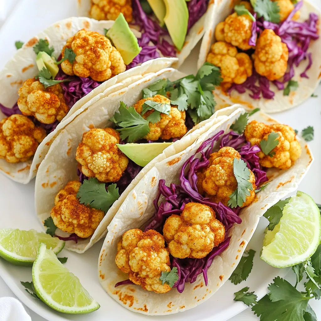 To make these tasty tacos, you need simple ingredients. Here’s what you’ll need: - 1 medium head of cauliflower, cut into florets - 2 tablespoons olive oil - 1 tablespoon taco seasoning - 8 corn tortillas - 1 cup shredded red cabbage - 1 ripe avocado, sliced - 1/2 cup fresh cilantro, chopped - 1 lime, cut into wedges - Salt and pepper to taste These ingredients come together to create a fun, tasty meal. You can take your tacos to the next level with some fun toppings. Here are some ideas: - Hot sauce for a spicy kick - Sliced jalapeños for extra heat - Diced tomatoes for freshness - Sour cream or yogurt for creaminess - Crumbled queso fresco for added flavor These toppings allow you to customize your tacos to fit your taste. While taco seasoning is great, you can mix it up with extra spices. Here are some great options: - Cumin adds warmth - Paprika gives a smoky flavor - Garlic powder adds depth - Onion powder offers more flavor Experimenting with these spices will enhance your tacos and make them unique. Enjoy your cooking! To start, take your medium head of cauliflower. Cut it into small florets. This helps them cook evenly. Place the florets in a large bowl. Add two tablespoons of olive oil. Sprinkle in one tablespoon of taco seasoning, along with salt and pepper to taste. Toss everything together. Make sure each floret is coated well. This step is key for flavor. Next, preheat your air fryer to 400°F (200°C) for about five minutes. Once it’s hot, add the cauliflower florets to the basket. Spread them out in one layer. This helps them crisp up nicely. Air fry them for 12 to 15 minutes. Remember to shake the basket halfway through. The cauliflower should turn golden brown and crispy when done. Now it’s time to build your tacos. While the cauliflower is cooking, warm your corn tortillas. You can wrap them in foil and place them in the air fryer for the last five minutes. Alternatively, use a skillet on medium heat for about 30 seconds on each side. Once warm, place a generous scoop of crispy cauliflower on each tortilla. Top with shredded red cabbage, sliced avocado, and fresh cilantro. Squeeze fresh lime juice over the top. Add hot sauce if you like it spicy! Enjoy your tasty tacos right away for the best crunch. When air frying, cut your veggies into even pieces. This helps them cook at the same rate. Toss them in a bit of oil. A light coat of oil keeps them from sticking. Use your favorite seasoning for extra flavor. Keep the basket from overcrowding to let hot air circulate. To make your cauliflower crispy, make sure to dry it well after washing. If it's wet, it may steam instead of crisp. Toss the florets with oil and seasoning until each piece is coated. Air fry at 400°F for the best results. Shake the basket halfway through cooking. This ensures even browning and crispiness. Serve your tacos with fresh lime wedges to add a zesty kick. A drizzle of hot sauce can give them a nice heat. Consider adding some pickled onions for a tangy crunch. You can also top with a dollop of sour cream or yogurt for creaminess. Enjoy these tacos with a side of rice or beans for a complete meal. {{image_2}} To make these tacos vegan, simply stick to the basic recipe. All the ingredients already suit a vegan diet. For gluten-free tacos, use corn tortillas. They add a nice crunch without gluten. You can also try other gluten-free wraps, like lettuce leaves, if you want a fresh twist. You can swap out the cauliflower for other veggies. Try using mushrooms, zucchini, or bell peppers. If you want some protein, add beans or lentils. You can even use grilled chicken or shrimp if you prefer meat. Just season them well and cook until tender. This keeps the tacos exciting and full of flavor. You can make your taco seasoning at home. Mix chili powder, cumin, garlic powder, and paprika. For a spicy kick, add cayenne pepper or crushed red pepper flakes. Adjust the spices based on your taste. Another option is to add lime zest for a zesty flavor. This adds depth to the tacos without extra work. Experiment with different herbs like oregano or cilantro to find your favorite blend! After enjoying your cauliflower tacos, store the leftovers properly. Place the tacos in an airtight container. If you want the best taste, keep the filling separate from the tortillas. This way, the tortillas stay soft and do not get soggy. You can refrigerate them for up to three days. To enjoy your tacos again, use the air fryer. Preheat it to 350°F (175°C) for about three minutes. Place the tacos in the basket in a single layer. Heat them for about five to seven minutes. This method keeps the tacos crispy and warm. Check them halfway through to make sure they heat evenly. If you have extra cauliflower, freezing is a smart choice. Cut the florets and blanch them in boiling water for two minutes. Quickly cool them in ice water. Drain and pat them dry. Place the florets in a freezer bag, removing as much air as possible. You can store them in the freezer for up to three months. When you’re ready to use them, simply air fry them from frozen. Yes, you can use frozen cauliflower. Just make sure to thaw it first. Drain any extra water to avoid sogginess. Toss the thawed cauliflower with olive oil and taco seasoning as you would with fresh cauliflower. I recommend setting your air fryer to 400°F (200°C). This temperature cooks vegetables evenly and gives them a nice, crispy texture. It works well for a variety of veggies, not just cauliflower. To spice up your tacos, try adding more taco seasoning. You can also mix in cayenne pepper or chili powder with the seasoning. If you like heat, drizzle some hot sauce on top before serving. Absolutely! You can cut and season the cauliflower a few hours in advance. Just store it in the fridge until you're ready to air fry. This can save time when you want to enjoy your tacos quickly. Air fryer cauliflower tacos are easy and tasty. We covered the key ingredients and steps for prep, cooking, and serving. I shared tips for perfecting your tacos and variations to keep meals exciting. You can even store leftovers well for later. By exploring these ideas, you can enjoy a healthy meal that fits your style. Use this guide to create your own delicious version of cauliflower tacos anytime!