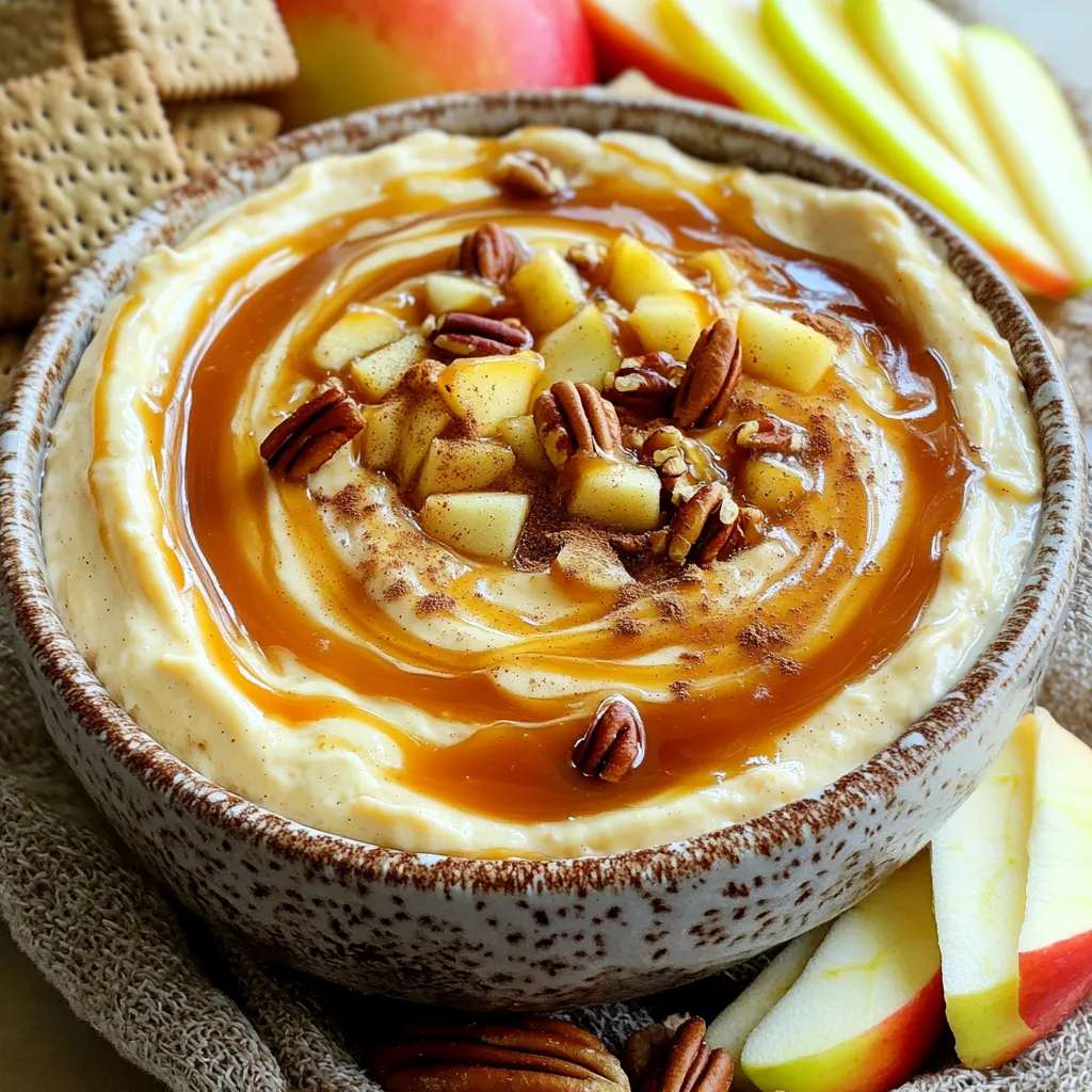 - 8 oz cream cheese, softened - 1/2 cup powdered sugar - 1/2 cup brown sugar - 1 teaspoon vanilla extract - 1/2 cup sour cream - 1 cup apples, diced (preferably Granny Smith or Honeycrisp) - 1/2 cup caramel sauce (plus extra for drizzling) - 1/2 teaspoon cinnamon - 1/4 cup chopped pecans (optional) - Slices of apples and graham crackers for serving I love using cream cheese for its rich and smooth texture. You’ll want it softened for easy mixing. Sweeteners like powdered sugar and brown sugar add a nice sweetness. They help balance out the tang of the cream cheese. A touch of vanilla extract gives a warm flavor. Adding sour cream makes the dip creamy and light. Diced apples bring a fresh crunch. I prefer Granny Smith or Honeycrisp apples. They add tartness that pairs perfectly with caramel sauce. Speaking of caramel, don’t forget to drizzle some in! It adds so much sweetness and richness. A dash of cinnamon gives a warm spice note. If you want extra crunch, add chopped pecans. They are not needed but they add a nice texture. For serving, I suggest apple slices and graham crackers. These will be perfect for dipping and enjoying with your dip! Start by softening the cream cheese. Use an electric mixer to beat it until smooth. This takes about one minute. Next, add the powdered sugar and brown sugar slowly. Mix until it becomes fluffy and creamy. Now, stir in the vanilla extract. Then, add the sour cream. Mix until everything is light and airy. This helps create a rich flavor. Take your diced apples and gently fold them into the mix. I like using Granny Smith or Honeycrisp apples for their tartness. Also, sprinkle in the cinnamon. This adds warmth and spice to the dip. Drizzle in the caramel sauce. Fold it gently through the mix. You want to create a pretty swirled effect. This looks nice and adds sweetness. If you like, fold in the chopped pecans. They give a nice crunch. Transfer the dip to a serving dish. Drizzle more caramel on top for extra sweetness. Now, you are ready to serve! Achieving the Right Consistency To get the perfect dip, your cream cheese must be soft. Let it sit at room temperature. This helps it mix smoothly with the sugars. Beat it well until it is creamy. You want a fluffy texture for the best taste. If the dip is too thick, add a bit more sour cream. Choosing the Best Apples for Flavor I love using Granny Smith or Honeycrisp apples. They add the right amount of crunch and tartness. This balances the sweet caramel and creamy dip. You can also try Fuji apples for a sweeter bite. Make sure to chop them small so they mix well. How to Make It Ahead of Time You can make this dip a day before your gathering. Just store it in an airtight container in the fridge. This gives the flavors time to blend, making it even tastier. When ready to serve, just drizzle more caramel on top. Presentation Tips for Parties Use a nice bowl for serving the dip. Drizzle caramel on top for a pretty finish. Surround the bowl with apple slices and graham crackers. This makes it easy for guests to dip. You can also sprinkle some chopped pecans for a crunchy look. Alternative Dipping Choices While apple slices and graham crackers are great, try pretzel sticks too. They add a salty touch that contrasts well with the sweetness. You can also use vanilla wafers or even fresh strawberries for variety. Pairing Suggestions with Beverages This sweet dip goes well with many drinks. Try pairing it with apple cider for a cozy feel. If you want something warm, a chai latte works too. For adults, a light sparkling wine adds a fun twist. {{image_2}} You can make this dip even more fun by trying different fruits. Pears add a juicy twist. Bananas bring a creamy texture. Both fruits mix well with the apples. Nuts can also change the game. If you like a crunch, try walnuts or almonds. These nuts give a nice bite to the creamy dip. For a spiced version, consider adding nutmeg or pumpkin spice. This can warm up the flavor. It’s perfect for fall and winter events. If you need a gluten-free option, use gluten-free graham crackers. Many brands offer these. They taste great with the dip. For a vegan version, swap out the cream cheese for a nut-based cheese. Use maple syrup instead of the sugars. Almond milk can replace the sour cream. This way, everyone can enjoy the dip! To keep your caramel apple cheesecake dip fresh, use a tight container. Glass or plastic containers work well. Ensure the lid seals tightly to avoid air exposure. This helps maintain flavor and texture. The dip can last in the fridge for up to five days. If you want to save it longer, you can freeze it. However, freezing may change the dip's texture. You can enjoy the dip cold or warm. If you like it warm, use the microwave. Heat it in short bursts, about 15 seconds, stirring in between. This way, you avoid overheating. If you prefer it cold, serve it straight from the fridge. Both ways are delicious! Enjoy with apple slices or graham crackers. Can I make this dip in advance? Yes, you can make this dip ahead of time. Prepare it a day before your event. Store it in the fridge. What can I use instead of cream cheese? You can use Greek yogurt or vegan cream cheese. Both options will keep the dip creamy. How long does the dip last in the fridge? The dip lasts about 3 to 5 days in the fridge. Make sure to cover it well. Is it possible to use store-bought caramel sauce? Absolutely! Store-bought caramel sauce works great. It saves time and adds sweetness. Can I make it dairy-free? Yes, use dairy-free cream cheese and yogurt. Also, check your caramel sauce for dairy. What fruits can I use besides apples? Pears and bananas are excellent options. They add sweetness and flavor to the dip. This blog gave you all the steps to make a tasty dip. We covered key ingredients like cream cheese, apples, and caramel. You learned how to mix them and make a smooth finish. Tips helped you perfect your dip's taste and texture. We also explored fun variations and storage advice. Now you can impress anyone with your new dip skills. Remember to experiment with flavors and toppings. Enjoy every bite!