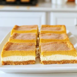- 2 cups all-purpose flour - 1 teaspoon baking powder - 1 teaspoon ground cinnamon - 1/2 teaspoon salt - 3/4 cup unsalted butter, softened - 1 cup granulated sugar - 1 large egg - 1 teaspoon vanilla extract - 16 oz cream cheese, softened - 1 cup pumpkin puree - 1 cup powdered sugar - 2 large eggs - 1 teaspoon vanilla extract - 1 teaspoon ground cinnamon - 1/2 teaspoon ground nutmeg - 1/2 teaspoon ground ginger - 2 tablespoons granulated sugar - 1 teaspoon ground cinnamon Gathering the right ingredients is key to making these Pumpkin Snickerdoodle Cheesecake Bars. You start with the snickerdoodle crust. Use flour, baking powder, cinnamon, salt, butter, sugar, an egg, and vanilla extract. Each item adds a special touch. Next, prepare for the cheesecake filling. You’ll need cream cheese, pumpkin puree, powdered sugar, eggs, vanilla extract, and spices like cinnamon, nutmeg, and ginger. These flavors mix to create a rich filling that shines. For the topping, grab some granulated sugar and cinnamon. This mix will add that final sweet touch on top of your bars. All these ingredients come together to create a dessert that is both tasty and fun to make! 1. Preheat your oven to 350°F (175°C). This step warms up your kitchen. 2. In a medium bowl, whisk together the flour, baking powder, cinnamon, and salt. This helps mix the dry items well. 3. In a large bowl, beat the softened butter and granulated sugar until light and fluffy. This takes about 2-3 minutes. 4. Add the egg and vanilla extract to the butter mixture. Mix until combined. 5. Gradually add the dry ingredients to the wet mixture. Stop mixing as soon as it's combined. 6. Press the dough evenly into the bottom of a 9x13 inch baking pan. Make sure it covers the bottom well. 7. Bake for 15 minutes. The crust should be lightly golden. Once done, take it out and let it cool. 1. In a large bowl, beat the softened cream cheese until smooth. This is key for a creamy filling. 2. Add the pumpkin puree, powdered sugar, eggs, vanilla, cinnamon, nutmeg, and ginger. Mix until everything is smooth and creamy. 3. Carefully pour the cheesecake filling over the cooled snickerdoodle crust. Spread it evenly to cover the crust. 1. In a small bowl, mix the granulated sugar and cinnamon for the topping. This adds flavor and a nice finish. 2. Sprinkle this mixture evenly over the cheesecake layer. This gives a sweet touch on top. 3. Bake in the preheated oven for 25-30 minutes. The edges should be set, and the center should jiggle slightly. 4. Let the bars cool at room temperature for about 30 minutes. Then, refrigerate them for at least 2 hours to set before slicing into bars. To make the best snickerdoodle crust, start with room temperature ingredients. This helps the butter mix well with the sugar. If the butter is too cold, it won’t blend properly. Next, don’t overmix the crust. Just mix until it all comes together. This keeps the crust light and fluffy. For a smooth cheesecake filling, make sure your cream cheese is fully softened. Cold cream cheese can lead to lumps. Blend all the ingredients until smooth. This includes pumpkin puree, eggs, and spices. A creamy filling makes the bars taste rich and delicious. I love to garnish these bars with whipped cream on top. It adds a nice touch of sweetness. You can serve them chilled or at room temperature. Both ways, they taste great! For a fun twist, try dusting them with powdered sugar before serving. {{image_2}} You can easily make these bars even more fun. Try adding chocolate chips for a sweet surprise. The rich chocolate pairs well with the pumpkin. You can also drizzle caramel on top for a gooey finish. This adds a nice contrast to the spiced cheesecake. If you want a twist, use a graham cracker crust instead. It gives a nice crunch and a sweet flavor. For those who need gluten-free options, use gluten-free flour for the crust. It works well and keeps the bars delicious. Change things up with seasonal ingredients. Swap out the pumpkin for sweet potato for a unique taste. You can also toss in cranberries for a tart kick. This adds a bright flavor and makes the bars even more festive. To keep your bars fresh, place them in the fridge. Use an airtight container to protect them from drying out. You can also cover the pan tightly with plastic wrap. This keeps the flavors intact. I recommend eating them within five days for the best taste. If you want to save some for later, you can freeze them. First, cut the bars into squares. Wrap each piece in plastic wrap. Then, place them in a freezer bag. This keeps them fresh for up to three months. To enjoy, thaw them in the fridge overnight. This keeps the texture nice and creamy. Pumpkin Snickerdoodle Cheesecake Bars taste best when eaten fresh. I suggest you enjoy them within five days when stored in the fridge. If they start to smell off or look dry, it’s time to toss them. Always trust your senses when it comes to food safety. Yes, you can make these bars ahead of time. I recommend preparing them a day before. Let the bars cool at room temperature, then refrigerate. This allows the flavors to blend well. Serve them chilled or at room temperature. If you don’t have pumpkin puree, you can use sweet potato puree. You may also use butternut squash puree. The ratio is the same, one cup for each. These options give a similar taste and texture. To check for doneness, look for slight jiggles in the center. The edges should be set while the middle is a bit wobbly. It will firm up as it cools. Keep an eye on it to avoid overbaking. Yes, you can swap flavors easily! Try using chocolate or vanilla instead of pumpkin. You can also add fruit purees like raspberry or strawberry for a fruity twist. Adjust spices accordingly to match the new flavor. The Pumpkin Snickerdoodle Cheesecake Bars blend sweet and spicy flavors in a fun way. We covered ingredients for the snickerdoodle crust, creamy cheesecake filling, and tasty toppings. I shared step-by-step baking tips, fun variations, and storage info. Remember, using room temperature ingredients ensures the best texture. Enjoy these bars chilled or warm, and feel free to swap flavors! Baking should be fun, so experiment with different tastes and textures. Try this recipe, and make it your own!