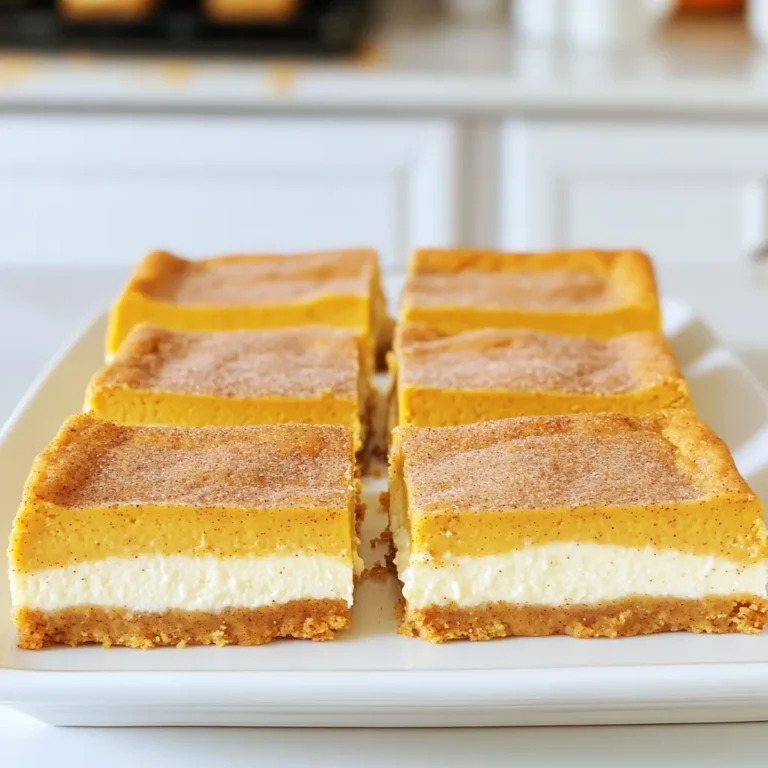 - 2 cups all-purpose flour - 1 teaspoon baking powder - 1 teaspoon ground cinnamon - 1/2 teaspoon salt - 3/4 cup unsalted butter, softened - 1 cup granulated sugar - 1 large egg - 1 teaspoon vanilla extract - 16 oz cream cheese, softened - 1 cup pumpkin puree - 1 cup powdered sugar - 2 large eggs - 1 teaspoon vanilla extract - 1 teaspoon ground cinnamon - 1/2 teaspoon ground nutmeg - 1/2 teaspoon ground ginger - 2 tablespoons granulated sugar - 1 teaspoon ground cinnamon Gathering the right ingredients is key to making these Pumpkin Snickerdoodle Cheesecake Bars. You start with the snickerdoodle crust. Use flour, baking powder, cinnamon, salt, butter, sugar, an egg, and vanilla extract. Each item adds a special touch. Next, prepare for the cheesecake filling. You’ll need cream cheese, pumpkin puree, powdered sugar, eggs, vanilla extract, and spices like cinnamon, nutmeg, and ginger. These flavors mix to create a rich filling that shines. For the topping, grab some granulated sugar and cinnamon. This mix will add that final sweet touch on top of your bars. All these ingredients come together to create a dessert that is both tasty and fun to make! 1. Preheat your oven to 350°F (175°C). This step warms up your kitchen. 2. In a medium bowl, whisk together the flour, baking powder, cinnamon, and salt. This helps mix the dry items well. 3. In a large bowl, beat the softened butter and granulated sugar until light and fluffy. This takes about 2-3 minutes. 4. Add the egg and vanilla extract to the butter mixture. Mix until combined. 5. Gradually add the dry ingredients to the wet mixture. Stop mixing as soon as it's combined. 6. Press the dough evenly into the bottom of a 9x13 inch baking pan. Make sure it covers the bottom well. 7. Bake for 15 minutes. The crust should be lightly golden. Once done, take it out and let it cool. 1. In a large bowl, beat the softened cream cheese until smooth. This is key for a creamy filling. 2. Add the pumpkin puree, powdered sugar, eggs, vanilla, cinnamon, nutmeg, and ginger. Mix until everything is smooth and creamy. 3. Carefully pour the cheesecake filling over the cooled snickerdoodle crust. Spread it evenly to cover the crust. 1. In a small bowl, mix the granulated sugar and cinnamon for the topping. This adds flavor and a nice finish. 2. Sprinkle this mixture evenly over the cheesecake layer. This gives a sweet touch on top. 3. Bake in the preheated oven for 25-30 minutes. The edges should be set, and the center should jiggle slightly. 4. Let the bars cool at room temperature for about 30 minutes. Then, refrigerate them for at least 2 hours to set before slicing into bars. To make the best snickerdoodle crust, start with room temperature ingredients. This helps the butter mix well with the sugar. If the butter is too cold, it won’t blend properly. Next, don’t overmix the crust. Just mix until it all comes together. This keeps the crust light and fluffy. For a smooth cheesecake filling, make sure your cream cheese is fully softened. Cold cream cheese can lead to lumps. Blend all the ingredients until smooth. This includes pumpkin puree, eggs, and spices. A creamy filling makes the bars taste rich and delicious. I love to garnish these bars with whipped cream on top. It adds a nice touch of sweetness. You can serve them chilled or at room temperature. Both ways, they taste great! For a fun twist, try dusting them with powdered sugar before serving. {{image_2}} You can easily make these bars even more fun. Try adding chocolate chips for a sweet surprise. The rich chocolate pairs well with the pumpkin. You can also drizzle caramel on top for a gooey finish. This adds a nice contrast to the spiced cheesecake. If you want a twist, use a graham cracker crust instead. It gives a nice crunch and a sweet flavor. For those who need gluten-free options, use gluten-free flour for the crust. It works well and keeps the bars delicious. Change things up with seasonal ingredients. Swap out the pumpkin for sweet potato for a unique taste. You can also toss in cranberries for a tart kick. This adds a bright flavor and makes the bars even more festive. To keep your bars fresh, place them in the fridge. Use an airtight container to protect them from drying out. You can also cover the pan tightly with plastic wrap. This keeps the flavors intact. I recommend eating them within five days for the best taste. If you want to save some for later, you can freeze them. First, cut the bars into squares. Wrap each piece in plastic wrap. Then, place them in a freezer bag. This keeps them fresh for up to three months. To enjoy, thaw them in the fridge overnight. This keeps the texture nice and creamy. Pumpkin Snickerdoodle Cheesecake Bars taste best when eaten fresh. I suggest you enjoy them within five days when stored in the fridge. If they start to smell off or look dry, it’s time to toss them. Always trust your senses when it comes to food safety. Yes, you can make these bars ahead of time. I recommend preparing them a day before. Let the bars cool at room temperature, then refrigerate. This allows the flavors to blend well. Serve them chilled or at room temperature. If you don’t have pumpkin puree, you can use sweet potato puree. You may also use butternut squash puree. The ratio is the same, one cup for each. These options give a similar taste and texture. To check for doneness, look for slight jiggles in the center. The edges should be set while the middle is a bit wobbly. It will firm up as it cools. Keep an eye on it to avoid overbaking. Yes, you can swap flavors easily! Try using chocolate or vanilla instead of pumpkin. You can also add fruit purees like raspberry or strawberry for a fruity twist. Adjust spices accordingly to match the new flavor. The Pumpkin Snickerdoodle Cheesecake Bars blend sweet and spicy flavors in a fun way. We covered ingredients for the snickerdoodle crust, creamy cheesecake filling, and tasty toppings. I shared step-by-step baking tips, fun variations, and storage info. Remember, using room temperature ingredients ensures the best texture. Enjoy these bars chilled or warm, and feel free to swap flavors! Baking should be fun, so experiment with different tastes and textures. Try this recipe, and make it your own!