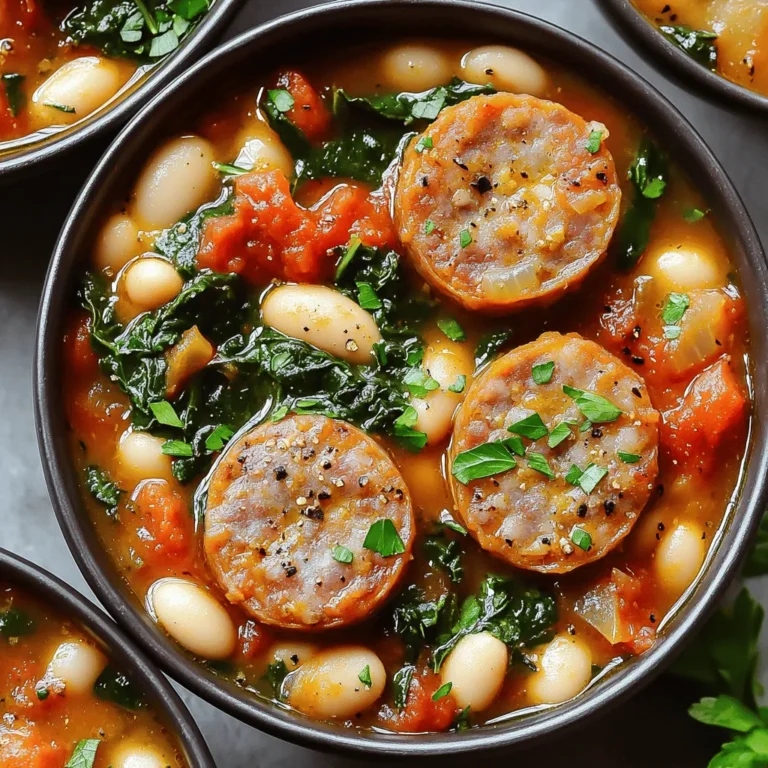 - 1 pound Italian sausage (or turkey sausage) - 1 can (15 oz) white beans (like cannellini or great northern) - 1 cup diced tomatoes - 1 cup vegetable broth - 1 large onion, chopped - 2 cloves garlic, minced - 2 carrots, diced - 2 celery stalks, diced - 2 cups fresh spinach leaves - 1 teaspoon dried thyme - 1 teaspoon dried oregano - Salt and pepper to taste Each ingredient plays a big role in this stew. The Italian sausage adds rich flavor and a nice texture. If you prefer a lighter dish, turkey sausage works great too. The white beans give the stew a creamy base, making it hearty. Diced tomatoes bring a sweet and tangy taste that brightens the dish. For vegetables, the onion and garlic form the base of flavor. Carrots and celery add sweetness and crunch. Spinach gives a fresh touch and bright color, making the stew look inviting. Seasonings like thyme and oregano bring warm, earthy notes. Salt and pepper enhance all the flavors, making each bite delicious. This mix of ingredients creates a rich and hearty meal that warms you from the inside out. 1. Start by slicing the Italian sausage into bite-sized pieces. You can use turkey sausage for a lighter meal. 2. Heat a skillet over medium heat. Cook the sausage until it turns brown, about 5 to 7 minutes. This step is optional, but browning adds rich flavor. 3. Once browned, transfer the sausage to the slow cooker. If you skipped browning, just add the raw sausage straight into the pot. 1. Now it’s time to add the rest of your ingredients. First, add one cup of diced tomatoes, one can of drained white beans, and the chopped onion. 2. Next, toss in minced garlic, diced carrots, and diced celery. Pour in one cup of vegetable broth. 3. Sprinkle in one teaspoon each of dried thyme and oregano. Add salt and pepper to taste. 4. Stir all the ingredients well. Make sure everything is mixed together nicely. 1. Cover the slow cooker with its lid. You have two options for cooking: set it to low for 6 to 8 hours or high for 3 to 4 hours. 2. The stew is done when the vegetables are soft and flavors are blended. 3. In the last 30 minutes of cooking, stir in two cups of fresh spinach leaves. Let them wilt into the stew for added flavor and color. Using fresh herbs can really boost the taste. Fresh thyme and parsley add a bright flavor. If you use dried herbs, be sure to measure carefully. They have a stronger taste. You can also add a kick with chili flakes. Start with a pinch and taste as you go. This will give your stew a nice heat without being too spicy. Adjusting the cooking time can change the texture. For a thicker stew, cook it longer on low. If you want a lighter stew, use the high setting for a shorter time. You can also make this dish ahead of time. It tastes even better after sitting overnight. Just reheat it when you’re ready to eat. This stew pairs perfectly with crusty bread. The bread soaks up the broth, making each bite tasty. For serving, use deep bowls. This helps show off the stew’s colors. Garnish with fresh parsley and a sprinkle of black pepper. It makes the dish look inviting and fresh. {{image_2}} You can easily change this stew to fit your diet. To make it vegetarian or vegan, skip the sausage. Use plant-based sausage or mushrooms for a meat-like taste. Replace the broth with vegetable broth for a rich flavor. Using beans as your main protein adds great texture. For gluten-free options, check that your broth is gluten-free. Most canned tomatoes and beans are gluten-free too. This way, everyone can enjoy the stew. You can swap ingredients if you want a twist. Try different beans like kidney beans or black beans. Each type has a unique flavor and texture. If you want more protein, use chicken or turkey instead of sausage. Adding more vegetables makes it heartier. Toss in bell peppers, zucchini, or sweet potatoes. This adds color and nutrition, making your stew even better. Give your stew a global flair by using different spices. For a Cajun kick, add Cajun seasoning or smoked paprika. Italian flavors shine with basil or rosemary. You can also mix in cultural ingredients. For a Mexican twist, add corn and diced jalapeños. A sprinkle of cilantro at the end enhances the flavor. Each variation brings something new to your bowl of stew, making it exciting every time you cook! After you finish your stew, let it cool. Pour it into a sealed container. Store it in the fridge. This helps keep it fresh. You can enjoy it for up to three days. Make sure it cools down before putting it away. This prevents condensation and sogginess. To freeze your stew, first, let it cool completely. Then, transfer it to a freezer-safe container. You can use zip-top bags too. Squeeze out the air before sealing. This keeps the stew tasty. It can stay frozen for up to three months. When you're ready to eat, thaw it overnight in the fridge. Reheat it on the stove or in the microwave. Add a splash of broth to keep it moist. In the fridge, your stew lasts about three days. When frozen, it can last for three months. After that, the flavor may fade. Always check for signs of spoilage, like an off smell or color. Enjoy your hearty stew while it's at its best! To add heat, you can use red pepper flakes. Start with a small amount, like 1/4 teaspoon. You can always add more later. Another way is to use spicy Italian sausage instead of mild. You can also add diced jalapeños or hot sauce while cooking. These options will give your stew a nice kick. Yes, you can skip browning the sausage. If you do, the stew will still taste good. However, browning adds a deeper flavor and nice texture. It caramelizes the meat and enhances the overall taste. If you are short on time, feel free to add the raw sausage directly into the slow cooker. If you need a substitute for white beans, try black beans or kidney beans. Black beans have a rich, earthy flavor. Kidney beans are firmer and have a slight sweetness. You can also use pinto beans for a creamier texture. Each option will add its own twist to the dish. This recipe is great for meal prep. You can make a big batch and store it in the fridge. It stays fresh for up to three days. For longer storage, freeze it in airtight containers. When you’re ready to eat, just reheat it on the stove or in the microwave. This makes it easy to enjoy a hearty meal anytime. This blog post gives you a clear guide to making Slow Cooker Sausage White Bean Stew. You learned about the key ingredients, like sausage and white beans, and how to prepare them. We also covered tips for flavor and serving suggestions to make your dish shine. Experiment with variations to suit your taste, and don’t forget about storage tips for leftovers. Enjoy making this hearty stew, and feel free to share your own twists. Happy cooking!