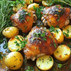 - 4 boneless, skinless chicken thighs - 1 lb baby potatoes, halved - 1/2 cup unsalted butter, melted - 6 cloves garlic, minced - 2 tablespoons fresh rosemary, chopped - 1 tablespoon fresh thyme, chopped - 1 tablespoon lemon juice - Salt and pepper to taste - 1 teaspoon paprika - 1 tablespoon olive oil - Fresh parsley, for garnish - Large mixing bowl - Sheet pan - Measuring cups and spoons - Knife and cutting board You need a few key ingredients for this Garlic Butter Chicken and Potatoes dish. First, the chicken thighs are juicy and tender. I love using boneless, skinless thighs because they cook evenly and soak up flavor well. Next, let's talk about the potatoes. Baby potatoes are perfect for this recipe. Their small size means they cook quickly and get crispy edges. The garlic butter sauce is the star here. You need unsalted butter, which you will melt. The garlic adds a rich, deep flavor. Don't forget the fresh herbs! Rosemary and thyme bring a nice aroma. Lemon juice adds a fresh zing, balancing the richness of the butter. Salt and pepper, along with paprika, enhance all the flavors. Lastly, you’ll want fresh parsley for a pop of color. It brightens the dish and makes it look nice on the table. Gather these ingredients, and you’ll be ready to create a delicious meal! - In a large bowl, combine: - 1/2 cup unsalted butter, melted - 6 cloves garlic, minced - 2 tablespoons fresh rosemary, chopped - 1 tablespoon fresh thyme, chopped - 1 tablespoon lemon juice - 1 teaspoon paprika - Salt and pepper to taste Mix well to create a rich garlic butter marinade. Next, add 4 boneless, skinless chicken thighs to the bowl. Make sure they are well coated. Let them marinate for about 15 minutes. This step is key for flavor. - While the chicken marinates, take 1 lb of baby potatoes, halved. - In another bowl, drizzle with 1 tablespoon olive oil. - Season with salt and pepper. Toss the potatoes until they are evenly coated. This simple step adds flavor and helps them roast nicely. - Grab a large sheet pan. - Arrange the marinated chicken in the center. - Spread the seasoned potatoes around the chicken. Don't forget to pour any remaining marinade over both the potatoes and chicken. This adds extra flavor and moisture during cooking. - Preheat your oven to 400°F (200°C). - Roast everything in the oven for 30-35 minutes. Check for doneness by ensuring the chicken reaches an internal temperature of 165°F (74°C). The potatoes should be golden and tender. This dish cooks quickly and fills your kitchen with amazing smells. For the best flavor, marinate the chicken for at least 15 minutes. This allows the garlic and herbs to soak into the meat. If you're short on time, even a quick 5-minute soak works. You can try other marinades too! Use olive oil, lemon juice, and herbs like basil or oregano if garlic butter isn't available. To get crispy potatoes, cut them in half and toss them in olive oil. Spread them out on the pan. This helps them brown evenly. Also, roast them at 400°F. This high heat gives them that nice crunch. For juicy chicken, make sure it’s not overcooked. Use a meat thermometer to check when it hits 165°F. Let it rest for a few minutes before serving. For a rustic look, serve right from the sheet pan. It adds charm to your dinner. You can also plate individual servings. Add steamed green beans for color. Drizzle some leftover garlic butter over the chicken and potatoes for extra taste. It makes every bite rich and flavorful. {{image_2}} You can change the protein in this dish easily. Instead of chicken thighs, try chicken breast or even turkey. Each option will give you a different flavor and texture. For veggies, switch to sweet potatoes or carrots. Both add a nice sweetness that pairs well with garlic butter. Adding herbs and spices can make this dish your own. Try using oregano or basil for a twist. You can also add a splash of soy sauce or Worcestershire sauce to the marinade. Each will bring a new depth of flavor. Don’t be afraid to experiment with what you have at home! For meal prep, portion out the chicken and potatoes into containers. This makes it easy to grab a meal on busy days. You can keep leftovers in the fridge for up to four days. If you want to store it longer, freeze it! Just make sure to use airtight containers. When you're ready to eat, thaw it in the fridge overnight and reheat it in the oven or microwave. To store leftovers, let the dish cool down to room temperature. Place the chicken and potatoes in an airtight container. This helps keep them fresh and tasty. Use a container that fits well to avoid extra air. For best results, eat leftovers within three days. If you want to freeze the dish, first let it cool completely. Then, cut the chicken and potatoes into smaller pieces. Place them in a freezer-safe bag or container. Make sure to squeeze out the air to prevent freezer burn. You can freeze this dish for up to three months. When you want to eat it, take the bag out of the freezer. Thaw it in the fridge overnight or use the microwave. Reheat in the oven at 350°F (175°C) until heated through. Check that the chicken reaches 165°F (74°C) for safety. To check if your chicken is fully cooked, use a meat thermometer. The chicken should reach an internal temperature of 165°F (74°C). Insert the thermometer into the thickest part of the thigh. If it reads 165°F, your chicken is safe to eat. If not, return it to the oven and check again after a few minutes. Always ensure the juices run clear when you cut into the chicken. Yes, you can make this dish ahead of time. Marinate the chicken and prepare the potatoes a day before. Store them in the fridge in a sealed container. When you're ready to cook, just spread everything on the sheet pan and roast. This saves time and allows the flavors to deepen. If you prefer, you can also cook it ahead and reheat it later. This meal is great on its own, but you can add side dishes for balance. Here are some ideas: - Steamed green beans for a fresh crunch - Roasted broccoli for a nice color - Simple salad to lighten the plate - Garlic bread to soak up extra butter These sides will enhance your meal and make it even more enjoyable! You learned how to make a delicious garlic butter chicken and potatoes dish. We covered the key ingredients, kitchen tools, and steps for cooking. I shared tips for marination and cooking, giving you options to personalize your meal. You can store leftovers properly and even prep ahead of time. By following these steps, you can create a tasty meal that impresses everyone. Enjoy exploring flavors and variations that make this dish your own. Happy cooking!