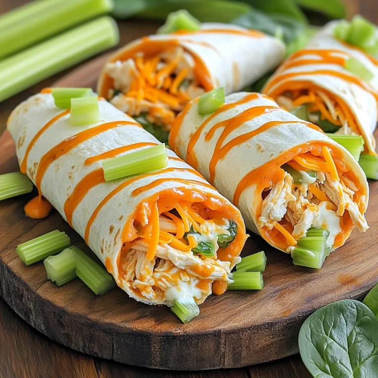 - 2 cups cooked and shredded chicken breast - 1/2 cup buffalo sauce - 1/4 cup cream cheese - 1/2 cup shredded cheddar cheese - 1/2 cup chopped celery - 4 large flour tortillas - 1 cup baby spinach - 1/4 cup ranch dressing - Salt and pepper to taste To make these wraps, you need simple ingredients. Start with cooked and shredded chicken. Use about two cups. Next, grab half a cup of buffalo sauce. This gives the wraps their spicy kick. You will also need a quarter cup of cream cheese. This adds creaminess to the mix. Then, get half a cup of shredded cheddar cheese. This will melt slightly and add flavor. Chopped celery is a must. You need half a cup for crunch. Next, use four large flour tortillas to wrap everything up. A cup of baby spinach gives a fresh touch. Lastly, grab a quarter cup of ranch dressing for drizzling. - Vegetables: diced bell peppers, jalapeños - Alternative cheeses: blue cheese, pepper jack - Additional sauces: BBQ sauce, Sriracha Want to switch it up? You can add more veggies. Diced bell peppers or jalapeños work great. For cheese lovers, try blue cheese or pepper jack. They add a nice twist. Feeling adventurous? Drizzle some BBQ sauce or Sriracha for extra flavor. These options let you make the wraps your own. The combinations are endless, making each bite fun and unique. To start, grab a large mixing bowl. Add 2 cups of cooked and shredded chicken breast. Next, pour in 1/2 cup of buffalo sauce. Mix them well until the chicken is fully coated in the sauce. This gives the chicken that spicy kick we love. Now, take 1/4 cup of softened cream cheese and add it to the bowl. Stir it in until it blends smoothly with the chicken and sauce. The cream cheese adds creaminess and balances the heat. Now it's time to add more flavor. Fold in 1/2 cup of shredded cheddar cheese and 1/2 cup of chopped celery. The cheddar gives a nice cheesy taste, while the celery adds crunch. Mix everything well. Don’t forget to season with salt and pepper to taste. This step is important for enhancing the flavors in your wrap. Lay out 4 large flour tortillas on a clean surface. Start by placing a handful of baby spinach in the center of each tortilla. This adds freshness and color. Next, scoop a generous amount of the buffalo chicken mixture on top of the spinach. Drizzle 1/4 cup of ranch dressing over the chicken. The ranch adds a cool contrast to the spicy buffalo flavor. Now, fold in the sides of each tortilla. Then, roll it up tightly from the bottom to the top. This helps keep all the filling inside. Finally, cut each wrap in half for easy handling and serving. Enjoy your Minute Buffalo Chicken Wraps! - Use pre-shredded chicken for faster prep. It saves time and effort. - Grab store-bought buffalo sauce for convenience. This makes cooking quick and easy. - Arrange your wraps on a nice platter. Add garnishes for a pop of color. - Serve with extra ranch dressing and celery sticks on the side. This adds crunch and flavor. - Adjust spice levels by choosing different buffalo sauces. Pick a milder or hotter sauce based on your taste. - Create variations with different vegetables or proteins. You can try bell peppers or black beans for a twist. {{image_2}} You can make a tasty vegetarian wrap by swapping chicken for black beans or chickpeas. Both options add protein and fiber. Simply mash the beans or chickpeas and mix them with buffalo sauce. This keeps the flavor strong while still being meat-free. You can also add some chopped vegetables for crunch. Bell peppers or cucumbers work well here. If you love heat, try adding sliced jalapeños or extra hot sauce. This will kick up the spice level and add a nice crunch. Just sprinkle the jalapeños over the chicken mixture before you wrap it up. For extra flavor, mix in a spoon of hot sauce with the buffalo sauce. This will make your wraps even more exciting and bold. For a gluten-free version, use gluten-free tortillas. They come in many flavors and sizes. You can find them at most grocery stores. Ensure your buffalo sauce and ranch dressing are gluten-free, too. This way, everyone can enjoy the wraps without worry. They taste just as good as the regular ones! To keep your wraps fresh, place them in the fridge. Wrap them tightly in plastic wrap or foil. You can also use an airtight container. Make sure the container is clean and dry. This helps keep the wraps from getting soggy. Leftovers can last about three days in the refrigerator. For the best taste and texture, reheat the wraps gently. You can use a microwave or an oven. If you use a microwave, heat each wrap for 30 seconds. Check if it's warm enough. If not, heat for another 15 seconds. For the oven, preheat it to 350°F (175°C). Place the wraps on a baking sheet. Heat for about 10 minutes. This keeps the tortilla nice and crispy. Enjoy your tasty leftovers! You can prep Minute Buffalo Chicken Wraps early. Start by mixing the chicken and buffalo sauce. Store this mixture in the fridge for up to two days. You can also prepare the cream cheese mix ahead. Just keep it in a sealed container. When ready to serve, assemble the wraps with fresh spinach and ranch dressing. This way, your wraps stay fresh and tasty. Yes, you can freeze Buffalo Chicken Wraps. After you make them, wrap each one in plastic wrap. Place them in a freezer bag, removing as much air as possible. They can stay frozen for about three months. To reheat, thaw in the fridge overnight. Then, warm them in the oven or microwave until hot. Buffalo Chicken Wraps pair well with many sides. Here are some ideas: - Fresh veggie sticks like carrots and cucumbers - Potato chips or tortilla chips - A simple green salad with light dressing - Fruit salad for a sweet twist These sides add color and flavor to your meal, making it more enjoyable! In this post, I shared a tasty recipe for Buffalo Chicken Wraps. You learned about the main ingredients and easy steps to prepare them. I also covered tips for quick cooking and presentation, plus some fun variations to try. Whether you want a spicy treat or a veggie option, these wraps are flexible. Enjoy these wraps fresh or save leftovers for later. With simple steps and tasty ingredients, you’ll impress everyone with your cooking. Now it's your turn to make these delicious wraps!