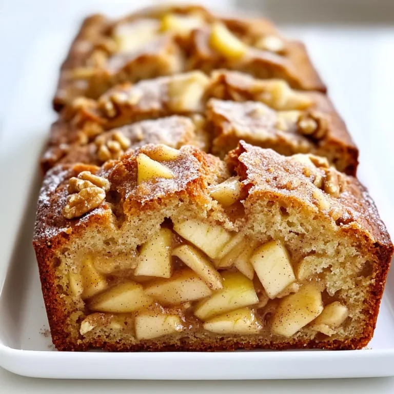 - 2 cups all-purpose flour - 1 teaspoon baking powder - 1/2 teaspoon baking soda - 1 teaspoon ground cinnamon - 1/4 teaspoon nutmeg - 1/2 teaspoon salt - 1/2 cup unsalted butter, softened - 1 cup brown sugar, packed - 2 large eggs - 1 teaspoon vanilla extract - 1/2 cup buttermilk (or milk with a splash of lemon juice) - 2 cups diced apples (Granny Smith or Honeycrisp work well) - 1/2 cup chopped walnuts or pecans (optional) - Additional cinnamon sugar for topping: 2 tablespoons sugar mixed with 1 teaspoon cinnamon You can add nuts for crunch. Walnuts or pecans work great. You can also add raisins for extra sweetness. If you want, try a dash of ginger for a warm spice kick. If you don’t have buttermilk, mix regular milk with a splash of lemon juice. You can swap all-purpose flour for whole wheat flour for more fiber. If you don’t like nuts, just leave them out. For a dairy-free option, use coconut oil instead of butter. Start by preheating your oven to 350°F (175°C). This step warms the oven for even baking. Next, grab a 9x5 inch loaf pan. Grease it well with butter or oil. Then, sprinkle a little flour inside. This helps the bread come out easily after baking. In a medium bowl, mix the dry ingredients. Combine 2 cups of all-purpose flour, 1 teaspoon of baking powder, and 1/2 teaspoon of baking soda. Add in 1 teaspoon of ground cinnamon, 1/4 teaspoon of nutmeg, and 1/2 teaspoon of salt. Use a whisk to blend these together well. This step is key for even flavor in your bread. Now, take a large mixing bowl. Add 1/2 cup of softened unsalted butter and 1 cup of brown sugar. Beat them together with a mixer until creamy. This should take about 2 to 3 minutes. The mix should look light and fluffy. It’s important to get this right for a soft bread. Next, add 2 large eggs one at a time. Mix well after each egg. Then, add 1 teaspoon of vanilla extract. Now it’s time to mix the dry and wet ingredients. Gradually add the flour mix to the butter mix. Alternate this with 1/2 cup of buttermilk. Start and end with the dry mix. Stir until just combined. Don’t overmix! Now, fold in 2 cups of diced apples. Use Granny Smith or Honeycrisp for the best flavor. If you like, add 1/2 cup of chopped walnuts or pecans. Gently mix until the apples and nuts are spread throughout the batter. This adds great texture and taste to the bread. Pour the batter into your prepared loaf pan. Use a spatula to smooth the top. Sprinkle the cinnamon sugar mixture on top. Bake in the oven for 55 to 60 minutes. Check with a toothpick; it should come out clean when done. After baking, let it cool in the pan for 10 minutes. Then move it to a wire rack to cool completely. Enjoy the warm, sweet smell as it fills your kitchen! To make your bread soft, use fresh flour. Old flour can weigh down the loaf. Make sure your butter is soft but not melted. This helps the sugar blend well. Mix the batter gently to keep air in. This will give you a light and fluffy bread. Don’t overmix after adding the apples. This keeps the pieces intact and adds texture. For more flavor, you can add a splash of lemon juice to the apples. This brightens up their taste. If you like nuts, walnuts or pecans add crunch. You can also use different spices. Try adding a bit of ginger or cardamom for a twist. A small amount of vanilla extract will boost the sweetness too. Lastly, a sprinkle of cinnamon sugar on top adds a sweet finish. Cooling is key to good bread. After baking, let the loaf sit in the pan for 10 minutes. This helps it firm up. Then, move it to a wire rack. This allows air to flow around it. If you cool it in the pan too long, it can get soggy. Let it cool completely before slicing to keep the bread from crumbling. Enjoy each slice fresh for the best taste! {{image_2}} You can swap out apples for other fruits. Pears add a juicy twist. Bananas bring a soft texture. Berries like blueberries or raspberries add a tart flavor. Each fruit changes the taste and keeps it fun. Mix it up and see what you like best! To make this bread gluten-free, use a gluten-free flour blend. Check that your baking powder is gluten-free too. This swap makes it safe for those with gluten issues. The texture might be different but still tasty. Enjoy your gluten-free treat without worry! For a vegan version, replace eggs with flaxseeds. Mix 1 tablespoon of flaxseed with 3 tablespoons of water. Let it sit to thicken. Use plant-based butter instead of regular butter. Swap buttermilk for almond or soy milk with a splash of vinegar. These changes keep the bread soft and flavorful. To keep your apple cinnamon bread fresh, wrap it well. Use plastic wrap or aluminum foil. Store it at room temperature for up to three days. If you want to keep it longer, place it in the fridge. This can extend its life for about a week. However, the bread may dry out in the fridge. So, use wrapping to help retain moisture. If you want to freeze the bread, let it cool completely first. Wrap the loaf tightly in plastic wrap. Then, place it in a freezer bag. This method helps prevent freezer burn. You can freeze the bread for up to three months. When you're ready to enjoy it, thaw it in the fridge overnight or at room temperature for a few hours. To reheat your apple cinnamon bread, preheat your oven to 350°F (175°C). Remove the wrapping and place the bread on a baking sheet. Heat it for about 10-15 minutes. This warms it up and restores some of its freshness. You can also slice the bread and toast it in a toaster. This adds a nice crispness to each slice. Enjoy it warm with butter or cream cheese! To keep your bread moist, use room temperature ingredients. This includes butter and eggs. Buttermilk adds moisture, so don’t skip it. You can also avoid overmixing the batter, as this can dry it out. Let it cool in the pan for a bit before moving it to a wire rack. This helps keep the moisture in. Yes, you can use regular milk. Just add a splash of lemon juice to mimic buttermilk. This simple swap keeps your bread tender. It works well and still gives a nice flavor. Granny Smith and Honeycrisp apples are fantastic choices. Granny Smith gives a tart flavor, while Honeycrisp adds sweetness. You can mix both for a more complex taste. Always choose firm apples for the best texture. You can keep the bread fresh for about 3 to 4 days at room temperature. Wrap it tightly in plastic wrap. If you want it to last longer, freeze it. It can stay good in the freezer for up to 3 months. You can find bakery-style apple cinnamon bread in local bakeries, especially during fall. Some grocery stores also carry it. If you want a unique flavor, try making it at home. It’s fun, and you can control the ingredients! This article covered everything you need for perfect apple cinnamon bread. We discussed the key ingredients, easy steps, and helpful tips. You learned how to store and freeze your loaf. Plus, we explored variations for everyone to enjoy. Baking this bread can bring warmth to your kitchen and smiles to your table. Use what you learned and share your yummy results! Happy baking!