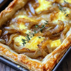 - 1 sheet of puff pastry, thawed - 3 large onions, thinly sliced - 2 tablespoons olive oil - 1 tablespoon butter - 1 teaspoon sugar - 1 teaspoon salt - 1 teaspoon fresh thyme leaves (or ½ teaspoon dried thyme) - 1 cup Gruyère cheese, grated - 2 large eggs - 1 cup heavy cream - Freshly ground black pepper to taste - Puff pastry: 1 sheet - Onions: 3 large - Olive oil: 2 tablespoons - Butter: 1 tablespoon - Sugar: 1 teaspoon - Salt: 1 teaspoon - Thyme: 1 teaspoon fresh (or ½ teaspoon dried) - Gruyère cheese: 1 cup grated - Eggs: 2 large - Heavy cream: 1 cup - Black pepper: to taste - You can add a pinch of nutmeg for warmth. - Consider using a mix of cheeses like cheddar or feta for a twist. - A splash of white wine during onion cooking adds depth. - Fresh herbs like parsley or chives can brighten the dish. These ingredients will help you create a rich and tasty tart. You can mix and match according to your taste. Enjoy the process of making it! First, set your oven to 400°F (200°C). This step warms your oven for even baking. A hot oven helps the pastry rise and become crispy. Next, grab a large skillet and add two tablespoons of olive oil and one tablespoon of butter. Heat this over medium heat. Once hot, add three thinly sliced onions. Stir them well, then sprinkle with one teaspoon of salt and one teaspoon of sugar. Cook the onions for about 20-25 minutes. Stir often. You want them soft and golden brown. In the last few minutes, add one teaspoon of fresh thyme leaves. This adds great flavor. Once done, remove from heat and set aside. Now, take your thawed puff pastry sheet. Place it on a lightly floured surface. Roll it out until it fits your tart pan, about 10 inches wide. Carefully transfer the pastry to the pan. Press it into the edges to avoid leaks. Trim any extra pastry from the edges. Spread one cup of grated Gruyère cheese evenly over the bottom of the pastry shell. In a bowl, whisk together two large eggs and one cup of heavy cream. Add a pinch of freshly ground black pepper for taste. Pour this mixture over the cheese in the tart shell. Finally, gently layer the caramelized onions on top. Place the tart in your preheated oven. Bake for 25-30 minutes. Look for a golden brown crust and set custard. The smell will be amazing! After baking, let the tart cool slightly. This makes slicing easier. You can serve it warm or at room temperature. It pairs well with a simple salad for a delicious meal. Enjoy your tasty creation! To get the best caramelized onions, start with the right heat. Use medium heat to cook them slowly. This helps develop their sweet flavor. Add olive oil and butter to your skillet first. The butter adds richness, while the oil prevents burning. Slice your onions thinly. This helps them cook evenly. Sprinkle salt and sugar over the onions to help them caramelize. Stir often. The goal is to reach a golden brown color, which takes about 20 to 25 minutes. Add thyme in the last few minutes for an extra flavor boost. When working with puff pastry, keep it cold. Cold pastry puffs up better when baking. Thaw it in the fridge until you are ready to use it. Roll it out on a lightly floured surface. Aim for about a 10-inch circle to fit your tart pan. Transfer the pastry carefully to the pan. Press it into the edges and trim any excess. This helps keep the filling from spilling over. If the pastry tears, don’t worry! Just patch it up with a little extra dough. Seasoning is key to a great tart. Use fresh thyme for a fragrant touch. If you only have dried thyme, that works too. A pinch of freshly ground black pepper adds depth. You can also try adding a pinch of nutmeg or a dash of garlic powder for extra flavor. Remember to taste as you go. Adjusting the seasonings will make your tart truly shine. {{image_2}} You can switch out Gruyère for other cheeses. Try sharp cheddar for a stronger flavor. Fontina brings a creamy richness, while feta adds a tangy twist. Each cheese gives a unique taste. Mix and match to find your favorite combo. Feel free to add extra veggies or proteins. Spinach or mushrooms work well in this tart. You can also add cooked bacon or ham for a hearty touch. Just sauté them before adding to the tart. This way, you pack in more flavor and texture. If you need a gluten-free option, use gluten-free puff pastry. Many brands offer tasty choices that work well. Just follow the package instructions for baking. Your tart will still have that flaky goodness everyone loves. To keep your tart fresh, let it cool completely. Place it in an airtight container. You can also cover it tightly with plastic wrap. Store it in the fridge for up to three days. The tart tastes best when eaten fresh, but proper storage helps. When you're ready to enjoy your leftovers, preheat your oven to 350°F (175°C). Place the tart on a baking sheet. Warm it in the oven for about 15-20 minutes. This method keeps the crust crispy and the filling creamy. You can also use a microwave, but the crust may become soft. If you want to freeze the tart, slice it first. Wrap each slice in plastic wrap tightly. Then, place them in a freezer-safe bag. Label the bag with the date. You can freeze it for up to three months. To enjoy, thaw slices in the fridge overnight and reheat as mentioned above. Yes, you can make this tart ahead of time. Prepare the tart fully, but do not bake it. Cover it well and store it in the fridge for up to 24 hours. When you are ready to bake, just pop it in the oven. It will taste fresh and delicious. This tart pairs great with many sides. A simple green salad adds a nice crunch. You can also serve it with a light soup, like tomato or butternut squash. For a more filling meal, add some roasted vegetables or a charcuterie board. These options will make your meal feel complete. You know the tart is done when the pastry looks golden brown. The custard should be set, not jiggly. If you press gently on the top, it should feel firm. If it’s still soft, give it a few more minutes in the oven. Always trust your eyes and touch! In this blog post, we explored how to make a Caramelized Onion Gruyère Tart. We covered the ingredients, from basic to optional enhancements, and provided step-by-step instructions. I shared tips for perfect onions and pastry handling, along with delicious variations and storage info. Now, you have the tools to create a tasty dish that impresses. Enjoy your cooking journey, and remember: the best ingredient is your personal touch. Happy baking!