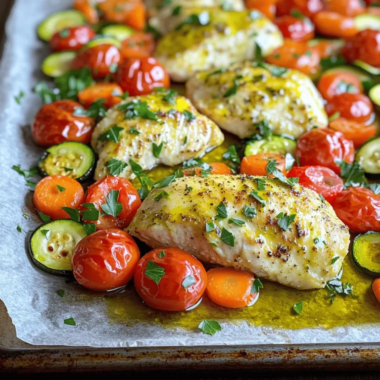- 4 boneless, skinless chicken breasts - 1 packet (1 oz) ranch seasoning mix - 2 tablespoons olive oil - 1 teaspoon garlic powder - 1 teaspoon onion powder - 1 teaspoon smoked paprika - 1 red bell pepper, chopped - 1 zucchini, sliced - 1 cup cherry tomatoes, halved - 1 cup baby carrots - Salt and pepper to taste For this dish, the chicken is the star. I use four boneless, skinless chicken breasts. These cook evenly and stay juicy. The ranch seasoning mix adds a rich flavor that everyone loves. I also mix in garlic powder, onion powder, and smoked paprika for depth. Next, the veggies add color and nutrition. I choose a red bell pepper for sweetness, zucchini for crunch, and cherry tomatoes for juiciness. Baby carrots round out the mix with their bright orange hue. - Fresh parsley - Extra ranch dressing Garnishing is easy yet fun. I like to sprinkle fresh parsley on top. It adds a pop of green and freshness. If you want more flavor, drizzle on extra ranch dressing. This makes the dish even more delicious. 1. Preheat the oven and prepare the sheet pan First, set your oven to 400°F (200°C). Line a large sheet pan with parchment paper. This makes for easy cleanup later. 2. Mix the marinade In a small bowl, take the ranch seasoning mix, garlic powder, onion powder, and smoked paprika. Add the olive oil too. Mix them well. This will be your tasty marinade. 1. Marinate chicken and prepare vegetables Place the chicken breasts in a large bowl. Pour the marinade over the chicken. Toss it well to coat every piece. Let the chicken sit for at least 15 minutes. While it marinates, chop your red bell pepper, slice the zucchini, and halve the cherry tomatoes. Get your baby carrots ready too. 2. Arrange on the sheet pan On the prepared pan, spread the chopped bell pepper, zucchini, cherry tomatoes, and baby carrots. Drizzle with olive oil, then sprinkle with salt and pepper. Toss the veggies lightly to mix. Next, place the marinated chicken on top. Make sure the chicken and veggies are spread out. This helps them cook evenly. 3. Bake and check for doneness Put the sheet pan in your preheated oven. Bake for 25-30 minutes. Check that the chicken reaches 165°F (75°C) inside. It should be golden brown. The veggies will be tender and slightly caramelized. When done, take the pan out and let it rest for 5 minutes. Garnish with fresh parsley before serving. To ensure even cooking of chicken and veggies, spread them out on the sheet pan. If they are too close, they can steam instead of roast. This means no crispy edges! Use a large pan if you have one. Marinating the chicken is key. Let it sit for at least 15 minutes. This helps the flavors soak in well. You can marinate longer if you want a stronger taste. Just remember to keep it in the fridge! For a nice presentation, serve right from the sheet pan. This gives a rustic look. You can also use a large platter. Arrange the chicken and veggies in a fun way. Drizzle a bit of extra ranch dressing on top. This adds flavor and looks great! Pair this dish with a simple salad or warm bread. The fresh tastes balance well with the meal. Enjoy it with your favorite drink, like iced tea or lemonade. This makes for a complete and delightful meal! {{image_2}} You can change the veggies in this dish to suit your taste. Here are some great options: - Broccoli florets - Cauliflower florets - Asparagus spears - Sweet potatoes, diced Feel free to mix and match! You can also use different ranch seasonings. Try a spicy ranch or a herb blend. These changes can make the dish exciting. If you want a low-carb meal, swap the veggies for low-carb choices. Use: - Zucchini noodles - Cauliflower rice - Spinach These swaps keep it tasty and healthy. For a gluten-free option, check your ranch seasoning. Some brands add gluten. Always choose certified gluten-free products to stay safe. To store leftovers, let the dish cool first. Place the chicken and veggies in an airtight container. Keep it in the fridge for up to four days. If you like, divide the meal into single servings. This makes it easy to grab when you're hungry. Always use clean utensils to avoid germs. To reheat chicken and veggies, use the oven for best results. Preheat the oven to 350°F (175°C). Place the leftovers on a baking sheet. Cover with foil to keep moisture in. Heat for about 15-20 minutes, or until warm. You can also use a microwave. Heat in short bursts, stirring in between. This helps warm it evenly. Enjoy your meal just like it was fresh! How long to cook chicken on a sheet pan? Cook chicken on a sheet pan for 25 to 30 minutes. The chicken should reach 165°F. This ensures it is safe to eat and stays juicy. What can I substitute for ranch seasoning? You can use Italian seasoning or a mix of garlic powder, onion powder, and herbs. These options bring a nice flavor to your chicken and veggies, too. Feel free to mix and match spices that you like. Can I use frozen vegetables in this recipe? Yes, you can use frozen vegetables. However, they might need a few extra minutes to cook fully. Just keep an eye on them to make sure they get tender. Frozen veggies are a great time-saver and still taste good. This blog post walked through making a tasty chicken sheet pan meal. We covered key ingredients like chicken, veggies, and seasonings. I shared steps to prep and cook the dish. Tips for even cooking and serving ideas help you shine. You can even customize this meal to fit your needs. Remember, cooking should be fun and easy. With these steps, anyone can enjoy a great meal. Try this recipe, and make it your own!