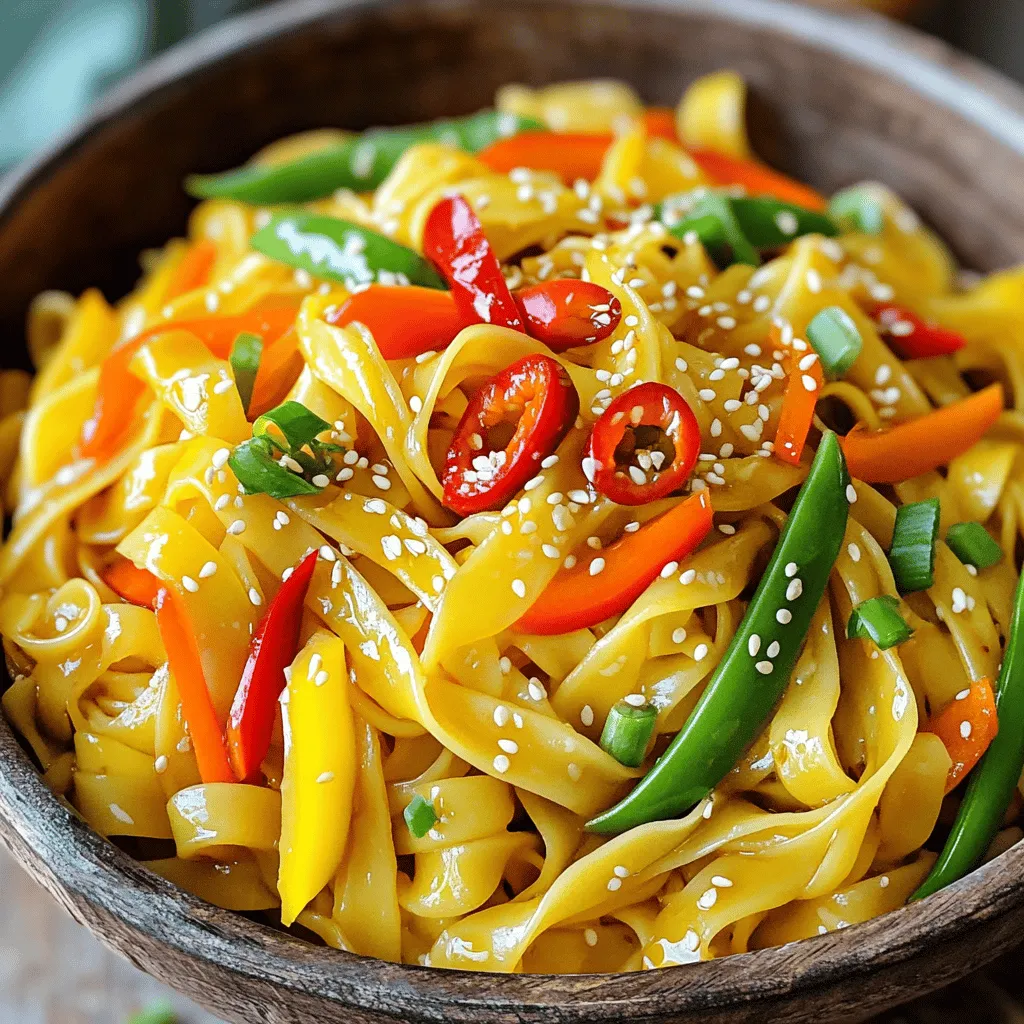 To make Garlic Chili Noodles Stir Fry, gather these simple ingredients: - 200g egg noodles - 3 tablespoons vegetable oil - 5 cloves garlic, minced - 2 red chilies, sliced - 1 bell pepper, sliced - 1 carrot, julienned - 100g sugar snap peas, trimmed - 3 green onions, chopped - 3 tablespoons soy sauce - 1 tablespoon oyster sauce (optional) - 1 teaspoon sesame oil - Salt and pepper to taste - Sesame seeds for garnish Each ingredient plays a key role in this dish. The egg noodles provide a soft base. Garlic adds a strong, savory punch. The chilies bring heat, while the bell pepper and carrot add color and crunch. Sugar snap peas give a fresh bite. Green onions finish with a mild onion flavor. Soy sauce and oyster sauce infuse saltiness and depth. The sesame oil adds a nutty aroma. Lastly, sesame seeds give a lovely finish. Having everything ready before you start is important. It makes the cooking process smooth and quick. This dish not only tastes great but also looks vibrant. Enjoy the cooking adventure! First, boil water in a large pot. Add 200g of egg noodles to the pot. Cook according to the package instructions. I usually check the noodles after about 4 minutes. They should be tender but still firm. Once cooked, drain them well. Set them aside to cool. Next, grab a large wok or skillet. Heat 3 tablespoons of vegetable oil over medium-high heat. Add 5 cloves of minced garlic and 2 sliced red chilies. Stir them quickly for about 30 seconds. You want the garlic to be fragrant, not burnt. Now, toss in 1 sliced bell pepper, 1 julienned carrot, and 100g of trimmed sugar snap peas. Stir-fry these for about 3 to 4 minutes. The veggies should be bright and tender-crisp. Now it’s time to mix in the noodles. Add the cooked egg noodles to the wok. Gently toss them with the vegetables. Pour in 3 tablespoons of soy sauce, 1 tablespoon of oyster sauce (if you want), and 1 teaspoon of sesame oil. Ensure the noodles are well-coated. Stir-fry everything together for another 2 to 3 minutes. Taste and add salt and pepper as needed. Finally, fold in 3 chopped green onions. Serve hot and sprinkle sesame seeds on top for a nice crunch. To get that perfect stir-fry, you need high heat. Start with a hot wok or skillet. This helps the food cook fast and stay crisp. Always have your ingredients ready. This way, you won’t lose heat while cooking. Stir quickly to keep everything moving. You want all the flavors to blend well. If you like spice, add more red chilies. You can also use chili flakes for extra heat. If it’s too spicy, try adding more noodles or veggies. This helps balance the heat. Always taste as you go. This way, you can adjust the flavors to your liking. Don’t have egg noodles? You can use rice noodles or even spaghetti. If you want more veggies, add broccoli or zucchini. For a vegan option, skip the oyster sauce. You can replace it with more soy sauce or a dash of vinegar. Be creative and use what you have! {{image_2}} To make your dish vegan, swap the egg noodles for rice noodles or vegetable noodles. You can also replace the oyster sauce with a splash of soy sauce or a vegan alternative. This keeps the flavor bold and tasty. Add more veggies like broccoli or mushrooms for extra nutrients. Want to add protein? You can toss in tofu, chicken, or shrimp. Cook the protein first, then set it aside. Add it back in when you mix in the noodles. This adds heartiness to your meal. Be sure to season the protein well for great taste. If you want a twist, try different noodles. Soba or udon noodles work great too. They offer unique textures and flavors. Rice noodles are another option, especially for a gluten-free meal. Make sure to adjust cooking times based on the noodle type you choose. After cooking, let your Garlic Chili Noodles cool down. Place the noodles in an airtight container. Store them in the fridge. They stay fresh for up to three days. Always check for any signs of spoilage before eating. To reheat, use a skillet or wok. Heat a bit of oil over medium heat. Add the noodles and stir well. You can also add a splash of soy sauce for extra flavor. Stir-fry until heated through, about 5 minutes. If using a microwave, cover the noodles and heat for one to two minutes. Stir halfway for even warming. If you want to freeze your noodles, pack them tightly in a freezer-safe container. They can last up to three months in the freezer. When you’re ready to eat, thaw them in the fridge overnight. Reheat as mentioned before. Note that some veggies may lose their crunch after freezing. Egg noodles work great for stir fry. They have a nice chew and hold sauce well. You can also use rice noodles or soba noodles. Each type offers a unique taste. Choose what you like best for your dish. Yes, you can make this dish ahead of time. Cook the noodles and veggies, then store them separately. Keep them in the fridge for up to three days. When you’re ready to eat, just stir-fry them again. Add fresh green onions before serving for extra flavor. To boost flavor, add more garlic and chilies. You can also mix in ginger for a zesty kick. Don't forget about soy sauce and sesame oil; they add depth. Experiment with different vegetables and proteins too. Try adding a splash of lime juice for brightness. In this article, we explored the key ingredients and steps to make a tasty Garlic Chili Noodle Stir Fry. You learned how to cook the noodles and stir-fry vegetables, while also picking up helpful tips. Remember to adjust spice levels as needed and try different variations. This dish can fit many diets and tastes great fresh or reheated. I hope you feel ready to create your own delicious stir fry at home. Enjoy every bite!