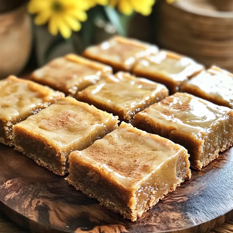 - 1 cup apple butter - ½ cup unsalted butter, melted - 1 cup brown sugar, packed - ½ cup granulated sugar - 2 large eggs - 1 teaspoon vanilla extract - 1 ½ cups all-purpose flour - 1 teaspoon baking powder - ½ teaspoon baking soda - ½ teaspoon salt - 1 teaspoon ground cinnamon - ½ teaspoon nutmeg - ½ cup chopped walnuts (optional) - 1 cup powdered sugar - 2 tablespoons milk or apple juice - ½ teaspoon ground cinnamon - Pinch of salt You can swap apple butter with pumpkin puree for a different flavor. If you're out of unsalted butter, use salted butter and cut back on salt. Brown sugar can be replaced with coconut sugar for a unique taste. You can omit nuts for a nut-free version. For a vegan option, use flax eggs and a plant-based butter. Gather your ingredients first. You need 1 cup of apple butter, ½ cup of melted unsalted butter, and both brown and granulated sugar. In a big bowl, mix the melted butter, apple butter, brown sugar, and granulated sugar. Whisk until smooth. Next, add 2 large eggs and 1 teaspoon of vanilla extract. Whisk after each egg. Now, take another bowl. Combine 1 ½ cups of flour, 1 teaspoon of baking powder, ½ teaspoon of baking soda, ½ teaspoon of salt, 1 teaspoon of ground cinnamon, and ½ teaspoon of nutmeg. Mix these dry ingredients together. Slowly add the dry mix into the wet mix. Stir gently. If you like nuts, fold in ½ cup of chopped walnuts. To make the glaze, grab a bowl. Add 1 cup of powdered sugar, 2 tablespoons of milk or apple juice, and ½ teaspoon of ground cinnamon. Add a pinch of salt too. Whisk until the glaze is smooth. If it’s too thick, add a bit of milk or juice. If too thin, add more powdered sugar. Preheat your oven to 350°F (175°C). Grease an 8x8-inch baking dish or use parchment paper for easy removal. Pour the blondie batter into the dish. Smooth the top with a spatula. Bake for 25-30 minutes. Check by inserting a toothpick in the center. It should come out clean. Once baked, let the blondies cool in the pan for about 10 minutes. Then, move them to a wire rack to cool completely. After cooling, drizzle the cinnamon glaze over the top. Use a spoon or piping bag to make it pretty. Enjoy every bite! To keep your blondies moist, use fresh apple butter. The apple butter adds rich flavor and moisture. Always measure your flour correctly. Too much flour can dry them out. I recommend using the spoon-and-level method. This way, you avoid packing the flour too tight. Do not over-mix the batter; mix until just combined. Over-mixing can make the blondies tough. For added moisture, let them cool completely before serving. The cinnamon glaze should be smooth and pourable. Start with powdered sugar and add milk or apple juice. Whisk until it is lump-free. If it is too thick, add more liquid, one teaspoon at a time. If it is too thin, add more powdered sugar. A pinch of salt enhances the flavor. Drizzle the glaze over the cooled blondies for the best look. You can use a spoon or a piping bag for fun designs. Serve these blondies warm or at room temperature. They taste great on their own. Pair them with warm apple cider for a cozy treat. A scoop of vanilla ice cream adds a creamy touch. For extra crunch, sprinkle some chopped walnuts on top. These blondies are perfect for fall gatherings or a snack at home. Enjoy sharing them with friends and family! {{image_2}} You can make your apple butter blondies even better by adding nuts or chocolate. Chopped walnuts add a nice crunch and pair well with the apple butter. If you prefer chocolate, try adding semi-sweet or dark chocolate chips. Fold in about half a cup of either option when mixing the batter. This addition gives a rich taste that enhances the blondies' flavor. To make these blondies gluten-free, swap the all-purpose flour for a gluten-free flour blend. Look for a blend that includes xanthan gum, as it helps mimic the texture of regular flour. Follow the same measurements, and your blondies will still taste delicious. You won’t miss the gluten, I promise! Enhance the flavor by adding spices! Besides cinnamon, consider adding ginger, allspice, or cloves. Just a pinch can change the profile of your blondies. For a warm twist, add an extra teaspoon of vanilla extract. This small change can create a unique taste that surprises your guests. Experiment to find your favorite mix! To keep your Apple Butter Blondies fresh, store them in an airtight container. This will help lock in moisture. Place a piece of parchment paper between each blondie for easy removal. You can store them at room temperature for up to three days. If you want to keep them longer, refrigeration is a good option. To freeze your blondies, first, let them cool completely. Cut them into squares and wrap each piece tightly in plastic wrap. Then, place them in a freezer-safe bag or container. Label the bag with the date. You can freeze them for up to three months. When you are ready to enjoy, let them thaw in the fridge overnight or at room temperature for a few hours. Apple Butter Blondies can last about a week at room temperature. For the best taste and texture, enjoy them within three days. If you refrigerate them, they can last longer but may dry out. To prevent this, always store them in an airtight container. For the best flavor, warm them slightly before serving. This will bring back that soft, gooey goodness! Yes, you can use homemade apple butter. It adds a personal touch. The flavor may vary, but it enhances the blondies. Just ensure it has a smooth texture. This will keep the blondies moist and rich. To check if the blondies are done, insert a toothpick into the center. If it comes out clean or with a few moist crumbs, they are ready. The edges will also look slightly golden. Avoid overbaking for the best texture. Yes, you can make the cinnamon glaze ahead of time. Store it in the fridge in an airtight container. When ready to use, let it sit at room temperature. Stir until smooth before drizzling over the blondies. This saves time and keeps your dessert fresh. This blog post covered how to make tasty apple butter blondies with a cinnamon glaze. You learned the right ingredients, step-by-step instructions, and helpful tips. I also shared ways to tweak the recipe to fit your taste. Remember, storing and freezing your blondies properly keeps them fresh. Keep experimenting with flavors and enjoy sharing these treats! Your baking skills will shine with these easy steps and tips. Enjoy your delicious creations!
