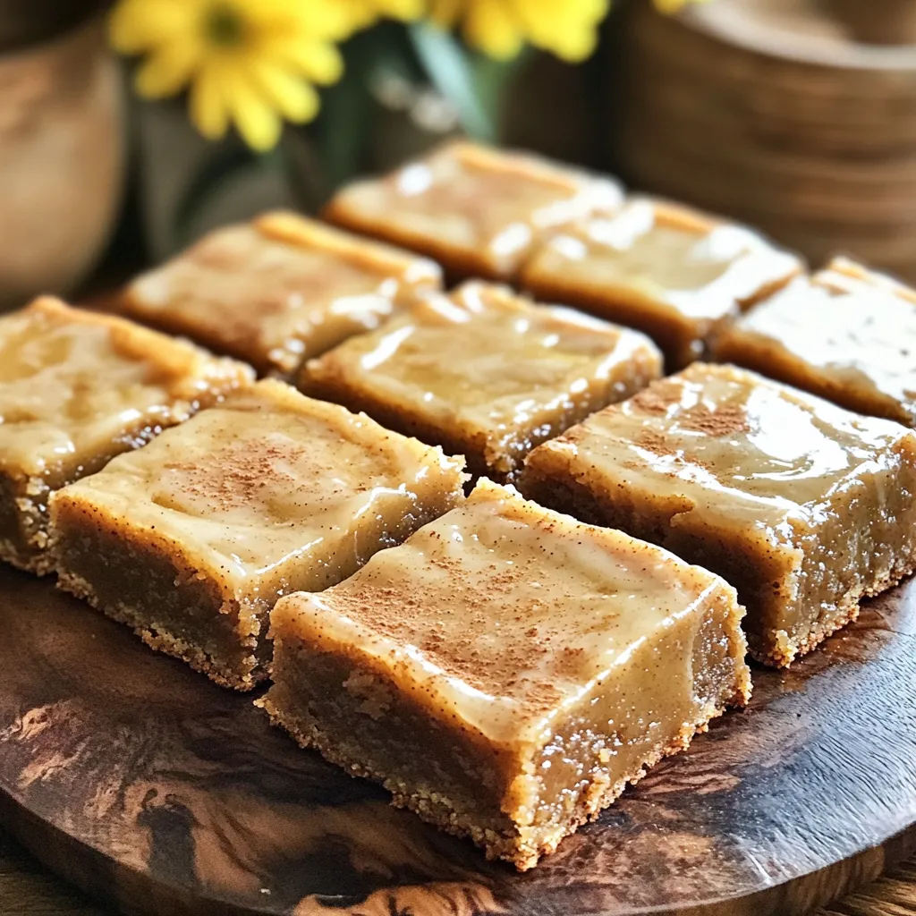 - 1 cup apple butter - ½ cup unsalted butter, melted - 1 cup brown sugar, packed - ½ cup granulated sugar - 2 large eggs - 1 teaspoon vanilla extract - 1 ½ cups all-purpose flour - 1 teaspoon baking powder - ½ teaspoon baking soda - ½ teaspoon salt - 1 teaspoon ground cinnamon - ½ teaspoon nutmeg - ½ cup chopped walnuts (optional) - 1 cup powdered sugar - 2 tablespoons milk or apple juice - ½ teaspoon ground cinnamon - Pinch of salt You can swap apple butter with pumpkin puree for a different flavor. If you're out of unsalted butter, use salted butter and cut back on salt. Brown sugar can be replaced with coconut sugar for a unique taste. You can omit nuts for a nut-free version. For a vegan option, use flax eggs and a plant-based butter. Gather your ingredients first. You need 1 cup of apple butter, ½ cup of melted unsalted butter, and both brown and granulated sugar. In a big bowl, mix the melted butter, apple butter, brown sugar, and granulated sugar. Whisk until smooth. Next, add 2 large eggs and 1 teaspoon of vanilla extract. Whisk after each egg. Now, take another bowl. Combine 1 ½ cups of flour, 1 teaspoon of baking powder, ½ teaspoon of baking soda, ½ teaspoon of salt, 1 teaspoon of ground cinnamon, and ½ teaspoon of nutmeg. Mix these dry ingredients together. Slowly add the dry mix into the wet mix. Stir gently. If you like nuts, fold in ½ cup of chopped walnuts. To make the glaze, grab a bowl. Add 1 cup of powdered sugar, 2 tablespoons of milk or apple juice, and ½ teaspoon of ground cinnamon. Add a pinch of salt too. Whisk until the glaze is smooth. If it’s too thick, add a bit of milk or juice. If too thin, add more powdered sugar. Preheat your oven to 350°F (175°C). Grease an 8x8-inch baking dish or use parchment paper for easy removal. Pour the blondie batter into the dish. Smooth the top with a spatula. Bake for 25-30 minutes. Check by inserting a toothpick in the center. It should come out clean. Once baked, let the blondies cool in the pan for about 10 minutes. Then, move them to a wire rack to cool completely. After cooling, drizzle the cinnamon glaze over the top. Use a spoon or piping bag to make it pretty. Enjoy every bite! To keep your blondies moist, use fresh apple butter. The apple butter adds rich flavor and moisture. Always measure your flour correctly. Too much flour can dry them out. I recommend using the spoon-and-level method. This way, you avoid packing the flour too tight. Do not over-mix the batter; mix until just combined. Over-mixing can make the blondies tough. For added moisture, let them cool completely before serving. The cinnamon glaze should be smooth and pourable. Start with powdered sugar and add milk or apple juice. Whisk until it is lump-free. If it is too thick, add more liquid, one teaspoon at a time. If it is too thin, add more powdered sugar. A pinch of salt enhances the flavor. Drizzle the glaze over the cooled blondies for the best look. You can use a spoon or a piping bag for fun designs. Serve these blondies warm or at room temperature. They taste great on their own. Pair them with warm apple cider for a cozy treat. A scoop of vanilla ice cream adds a creamy touch. For extra crunch, sprinkle some chopped walnuts on top. These blondies are perfect for fall gatherings or a snack at home. Enjoy sharing them with friends and family! {{image_2}} You can make your apple butter blondies even better by adding nuts or chocolate. Chopped walnuts add a nice crunch and pair well with the apple butter. If you prefer chocolate, try adding semi-sweet or dark chocolate chips. Fold in about half a cup of either option when mixing the batter. This addition gives a rich taste that enhances the blondies' flavor. To make these blondies gluten-free, swap the all-purpose flour for a gluten-free flour blend. Look for a blend that includes xanthan gum, as it helps mimic the texture of regular flour. Follow the same measurements, and your blondies will still taste delicious. You won’t miss the gluten, I promise! Enhance the flavor by adding spices! Besides cinnamon, consider adding ginger, allspice, or cloves. Just a pinch can change the profile of your blondies. For a warm twist, add an extra teaspoon of vanilla extract. This small change can create a unique taste that surprises your guests. Experiment to find your favorite mix! To keep your Apple Butter Blondies fresh, store them in an airtight container. This will help lock in moisture. Place a piece of parchment paper between each blondie for easy removal. You can store them at room temperature for up to three days. If you want to keep them longer, refrigeration is a good option. To freeze your blondies, first, let them cool completely. Cut them into squares and wrap each piece tightly in plastic wrap. Then, place them in a freezer-safe bag or container. Label the bag with the date. You can freeze them for up to three months. When you are ready to enjoy, let them thaw in the fridge overnight or at room temperature for a few hours. Apple Butter Blondies can last about a week at room temperature. For the best taste and texture, enjoy them within three days. If you refrigerate them, they can last longer but may dry out. To prevent this, always store them in an airtight container. For the best flavor, warm them slightly before serving. This will bring back that soft, gooey goodness! Yes, you can use homemade apple butter. It adds a personal touch. The flavor may vary, but it enhances the blondies. Just ensure it has a smooth texture. This will keep the blondies moist and rich. To check if the blondies are done, insert a toothpick into the center. If it comes out clean or with a few moist crumbs, they are ready. The edges will also look slightly golden. Avoid overbaking for the best texture. Yes, you can make the cinnamon glaze ahead of time. Store it in the fridge in an airtight container. When ready to use, let it sit at room temperature. Stir until smooth before drizzling over the blondies. This saves time and keeps your dessert fresh. This blog post covered how to make tasty apple butter blondies with a cinnamon glaze. You learned the right ingredients, step-by-step instructions, and helpful tips. I also shared ways to tweak the recipe to fit your taste. Remember, storing and freezing your blondies properly keeps them fresh. Keep experimenting with flavors and enjoy sharing these treats! Your baking skills will shine with these easy steps and tips. Enjoy your delicious creations!