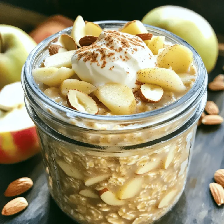 To make Apple Cinnamon Overnight Oats, gather these simple ingredients: - 1 cup rolled oats - 1 ½ cups almond milk (or any milk of choice) - 1 medium apple, diced (preferably a sweet variety like Honeycrisp or Fuji) - 1 tablespoon chia seeds - 1 tablespoon maple syrup (or honey) - 1 teaspoon cinnamon - ½ teaspoon vanilla extract - A pinch of salt - Optional toppings: sliced almonds, additional apple slices, or a dollop of yogurt Each ingredient plays a key role in flavor and texture. The rolled oats offer a hearty base. Almond milk gives a creamy touch. Diced apples add natural sweetness and crunch. Chia seeds help thicken the mix while providing extra nutrition. Maple syrup or honey offers just the right amount of sweetness. Cinnamon and vanilla extract bring warmth and depth to each bite. A pinch of salt enhances all the flavors. Finally, toppings like sliced almonds or yogurt add a delightful finish. These elements work together to create a tasty and satisfying breakfast. You can mix and match based on your tastes and what you have at home. - Mixing the Ingredients First, grab a large mixing bowl. Add in 1 cup of rolled oats. Pour in 1 ½ cups of almond milk. Then, sprinkle in 1 tablespoon of chia seeds. Drizzle in 1 tablespoon of maple syrup and mix in 1 teaspoon of cinnamon. Add ½ teaspoon of vanilla extract and a pinch of salt. Stir all the ingredients until they blend well. - Incorporating the Apples Next, take your medium apple and dice it into small pieces. I suggest using a sweet apple like Honeycrisp or Fuji. Gently fold the diced apple into the oat mixture. This step helps spread the apple flavor throughout the oats. - Dividing into Jars After mixing, it's time to portion the oats. Divide the mixture evenly into two jars or airtight containers. Make sure to secure the lids tightly. This keeps the oats fresh while they chill in the fridge. - Duration for soaking overnight Place the jars in the fridge and let them soak overnight or for at least 6 hours. This soaking time is key. It allows the oats and chia seeds to absorb the liquid. - Importance of soaking for texture Soaking changes the texture of the oats. It softens them, creating a creamy base. Chia seeds also swell up, adding a nice thickness to the mix. - Adjusting consistency with milk In the morning, take the jars out and give the oats a good stir. If the mixture is too thick, add a splash of almond milk. This will help reach your preferred consistency. - Ideal toppings for enhancing flavor To make your oats even better, consider adding toppings. Sliced almonds add crunch. Extra apple slices bring freshness. A dollop of yogurt offers creaminess. Feel free to get creative with your toppings! You can make your apple cinnamon overnight oats unique. Here are some fun ways to tweak the recipe: - Variations on sweeteners: You can swap maple syrup for honey or agave. Try using brown sugar for a richer taste. - Different types of milk: Almond milk works well, but you can also use oat milk, soy milk, or even cow's milk. Each type gives a different flavor. - Flavor enhancements: Add nutmeg for a warm spice kick. You can also mix in some nut butter for extra creaminess and protein. Storing overnight oats is simple. Here are my best tips: - Best practices for storing overnight oats: Use airtight jars or containers. This keeps your oats fresh and prevents odors from other foods. - Shelf life and freshness tips: Overnight oats last up to five days in the fridge. Just keep them sealed. If they start to look dry, add a splash of milk. Prepping your oats in advance saves time. Here’s what you need to know: - How long can you prep in advance: You can prepare these oats up to five days ahead. This makes busy mornings easier. - Ideal time frames for flavors to meld: Let the oats sit in the fridge for at least six hours. This gives the oats and apple time to soak and blend flavors. {{image_2}} You can mix up the fruits in your overnight oats. Try using bananas or berries. Both add great flavor and nutrition. You can also use pears for a sweet touch. Seasonal fruits work well too. In fall, add chopped figs or pomegranate seeds. In summer, use peaches or cherries. Get creative! Let the seasons guide your choices. If you want a dairy-free option, use almond or oat milk. Both give a nice creaminess. For gluten-free oats, make sure to choose certified gluten-free oats. This way, you can enjoy your meal without worries. You can also swap chia seeds for ground flaxseed if you prefer. These small changes help fit different diets. Spices are a fun way to change the flavor. Try adding nutmeg or ginger for warmth. You can also mix in a dash of cocoa powder for a chocolate twist. Sweetness is a personal choice. Adjust the maple syrup or honey to fit your taste. If you like it sweeter, add more. For a less sweet version, reduce the syrup. These small tweaks will make your oats just right for you. Each serving of apple cinnamon overnight oats has about 300 calories. This dish includes: - 54 grams of carbohydrates - 9 grams of protein - 7 grams of fat The main ingredients offer many nutrients. Rolled oats provide energy and fiber. They help keep your tummy full longer. Apples add vitamins and natural sweetness. Chia seeds boost protein and healthy fats. Almond milk is low in calories and dairy-free. Oats are great for heart health. They lower cholesterol and provide steady energy. Chia seeds are tiny powerhouses. They help with digestion and hydration. Apples are rich in antioxidants. They are good for your skin and immune system. This dish is high in fiber and protein. This mix is perfect for staying full and satisfied. Apple cinnamon overnight oats fit well into any balanced breakfast. You can pair them with a glass of almond milk or a cup of tea. For extra taste, serve with yogurt or nuts. You can also enjoy them as a snack or dessert. The options are endless! Overnight oats are a no-cook way to prepare oatmeal. You mix oats with liquid and let them sit overnight. This makes the oats soft and creamy. They soak up the flavors and nutrients. You can add fruits, nuts, and seeds for extra taste. It’s a quick and healthy breakfast option. Yes, you can use quick oats. Quick oats cook faster and have a finer texture. They absorb liquid quickly, which makes them mushier. Rolled oats are thicker and give a chewier bite. Choose rolled oats for the best texture in overnight oats. Overnight oats last about 3 to 5 days in the fridge. Store them in airtight containers to keep them fresh. Check for any signs of spoilage before eating. If they look or smell off, it’s best to toss them. Yes, you can enjoy overnight oats warm. Just heat them in the microwave for 30 to 60 seconds. Stir well and add a splash of milk for creaminess. Warm oats can feel cozy on chilly mornings. You can top your oatmeal with many tasty options. Here are some ideas: - Sliced almonds - Additional apple slices - A dollop of yogurt - Berries or bananas - A drizzle of honey or maple syrup - A sprinkle of nuts or seeds Feel free to mix and match toppings to your taste! In this article, we explored how to make delicious overnight oats from simple ingredients. You learned about mixing oats, milk, and fruit, then letting them soak overnight for the best texture. I shared tips for customizing the recipe with different fruits and sweeteners. You also discovered storage best practices and nutritional benefits. Overnight oats are a quick, tasty, and healthy breakfast choice. With some creativity, you can make them your own! Enjoy experimenting with flavors!