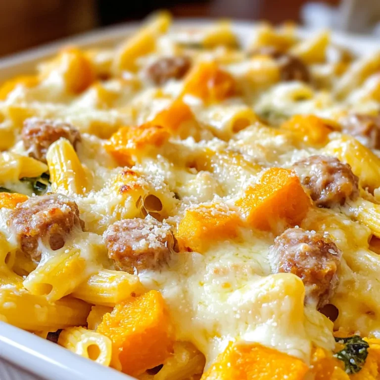 - 2 cups butternut squash, peeled and diced - 1 pound Italian sausage (mild or spicy) - 12 ounces penne pasta - 1 small onion, finely chopped - 3 cloves garlic, minced - 1 teaspoon dried thyme - 1 teaspoon dried oregano - 1 cup ricotta cheese - 2 cups shredded mozzarella cheese - 1 cup grated Parmesan cheese - 2 cups spinach, roughly chopped - 3 cups chicken broth - 2 tablespoons olive oil - Salt and pepper to taste Butternut squash is sweet and creamy, making it a great base. The Italian sausage adds a savory depth. You can choose mild or spicy sausage based on your taste. Penne pasta holds the sauce well and gives a nice bite. Chop the onion and garlic finely for a smooth blend. Dried thyme and oregano enhance the flavors and add a bit of earthiness. Ricotta cheese provides a creamy texture, while mozzarella and Parmesan give a golden, bubbly topping. Spinach adds color and nutrition. Using chicken broth instead of water boosts the flavor. Olive oil is key for sautéing the onion and garlic. Don’t forget salt and pepper to taste; they bring all the flavors together. Gather these ingredients to make a cozy, delicious meal. This dish is easy to prepare and comforting to eat. You will love how well everything comes together in this pasta bake. - Preheat your oven to 375°F (190°C). - In a large pot, boil salted water. Add penne pasta and cook for 6-7 minutes until al dente. Drain and set aside. - Heat olive oil in a large skillet over medium heat. - Add chopped onion and sauté until soft, about 5 minutes. - Stir in minced garlic and cook for 1 more minute. - Add Italian sausage to the skillet. Break it up with a spoon and cook until browned, about 8-10 minutes. - Once the sausage is done, add diced butternut squash along with dried thyme and oregano. Mix well and cook for 5-7 minutes until squash softens. - Pour in chicken broth and bring the mix to a simmer. - Add chopped spinach and cook for 2-3 minutes until wilted. - In a bowl, combine ricotta cheese, half of the mozzarella, and half of the Parmesan. Mix until smooth. - In a large baking dish, combine cooked penne pasta with the sausage and squash mix. Fold in the ricotta mixture until well coated. - Top the pasta bake with remaining mozzarella and Parmesan cheese. - Cover with aluminum foil and bake for 25 minutes. - Remove foil and bake for another 15 minutes until cheese is golden and bubbly. - Let the dish cool for a few minutes before serving. Sautéing the onion and garlic is key. This step adds deep flavor to your dish. Start with medium heat and stir often. You want the onion to soften and turn clear. This usually takes about five minutes. To get that perfect cheese melt, layer your cheeses wisely. Use both mozzarella and Parmesan. Add the mozzarella on top for a stretchy melt. The Parmesan will give a nice golden crust. Keep an eye on it while baking. You want it bubbly and slightly browned. For side dishes, a simple green salad works best. The freshness of the greens balances the richness of the pasta bake. You can also serve crusty bread. It’s great for soaking up any sauce left on your plate. Garnish the dish with fresh herbs. Chopped parsley or basil adds a pop of color and flavor. A sprinkle of red pepper flakes gives a nice kick, too. This will make your dish look even more inviting. For a vegetarian twist, swap out the sausage for lentils or mushrooms. Both options add great texture and flavor. You can also use plant-based sausage if you prefer. To make a gluten-free version, choose gluten-free pasta. Check the labels on your broth and cheeses to ensure they're gluten-free, too. This way, everyone can enjoy this tasty dish without worry. {{image_2}} You can easily swap out the sausage in this dish. Try using chicken or turkey for a lighter option. Both proteins will still give you great flavor. For cheese, mix it up! Use sharp cheddar for a tangy bite. Gouda will add a nice smokiness. If you prefer a creamier texture, go for a blend of cream cheese and mozzarella. Each choice creates a unique taste and texture. This pasta bake shines with seasonal veggies. In fall, butternut squash is perfect. In spring, add fresh asparagus or peas for a bright touch. Summer is great for zucchini or cherry tomatoes. Adjusting the dish for different seasons keeps it fresh. In winter, add kale for extra nutrients. Each season brings new flavors, making this dish versatile and fun. To keep your Butternut Squash Sausage Pasta Bake fresh, store it in airtight containers. Place the leftovers in the fridge. They will last for about 4 to 5 days. Make sure to cool the dish to room temperature before sealing. For long-term storage, you can freeze it. Just wrap the dish tightly in plastic wrap and foil. It can last up to 3 months in the freezer. Label the container with the date. This helps you keep track of freshness. To reheat your pasta bake, the oven is the best method. Preheat it to 350°F (175°C). Place the pasta bake in an oven-safe dish. Cover it with foil to keep moisture in. Bake for about 20 minutes or until hot. If you use a microwave, make sure to use a microwave-safe plate. Heat in short bursts of 1 to 2 minutes. Stir in between to ensure it heats evenly. Both methods work well, but the oven gives the best texture. You can make this dish healthier by using some simple swaps. Here are a few ideas: - Use turkey sausage instead of Italian sausage to cut fat and calories. - Replace ricotta cheese with low-fat or cottage cheese for a lighter option. - Add more veggies like zucchini or bell peppers to boost nutrients. - Opt for whole grain penne pasta for more fiber and nutrients. - Reduce cheese by using less mozzarella and Parmesan on top. These changes keep the flavor while making it healthier. Yes, you can make this dish ahead of time! Here’s how: - Prepare the dish up to the baking step. - Cover it tightly with foil and store it in the fridge for up to 24 hours. - When ready, bake it straight from the fridge. Just add an extra 10 minutes to the baking time. - If you want to freeze it, let it cool completely before wrapping it tightly. You can freeze it for up to three months. - To reheat, thaw in the fridge overnight and bake as directed. This makes meal prep super easy! This dish pairs well with many sides. Here are some suggestions: - Simple green salad with a light vinaigrette adds freshness. - Garlic bread brings a nice crunch and flavor. - Roasted vegetables like Brussels sprouts or green beans complement the dish. - Steamed broccoli offers a healthy, colorful side. - Caesar salad adds a classic touch with its creamy dressing. These sides make the meal feel complete and satisfying! This recipe blends butternut squash and Italian sausage for a tasty pasta bake. We walked through simple steps to create a dish that's warm and filling. Remember to adjust for your tastes, whether using different proteins or cheeses. Storing leftovers is easy, and reheating keeps them fresh. I hope you enjoy making and sharing this meal with friends. It’s a great way to satisfy your hunger and delight your taste buds.