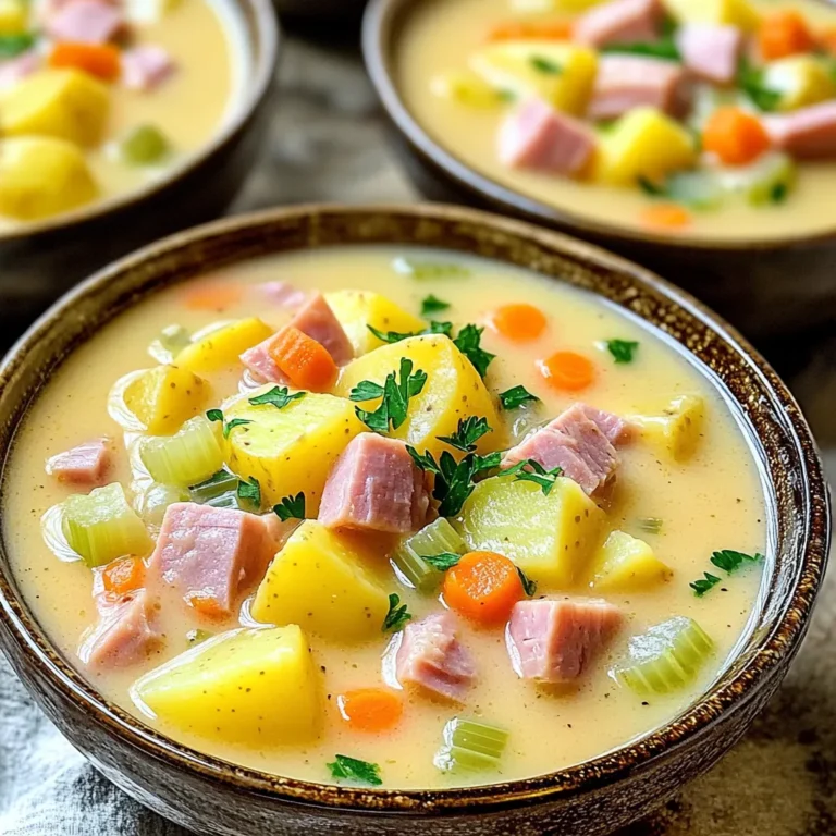 - 4 cups potatoes, diced (Yukon gold or russet) - 2 cups cooked ham, diced - 1 cup carrots, diced - 1 cup celery, diced - 1 medium onion, chopped - 4 cups chicken or vegetable broth - 1 cup heavy cream - 2 cloves garlic, minced - 1 teaspoon dried thyme - 1 teaspoon dried parsley - Salt and pepper to taste - 2 tablespoons olive oil Using fresh ingredients makes a big difference. Choose firm potatoes and bright carrots. The ham should be flavorful, so pick a quality cut. Fresh herbs can boost taste, but dried ones work well too. For broth, homemade is best, but store-bought is fine if it’s low-sodium. Always check the freshness of your garlic, as old garlic can taste bitter. If you don’t have Yukon gold potatoes, russets work too. For the ham, any leftover cooked ham is great. You can swap celery with bell peppers for a different taste. If you want a lighter version, use half-and-half instead of heavy cream. For a vegetarian option, use vegetable broth and skip the ham. Start by gathering all your ingredients. You’ll need 4 cups of diced potatoes. Yukon gold or russet work best. Next, chop 1 medium onion. Dice 1 cup of carrots and 1 cup of celery. Also, have 2 cups of cooked ham ready. Don’t forget 2 cloves of minced garlic. You will also use 4 cups of broth, 1 cup of heavy cream, and some dried herbs. Measure 1 teaspoon each of thyme and parsley. Lastly, keep salt and pepper nearby for seasoning. Heat 2 tablespoons of olive oil in a large skillet over medium heat. Add the chopped onion, minced garlic, carrots, and celery. Sauté them for about 5 minutes. You want them soft but not brown. Then, add the sautéed mix to your slow cooker. Toss in the diced potatoes and cooked ham. Add the dried thyme, parsley, salt, and pepper. Pour in the broth and stir everything together. Cover the slow cooker and set it on low for 6-8 hours or high for 3-4 hours. Your goal is tender potatoes. When cooking time is up, use a potato masher to mash some potatoes. This will make your soup creamy. Stir in 1 cup of heavy cream and mix well. Let it heat for an extra 15-20 minutes. Taste your soup and adjust the salt and pepper if needed. Serve hot, in deep bowls. Garnish with fresh parsley or a sprinkle of black pepper. Offer some crusty bread on the side for dipping. Enjoy your warm, comforting meal! To boost the taste of your soup, use fresh herbs. Chopped parsley adds a bright touch. You can also add a splash of lemon juice for some zing. Smoked paprika gives a nice depth too. Try using homemade broth if you can. It packs more flavor than store-bought. If you love garlic, add an extra clove. It will bring out the savory notes. Adjust the cooking time based on your slow cooker. Some cook faster than others. If you're in a hurry, use the high setting. Cook for 3-4 hours instead of 6-8. You want the potatoes soft but not mushy. If you have a busy day, set it on low. This way, you can enjoy a warm meal when you return. For a creamy soup, mash some potatoes after cooking. This gives the soup a nice texture. If it seems too thick, add a bit more broth or cream. Stir well to combine everything. If it's too thin, let it cook longer with the lid off. This helps it thicken up. Always taste and adjust the seasoning before serving. {{image_2}} You can make this soup even better by adding more veggies. Try adding some corn, peas, or green beans for extra color and taste. You could also use sweet potatoes instead of regular potatoes for a sweet twist. Leafy greens like spinach or kale can add great nutrition. Just chop them small and toss them in during the last hour of cooking. If you want to switch up the meat, you can use turkey or chicken instead of ham. These proteins also work well with the soup's flavors. For a spicier kick, try chorizo or sausage. Just remember to adjust the salt, as some meats are saltier than others. To make a vegan version, skip the ham and heavy cream. Instead, use coconut milk for a creamy texture and flavor. You can add lentils or chickpeas for protein. Make sure to use vegetable broth instead of chicken broth. You’ll still get a rich and hearty soup without any meat or dairy. After you make the slow cooker ham and potato soup, let it cool. Transfer any leftovers to a sealed container. Store it in the fridge for up to three days. Make sure to check for any signs of spoilage before you eat it. If it looks or smells off, toss it. You can freeze the soup for later use. Let it cool completely, then pour it into freezer-safe bags or containers. Leave some space at the top for expansion. It will keep well in the freezer for about three months. When you're ready to enjoy it, thaw it in the fridge overnight. To reheat, pour the soup into a pot over medium heat. Stir it often to avoid sticking. If the soup seems thick, add a splash of broth or water to reach your desired consistency. You can also reheat it in the microwave. Use a microwave-safe bowl and cover it loosely to prevent splatters. Heat in short bursts, stirring in between, until hot. Yes, you can use fresh potatoes. Fresh potatoes give a nice texture and flavor. I recommend Yukon gold or russet potatoes. Just dice them into even pieces. This helps them cook evenly in the slow cooker. Fresh potatoes will also add a rich taste to the soup. If your soup is too thin, don’t worry. You can easily thicken it up. Use a potato masher to mash some of the potatoes. This will create a creamy texture. You can also add a cornstarch slurry. Mix 1 tablespoon of cornstarch with 2 tablespoons of water. Stir this mixture into the soup. Let it cook for a few more minutes. Yes, you can make this soup in an Instant Pot. Start by sautéing the vegetables in the pot. Once they are soft, add the rest of the ingredients. Set the Instant Pot to cook on high pressure for 10 minutes. After it’s done, do a quick release. This method saves time and keeps flavors rich. This blog shared key steps to make a great soup. We covered ingredients, cooking, and tips. You learned how to choose good ingredients, adjust cook times, and enhance flavors. Variations let you customize the soup for any diet. I also shared storage tips to keep it fresh. Now you have the tools to create your own perfect soup. Enjoy making variations that suit your taste!