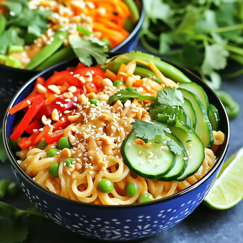 To make Thai peanut noodles, gather these simple ingredients: - 8 oz rice noodles - 1 cup snap peas, trimmed - 1 red bell pepper, thinly sliced - 1 carrot, julienned - 1 cucumber, julienned - 3 green onions, chopped - 1/4 cup cilantro, chopped - 1/2 cup creamy peanut butter - 1/4 cup low-sodium soy sauce - 2 tablespoons lime juice - 1 tablespoon honey or maple syrup - 1 tablespoon sesame oil - 1 teaspoon ginger, minced - 1 clove garlic, minced - Crushed peanuts and sesame seeds for garnish You can switch some ingredients based on your taste or what you have at home. For rice noodles, try whole wheat noodles or even zucchini noodles for a low-carb option. If you don’t like snap peas, use green beans or bell peppers. You can swap peanut butter for almond butter or sunbutter if you need nut-free. For soy sauce, tamari works well for gluten-free diets. Garnishes can add fun and flavor! Consider these options: - Crushed peanuts for crunch - Sesame seeds for extra flavor - Fresh lime wedges for a tangy kick - Extra cilantro for a fresh touch These garnishes make your dish pop and taste even better! To start, grab a large pot and fill it with water. Add a pinch of salt. Bring the water to a boil. Once boiling, add 8 oz of rice noodles. Cook them as the package says, usually around 5 to 7 minutes. We want them soft but not mushy. Drain the noodles in a colander. Rinse them under cold water to stop the cooking. This keeps them from sticking together. Set the noodles aside for later. Next, let's make the sauce. In a mixing bowl, add 1/2 cup of creamy peanut butter. Pour in 1/4 cup of low-sodium soy sauce and 2 tablespoons of lime juice. Then, add 1 tablespoon of honey or maple syrup. Drizzle in 1 tablespoon of sesame oil. Don't forget 1 teaspoon of minced ginger and 1 clove of minced garlic. Whisk everything together until smooth. If the sauce feels too thick, add a tablespoon of warm water. This will help it blend better. Now, heat a large skillet over medium heat. Add a splash of water or a bit of sesame oil. Toss in 1 cup of trimmed snap peas, 1 thinly sliced red bell pepper, and 1 julienned carrot. Sauté these for 3 to 4 minutes. You want them tender but still crisp. The colors should pop, making the dish look fresh and lively. It's time to bring everything together. Add your cooked rice noodles to the skillet with the sautéed veggies. Pour the peanut sauce over the top. Toss everything gently, so the noodles and veggies get coated in the sauce. This should take about 1 to 2 minutes. Once mixed, remove the skillet from the heat. Stir in freshly chopped cucumber, green onions, and cilantro. This adds crunch and a burst of flavor. Mix well so everything is combined. Now, it's time to serve. Divide the Thai peanut noodles into bowls. For extra flair, sprinkle crushed peanuts and sesame seeds on top. If you want, add a lime wedge on the side. This gives a fresh kick that brightens the dish. Enjoy your colorful and tasty meal! To keep your noodles from sticking, rinse them well. After cooking, drain them and run cold water over them. This cools the noodles and stops the cooking process. You can also toss them with a bit of sesame oil. This adds flavor and keeps them separate. If you want your dish to be spicier, add chili paste or red pepper flakes. Start small and taste as you go. You can also use fresh chili peppers for a bold kick. If you prefer milder flavors, skip the heat or add a little extra honey to balance it out. Fresh herbs can take your dish to the next level. Add chopped cilantro and green onions right before serving. These herbs add a bright taste and a nice crunch. You can also use mint or basil for a unique twist. Feel free to mix and match based on what you have on hand! {{image_2}} You can boost your Thai peanut noodles with protein. Chicken, tofu, or shrimp all work well. For chicken, use boneless and skinless breasts. Cook them in the skillet until golden. For tofu, press and cube it before cooking. Sauté until crispy. For shrimp, cook until pink and opaque. Add your protein during the combine step. This adds flavor and makes the meal filling. To make this dish vegetarian or vegan, simply skip the meat. Use tofu or tempeh as your protein. Both options give great texture. Ensure your peanut butter and soy sauce are vegan-friendly. You might also add more veggies like bell peppers and broccoli. They add color and crunch. This way, you keep the dish tasty and satisfying. If you need a gluten-free meal, choose gluten-free soy sauce. Many brands offer it. Also, ensure your rice noodles are gluten-free. Most rice noodles fit this bill. To enhance flavors, add lime juice and fresh herbs. You’ll still get that rich taste without gluten. Enjoy this dish without worry! To keep your Thai peanut noodles fresh, place them in an airtight container. Make sure they cool down before sealing. Store them in the fridge for up to three days. This way, you can enjoy them later without losing flavor. When you’re ready to eat, reheat the noodles in a skillet over low heat. Add a splash of water or a bit of peanut sauce to keep them moist. Stir gently for about five minutes until they are heated through. You can also use the microwave. Place them in a microwave-safe bowl and cover it. Heat in short bursts, stirring in between, until warm. If you want to save some for later, you can freeze the noodles. Divide them into portions and place them in freezer bags. Remove as much air as you can before sealing. These can last in the freezer for about a month. To eat, thaw them overnight in the fridge. Then, reheat as mentioned above. If you need a peanut butter substitute, try almond butter or sunflower seed butter. Both options work well in this recipe. They provide a similar texture and flavor. If you want a nut-free option, sunflower seed butter is the best choice. To add heat, mix in red pepper flakes or sriracha sauce. Start with a little and taste as you go. You can also use fresh chili peppers for a more intense spice. Adjust the heat to match your taste. Thai peanut noodles can be gluten-free if you use gluten-free soy sauce. Regular soy sauce contains wheat. Always check labels to ensure the ingredients are gluten-free. Rice noodles are naturally gluten-free, making them a great base. Thai peanut noodles last about 3 to 5 days in the fridge. Store them in an airtight container. When you're ready to eat, just reheat them in a skillet or microwave. Yes! You can make this recipe ahead of time. Just store the noodles and sauce separately. This keeps the noodles from getting soggy. Mix them just before serving for the best taste. Thai peanut noodles pair nicely with spring rolls or a fresh salad. You could also serve them with grilled chicken for added protein. These options balance the rich peanut flavor well. In this blog post, we explored how to make Thai peanut noodles. We covered all the ingredients, including alternatives and garnishes. I shared step-by-step instructions, from cooking noodles to combining them with sauce. You learned tips to make your noodles flavorful and less sticky. We also discussed variations, storage, and common FAQs. Thai peanut noodles are easy to customize and delicious. Enjoy making this dish your own!