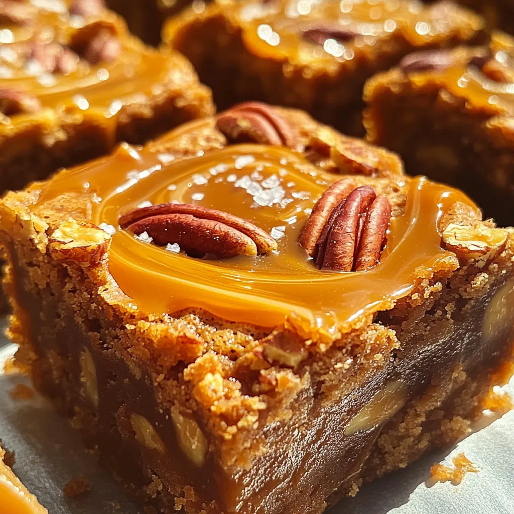 To make these delicious caramel pecan blondies, you need the following ingredients: - 1 cup unsalted butter, melted - 1 ½ cups light brown sugar - 2 large eggs - 2 teaspoons vanilla extract - 2 cups all-purpose flour - 1 teaspoon baking powder - ½ teaspoon baking soda - 1 teaspoon salt - 1 cup chopped pecans - ½ cup caramel sauce (store-bought or homemade) - Sea salt flakes for topping These ingredients create a rich flavor and chewy texture. The butter and brown sugar form the base. The eggs give moisture and help with binding. The flour, baking powder, and baking soda create the perfect rise. Pecans add crunch, while caramel gives sweetness. To make caramel pecan blondies, you will need a few key tools: - Mixing bowls - Whisk - Rubber spatula - 9x13-inch baking pan - Parchment paper - Toothpick for testing These tools help you mix ingredients smoothly and bake evenly. The parchment paper makes it easy to remove the blondies later. If you lack some ingredients, here are some substitutes you can use: - Unsalted butter: Use salted butter, but reduce salt in the recipe. - Light brown sugar: Dark brown sugar works well for a richer flavor. - Eggs: Replace with flax eggs (1 tablespoon flaxseed meal + 2.5 tablespoons water per egg). - Chopped pecans: Walnuts or almonds can be used for different flavors. - Caramel sauce: Maple syrup can give a sweet twist if you have no caramel. These substitutions keep the blondies tasty and allow you to use what you have at home. Start by preheating your oven to 350°F (175°C). Take a 9x13-inch baking pan and line it with parchment paper. Make sure to leave some paper hanging over the edges. This helps you lift the blondies out later. Greasing the pan is not needed since the parchment will prevent sticking. In a big bowl, whisk together 1 cup of melted butter and 1 ½ cups of light brown sugar. Mix until it looks smooth. Add 2 large eggs, one at a time. Stir well after each egg. Then, add 2 teaspoons of vanilla extract and mix until combined. In another bowl, mix 2 cups of all-purpose flour, 1 teaspoon of baking powder, ½ teaspoon of baking soda, and 1 teaspoon of salt. Gradually add this dry mix to the wet mix. Stir until just combined to keep the blondies soft. Pour half of the blondie batter into your prepared pan. Spread it evenly. Next, drizzle ½ cup of caramel sauce over the batter. Use a knife to gently swirl the caramel into the batter. Then, spoon the rest of the blondie batter on top and smooth it out. Drizzle the remaining caramel on top and swirl it again with the knife. Finish by sprinkling sea salt flakes over the top to balance the sweetness. To keep your blondies soft and chewy, mix your batter gently. Overmixing can make them tough. Combine your wet and dry ingredients until just mixed. You want to see some flour bits. This method traps moisture, giving you that tender bite. Using room temperature eggs also helps with the texture. When swirling caramel, use a light touch. Pour half the batter into your pan, then drizzle half of the caramel. Use a knife to swirl gently. Too much mixing will blend everything together. You want to see pretty swirls. Repeat this with the second half of the batter and caramel for a beautiful finish. These blondies shine on their own, but you can elevate them. Serve warm with a scoop of vanilla ice cream. The cold ice cream melts into the warm blondie. For a twist, add fresh berries or a drizzle of chocolate sauce. A cup of coffee or tea pairs well too, balancing the sweetness perfectly. {{image_2}} You can easily add chocolate chips to the batter for a rich twist. Just mix in one cup of semi-sweet chocolate chips when you fold in the pecans. The chocolate pairs perfectly with caramel and adds a fun texture. You can also use dark chocolate for a deeper flavor. This blend makes each bite a sweet delight. If you need a nut-free version, skip the pecans. Instead, try using sunflower seeds or pumpkin seeds. They add crunch without the nuts. You can also replace the nuts with more chocolate chips. This keeps the blondies rich and delicious. They will still taste great and satisfy your sweet tooth. Change up the flavors based on the season. In fall, add pumpkin spice to the batter. Replace some of the vanilla extract with pure pumpkin puree for a cozy flavor. In winter, mix in peppermint extract and top with crushed candy canes. This gives a festive twist. In summer, add fresh berries for a fruity flavor. Each season brings a new way to enjoy these blondies. To keep your blondies fresh, place them in an airtight container. Make sure they cool completely before storing. You can layer them with parchment paper to prevent sticking. Store them at room temperature for up to three days. If you want them to last longer, refrigerate them for another week. Freezing is a great way to save your caramel pecan blondies. First, cut them into squares. Wrap each piece in plastic wrap to avoid freezer burn. Then place them in a freezer bag. They can last up to three months in the freezer. When you’re ready to enjoy, just thaw them at room temperature. The shelf life of caramel pecan blondies depends on storage. At room temperature, they last about three days. In the fridge, they can last about a week. If frozen, they last three months without losing flavor or texture. Always check for any signs of spoilage before eating. Yes, you can use salted butter. It will add more salt to your blondies. If you do, skip the added salt in the recipe. The blondies will still taste great. However, unsalted butter gives you more control over the salt level. You can check if the blondies are done by inserting a toothpick in the center. It should come out with a few moist crumbs, not wet batter. Blondies bake for about 25-30 minutes at 350°F (175°C). Keep an eye on them near the end. You can make these blondies ahead of time. Bake them and let them cool completely. Then, store them in an airtight container. They stay fresh for up to a week. You can also freeze them for longer storage. You learned how to make delicious caramel pecan blondies. We covered key ingredients, tools, and smart substitutions. I gave you easy steps for mixing, layering, and baking. You now have tips to make soft blondies and swirl caramel like a pro. Plus, I shared fun variations and storage tips. In the end, these blondies are great for sharing or enjoying alone. Try them out, and you won’t regret it! Happy baking!