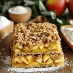 - 2 cups all-purpose flour - 1/2 cup granulated sugar - 1/2 cup brown sugar, packed - 1 teaspoon cinnamon - 1/4 teaspoon nutmeg - 1/2 teaspoon baking powder - 1/2 teaspoon salt - 1 cup unsalted butter, softened - 1 cup rolled oats - 4 medium apples, peeled, cored, and diced (Granny Smith or Honeycrisp recommended) - 1 tablespoon lemon juice - 1 tablespoon cornstarch - 1 teaspoon vanilla extract To make these Cinnamon Streusel Apple Pie Bars, you need a few simple ingredients. Each one plays a key role in creating the perfect balance of flavor and texture. First, you will use all-purpose flour as the base for your crust. It gives your bars structure. The sugars, both granulated and brown, add sweetness and depth. Brown sugar also brings a hint of caramel flavor. Next, spices like cinnamon and nutmeg add warmth. They fill your kitchen with an amazing aroma. Baking powder and salt are essential for the right rise and balance. Unsalted butter gives your crust richness. You want it softened so it mixes easily. Rolled oats add a nice chewiness and crunch to the streusel topping. For the fruit filling, apples are the star! I recommend Granny Smith or Honeycrisp. They have a great balance of tart and sweet. Tossing the apples with lemon juice, cornstarch, and vanilla extract makes them even better. Lemon juice brightens the flavor, while cornstarch helps thicken the filling. Gather these ingredients, and you’re ready to bake! It’s simple and rewarding. You’ll love the taste of these bars, fresh from your oven. First, you need to preheat your oven. Set it to 350°F (175°C). This heat makes the bars bake well. Next, prepare a 9x13-inch baking dish. You can grease it lightly or line it with parchment paper. This helps the bars come out easily after baking. In a large bowl, mix the dry ingredients. Combine 2 cups of flour, 1/2 cup of granulated sugar, 1/2 cup of brown sugar, 1 teaspoon of cinnamon, 1/4 teaspoon of nutmeg, 1/2 teaspoon of baking powder, and 1/2 teaspoon of salt. Then, add 1 cup of softened unsalted butter. Use your hands or a pastry cutter to mix until it looks like coarse crumbs. Now, stir in 1 cup of rolled oats. This gives the crust a nice texture. Press about 3/4 of this mixture into the bottom of your prepared dish. Save the rest for the topping. For the apple filling, take 4 medium apples. Peel, core, and dice them into small pieces. In a separate bowl, toss the diced apples with 1 tablespoon of lemon juice and 1 tablespoon of cornstarch. Add 1 teaspoon of vanilla extract for flavor. Mix well until the apples are coated. Spread the apple mixture evenly over the crust. Make sure to cover all the crust with apples. Now, take the reserved oat mixture and crumble it over the apples. This will be your streusel topping. Make sure to cover the apples completely. Place the baking dish in the preheated oven. Bake for 30-35 minutes. You want the top to be golden brown and the apples tender. Once baked, let the bars cool in the pan for about 10 minutes. If you used parchment paper, lift the bars out. Then, let them cool completely on a wire rack. Once cooled, cut the bars into squares or rectangles. Enjoy your delicious cinnamon streusel apple pie bars! For apple pie bars, I like using Granny Smith or Honeycrisp apples. These apples have a great balance of sweet and tart flavors. Granny Smith apples are crisp and firm, which helps them hold their shape while baking. Honeycrisp apples bring a natural sweetness. You can even mix both types for added depth in flavor. Always pick fresh, firm apples for the best taste. A crunchy streusel topping makes these bars stand out. To get that perfect texture, use cold butter. Cut the butter into the dry ingredients until it looks like coarse crumbs. Adding rolled oats gives the streusel a hearty bite. Make sure to sprinkle the topping evenly over the apples. This ensures every bite has that delicious crunch you want. Every oven is a bit different. If your oven runs hot, check the bars a few minutes early. If you live at a high altitude, you may need to bake a bit longer. The apples should be tender, and the top should be golden brown. Use a toothpick to test the center. If it comes out clean, your bars are ready to cool. {{image_2}} You can make these bars even better by adding nuts. Chopped pecans or walnuts add a nice crunch. Mix about 1 cup of nuts into the streusel topping. This will give the bars a rich flavor and texture. If you love nuts, this is a great choice. If you need a gluten-free treat, use gluten-free flour and oats. Substitute 2 cups of gluten-free flour for the all-purpose flour. You can also find gluten-free oats at many stores. This way, everyone can enjoy these tasty bars without worry. Want to switch up the taste? You can add other spices or extracts. Try adding 1/2 teaspoon of ginger or cardamom for a warm twist. Almond or maple extract can also add a new layer of flavor. Just a little can make a big difference in taste. To keep your bars fresh, use an airtight container. This helps prevent drying out. Layer the bars with parchment paper to avoid sticking. Store them at room temperature for up to three days. If you want to keep them longer, refrigerate them. They can last about a week in the fridge. You can freeze these bars for later enjoyment. First, cool them completely. Then, cut the bars into squares. Wrap each square in plastic wrap tightly. Place the wrapped bars in a freezer bag. Press out the air and seal it well. These bars can stay frozen for up to three months. To reheat the bars, use the oven for the best texture. Preheat your oven to 350°F (175°C). Place the bars on a baking sheet. Heat them for about 10-15 minutes. This keeps them warm and the crust crispy. You can also use a microwave, but the texture may change. Heat in short bursts of 15 seconds and check often. Yes, you can use other fruits! Pears, peaches, or berries work well. Just make sure they are not too juicy. If you use berries, add a bit more cornstarch to thicken the filling. For pears, you can keep the lemon juice to add some zing. Each fruit brings its own flavor. This lets you enjoy different tastes each time. Look for a golden brown top. This shows the streusel is ready. You can also poke the bars with a fork. If the apples feel soft and the fork goes in easily, they're done. The edges may pull away from the pan too. This is a good sign they are ready to cool. This recipe makes about 12 to 16 bars. Each bar is a nice size for a snack or dessert. You can cut them smaller for bite-sized treats, too. If you have a crowd, feel free to double the recipe for more servings. Enjoy sharing these delicious bars! This blog post covered all the steps to make delicious apple bars. We discussed ingredients, from flour to spices, and how to prepare the crust and filling. Tips for perfecting your bake included choosing the right apples and making a great topping. Variations let you customize your bars to suit your taste. Storing and reheating tips ensure you enjoy them longer. By following these steps, you’ll create a treat that delights everyone. Enjoy your baking adventure and share these tasty bars with friends and family.