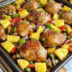 - 4 boneless, skinless chicken thighs - 1 cup teriyaki sauce - 1 medium pineapple, cut into chunks - 1 red bell pepper, sliced - 1 green bell pepper, sliced - 1 red onion, cut into wedges - 2 tablespoons olive oil - 1 tablespoon sesame seeds - 2 green onions, sliced for garnish - Salt and pepper to taste For this recipe, you will need: - Chicken: 4 thighs for juicy meat - Teriyaki sauce: 1 cup gives rich flavor - Pineapple: 1 medium adds sweetness - Bell peppers: 1 each of red and green for crunch - Red onion: 1 for a bit of zest - Olive oil: 2 tablespoons for roasting - Sesame seeds: 1 tablespoon for garnish - Green onions: 2 for fresh color - Salt and pepper: to taste You can mix things up with: - Chicken breast if you prefer leaner meat - Other vegetables, like broccoli or carrots, for more color - Crushed red pepper for heat - Ginger for extra flavor in the teriyaki sauce - Fresh herbs like cilantro for garnish Teriyaki Chicken Pineapple Sheet Pan is adaptable. Feel free to play with these ingredients. 1. Preheat your oven to 400°F (200°C). This step is key for even cooking. 2. Marinate the chicken. In a bowl, mix the chicken thighs and teriyaki sauce. Let it sit for at least 15 minutes. You can also chill it for up to 2 hours for more flavor. 3. Prepare the veggies and pineapple. Cut the pineapple into chunks. Slice the red and green bell peppers. Cut the red onion into wedges. 4. Toss the vegetables. In a large bowl, add the pineapple, bell peppers, and onion. Drizzle with olive oil, salt, and pepper. Mix well until all are coated. 1. Arrange on the sheet pan. Place the marinated chicken thighs in the center of a large sheet pan. Spread the pineapple and veggies around the chicken. 2. Bake in the oven. Cook for about 25-30 minutes. The chicken should reach an internal temperature of 165°F (75°C). The veggies should look caramelized and golden. 3. Finish with sesame seeds. Once out of the oven, sprinkle sesame seeds on top for some crunch. 4. Garnish with green onions. Let it rest for a few minutes, then add sliced green onions before serving. - Check your chicken. Use a meat thermometer to ensure the chicken is cooked properly. - Color matters. Look for golden edges on the veggies. This shows they’re nicely roasted. - Presentation. Serve directly from the pan for a rustic look. The colors of chicken, pineapple, and veggies will shine. Use a large spoon to scoop everything onto plates. To get the best flavor from your teriyaki chicken, marinate it well. I recommend marinating the chicken thighs for at least 15 minutes. For even more flavor, let them sit in the fridge for up to 2 hours. This allows the chicken to soak in the teriyaki sauce. The longer you marinate, the tastier it gets! Oven temperature is key for this dish. Preheat your oven to 400°F (200°C). This heat helps to caramelize the pineapple and vegetables while cooking the chicken. Bake the sheet pan for 25 to 30 minutes. Make sure to check that the chicken is fully cooked. It should reach an internal temperature of 165°F (75°C). To ensure your chicken is juicy, avoid overcooking. If you have a meat thermometer, use it! Check the thickest part of the chicken. The pineapple and veggies should be slightly charred and soft. Let the dish rest for a few minutes after baking. This helps the juices settle and makes every bite delicious. {{image_2}} You can switch chicken thighs for chicken breasts. Breasts are leaner and cook faster. You can also use tofu for a vegetarian option. Just press and cube the tofu to soak up the sauce. If you want a different meat, try pork or shrimp. Both will work well with teriyaki sauce. Feel free to mix up the veggies! Broccoli, snap peas, and carrots are great choices. You can also add zucchini or mushrooms for more flavor. Each vegetable adds a new texture and taste to the dish. Use what you have in your fridge for a fun twist. Teriyaki sauce is tasty, but you can try other sauces too. A sweet chili sauce gives it a nice kick. If you want something tangy, use a honey-soy mix. You can also add ginger or garlic for extra flavor. Experiment with different herbs and spices to make it your own! Store any leftover teriyaki chicken pineapple in an airtight container. This keeps the flavors locked in. Make sure to cool the dish to room temperature first. You can store it in the fridge for up to three days. When you are ready to eat, check for any signs of spoilage like changes in color or smell. You can freeze the teriyaki chicken pineapple for later use. Transfer the cooled dish into a freezer-safe bag or container. Squeeze out as much air as you can to prevent freezer burn. This dish can last in the freezer for up to three months. When you’re ready to cook, thaw it overnight in the fridge before reheating. To reheat the teriyaki chicken pineapple, use the oven for the best results. Preheat the oven to 350°F (175°C). Place the dish in a baking dish and cover it with foil. This helps keep the moisture in. Heat for about 15-20 minutes, or until warmed through. You can also use a microwave if you are in a hurry. Heat in short bursts, stirring in between, to warm it evenly. Yes, you can use chicken breast. Chicken thighs are juicy and flavorful, but breasts work too. They may cook faster, so check for doneness early. If you want more flavor in your chicken breast, marinating longer helps. To make this dish gluten-free, choose a gluten-free teriyaki sauce. Many brands offer gluten-free options. Always check the label for hidden gluten. Use fresh ingredients like vegetables and pineapple, which are naturally gluten-free. You can serve rice or quinoa with this dish. Steamed broccoli or snap peas also work great. For a light option, a simple salad pairs well too. These sides balance the sweet and savory flavors nicely. In this blog post, I covered the key ingredients and measurements for the Teriyaki Chicken Pineapple Sheet Pan recipe. I shared step-by-step instructions and helpful cooking tips. We also explored tasty variations and best storage methods. Lastly, I answered common questions about the dish. Now, you have the tools to create a great meal. Enjoy experimenting with flavors and customizing your dish! Your kitchen adventures await.