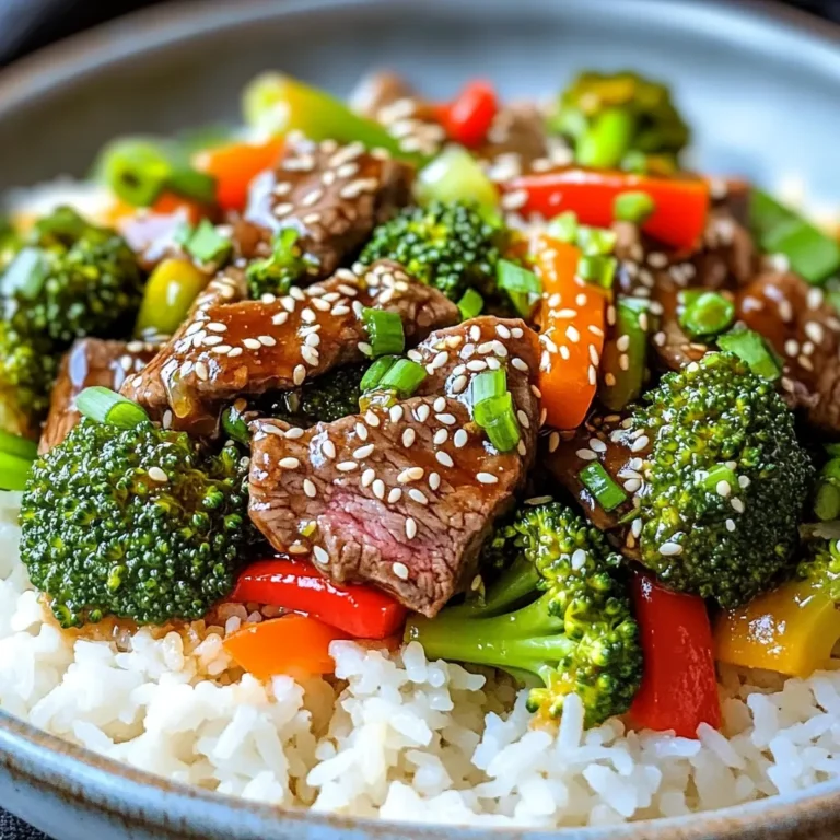 - 1 lb beef sirloin, thinly sliced - 2 cups broccoli florets - 1 red bell pepper, sliced - 1/4 cup soy sauce (or tamari for gluten-free) - 2 tablespoons honey or maple syrup - 1 tablespoon sesame oil - Sesame seeds - Sliced green onions Gather these ingredients before you start cooking. The beef sirloin gives a rich taste, while broccoli and red bell pepper add crunch. The sauce is a sweet mix of soy, honey, and sesame oil. These flavors come together to make a dish that feels both special and quick. The garnishes of sesame seeds and green onions add a lovely touch at the end. Enjoy cooking with these fresh and vibrant ingredients! - Mixing the teriyaki sauce In a small bowl, I mix the soy sauce, honey, sesame oil, minced garlic, and grated ginger. This sauce brings all the flavors together. It is sweet, salty, and very tasty. Set this bowl aside for later. - Creating the cornstarch slurry In another bowl, I combine the cornstarch and water. This slurry helps thicken the sauce. It is simple but very effective. Make sure to mix it well so there are no lumps. - Searing the beef I heat a large skillet or wok over medium-high heat. If needed, I add a little oil to prevent sticking. Once hot, I add the sliced beef in a single layer. I let it sear for about 2-3 minutes. This browns the beef and locks in flavor. Then, I flip it and cook for another 1-2 minutes. After that, I remove the beef from the skillet and set it aside. - Stir-frying the vegetables In the same skillet, I add the broccoli florets and sliced red bell pepper. I stir-fry these vegetables for about 5 minutes. They should be tender but still crisp. This step keeps them bright and tasty. - Thickening the sauce Next, I pour in the prepared teriyaki sauce over the veggies. I stir to coat them well. I let it simmer for 1-2 minutes. Then, I return the beef to the skillet. I add the cornstarch slurry next. I mix everything well and cook for an additional 2-3 minutes. This thickens the sauce and warms everything through. - Serving suggestions I serve this dish over cooked rice or quinoa. Both are great options. They soak up the tasty sauce well. - Garnishing the dish Finally, I garnish with sesame seeds and sliced green onions. This adds a nice crunch and color. It makes the dish look beautiful too. To get the best sear on the beef, start with a hot skillet. - Cook the beef in a single layer. - Let it sit without moving for 2-3 minutes. - Flip it to brown the other side for 1-2 minutes. For crisp-tender vegetables, stir-fry them quickly. - Use high heat and keep them moving in the pan. - Cook broccoli and bell pepper for about 5 minutes. - Aim for bright colors and a slight crunch. To adjust the sweetness of the teriyaki sauce, add more honey or maple syrup. - Start with 2 tablespoons, then taste and add more if needed. - For a less sweet sauce, reduce the honey to 1 tablespoon. If you want to add spice, consider red pepper flakes or sriracha. - Start with a pinch and adjust to your taste. - This adds warmth without overpowering the dish. For cooking, a large skillet or wok works best. - A wok heats quickly and allows for fast cooking. - A heavy skillet can also give a good sear on the beef. Essential cooking utensils include a wooden spoon and measuring cups. - Use a wooden spoon to stir without scratching the pan. - Measuring cups ensure perfect ingredient amounts for sauce and slurry. {{image_2}} You can switch the beef for chicken or tofu. Both options work great and add new flavors. For veggies, try snap peas or carrots instead of broccoli and red bell pepper. These choices keep your meal fresh and fun. If you're gluten-free, use tamari instead of soy sauce. This small change ensures you enjoy the same great taste. For a low-carb meal, skip the rice or quinoa. Instead, serve it over cauliflower rice or just enjoy it on its own. Want more flavor? Add spices like red pepper flakes or black pepper. Fresh herbs like cilantro or basil can also brighten your dish. For a sweet twist, toss in some pineapple chunks. They add a nice contrast to the savory teriyaki sauce. To store your Minute Teriyaki Beef & Broccoli, place leftovers in an airtight container. This keeps them fresh. The dish will last for about three to four days in the fridge. Be sure to let it cool down before sealing it up. You can also freeze beef and broccoli for later. First, let the dish cool completely. Then, transfer it to a freezer-safe container. It can stay frozen for up to three months. When you're ready to eat, thaw it overnight in the fridge. To reheat, you have a couple of choices. The stovetop is best for keeping the texture. Just heat it in a skillet over medium heat. Stir it often to warm evenly. If you use a microwave, do it in short bursts. This way, you avoid soggy beef and broccoli. It takes about 10 minutes to prep. You will need another 10 minutes to cook. So, the total time is 20 minutes. This makes it a quick meal option. Yes, you can make this dish ahead of time. Cook the beef and broccoli, then let it cool. Store it in an airtight container in the fridge. It will stay good for about three days. Just reheat it on the stove or microwave before serving. You can serve this dish over cooked rice or quinoa. Both options soak up the sauce well. For a lighter meal, serve it with a side salad. Add some cucumber or carrots for crunch. Enjoying it with steamed rice is a classic choice too! This blog post showed how to make Minute Teriyaki Beef & Broccoli. We covered the key ingredients, from sirloin to crunchy veggies. I shared tips on cooking and sauce customization to fit your taste. We also looked at variations for different diets and how to store leftovers. Making this dish is easy and fun. You can enjoy a delicious meal that fits your needs. Now, you are ready to cook it your way!