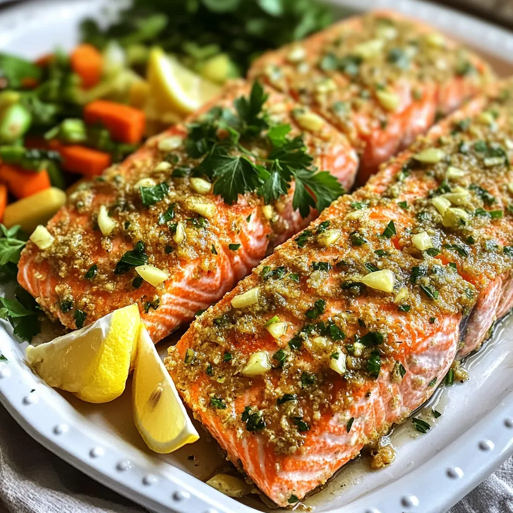 - 4 salmon fillets (6 oz each) - 4 cloves garlic, minced - 1 teaspoon dried thyme - 1 teaspoon dried oregano - 1 tablespoon fresh parsley, chopped - 2 tablespoons olive oil - 1 lemon, zested and juiced - Salt and pepper to taste The key to this dish is fresh salmon. Choose fillets that are bright and firm. Garlic adds great flavor, while thyme and oregano give depth. Fresh parsley brightens the dish, making it look nice too. Olive oil helps everything stick and adds richness. - Lemon wedges for serving Lemon wedges add a fresh zing. Squeeze a bit on top right before eating. It elevates the taste and makes the dish pop. Use quality olive oil for the best taste. You can also experiment with other oils, like avocado oil. Salt and pepper are must-haves. Adjust them to your liking. Always taste your garlic herb paste before spreading it on the salmon. This way, you can ensure it’s just right for your palate. To make the garlic herb paste, take a small bowl. Add 4 minced garlic cloves. Then, mix in 1 teaspoon of dried thyme and 1 teaspoon of dried oregano. Add 1 tablespoon of fresh parsley, chopped. Pour in 2 tablespoons of olive oil. Zest and juice 1 lemon, and add it to the bowl. Mix all the ingredients well. Finally, season with salt and pepper to your taste. This paste brings a burst of flavor to your salmon. Take 4 salmon fillets, each about 6 ounces. First, pat them dry with paper towels. This step helps the herb paste stick better. Next, spread the garlic herb mixture evenly on top of each fillet. Press it lightly to help it adhere. Make sure each piece is well coated. This simple step makes your salmon truly shine. Now it’s time to cook! Preheat your air fryer to 400°F (200°C) for 5 minutes. Once it's hot, place the salmon fillets in the basket, skin-side down. Make sure not to overcrowd the basket. Cook for 8 to 10 minutes. The salmon is done when it reaches an internal temperature of 145°F (63°C) and flakes easily. Carefully take out the salmon and let it rest for a couple of minutes. This rest time allows the juices to settle, making it even more delicious. To get a great, crispy crust on your salmon, follow a few easy steps. First, make sure your air fryer is preheated. Set it to 400°F (200°C) for about 5 minutes. This helps the salmon cook evenly. Next, spread the garlic herb mixture thickly on the fillets. This crust will get nice and crunchy in the hot air. Don't overcrowd the basket; this lets hot air flow around each piece. Cooking time matters. If your salmon fillets are thicker than 6 oz, increase the cooking time. I recommend adding about 2 minutes for every ounce over 6 oz. Always check the internal temperature. It should be 145°F (63°C) when done. If you’re unsure, use a fork to see if it flakes easily. That’s a good sign it’s ready! If you have leftovers, store them right to keep them fresh. Let the salmon cool down first, then wrap it tightly in plastic wrap or place it in an airtight container. Keep it in the fridge for up to three days. For longer storage, you can freeze it. Just make sure to wrap it well to avoid freezer burn. When ready to eat, thaw it in the fridge overnight before reheating. {{image_2}} You can switch up the herbs in this recipe. Fresh dill brings a bright taste. Basil adds a sweet, aromatic touch. Even a pinch of red pepper flakes adds spice. Try mixing different herbs for unique flavors. Each herb brings its own magic to the dish. Experimenting keeps your meals fresh and exciting. Salmon is delicious, but other fish work too. Try trout for a milder taste. Cod is flaky and absorbs flavors well. Mahi-mahi brings a tropical vibe to your plate. Make sure to adjust cooking times based on thickness. Each fish has its own cooking needs. This garlic herb crusted salmon pairs well with many sides. Serve it with steamed broccoli or green beans. A light salad with lemon vinaigrette brightens the meal. Quinoa or rice can add a nice texture. For a fun twist, serve it on a bed of pasta. Don't forget lemon wedges for extra zing! To keep your garlic herb crusted salmon fresh, store it in the fridge. Place the salmon in an airtight container. Make sure to eat it within three days. If you want to keep it longer, consider freezing it. Always let the salmon cool to room temperature before storing. Freezing is a great way to save your salmon. Wrap each fillet tightly in plastic wrap. Then, place them in a freezer-safe bag. Squeeze out as much air as you can. Label the bag with the date. You can freeze it for up to three months. When you're ready to eat, just thaw it in the fridge overnight. Reheating your salmon can be easy. You can use the air fryer again for the best taste. Preheat it to 350°F (175°C). Place the salmon in the basket and heat for about 5-7 minutes. Check the inside to ensure it reaches 145°F (63°C) again. This method keeps the crust crispy and the fish juicy. I recommend cooking salmon in the air fryer for 8-10 minutes. Set the air fryer to 400°F (200°C). The cooking time can vary based on the thickness of the salmon. Always check the internal temperature. It should reach 145°F (63°C). This ensures the salmon is safe to eat and fully cooked. Yes, you can use fresh herbs instead of dried ones. Fresh herbs add more flavor to your salmon. Use three times the amount of fresh herbs as dried. For example, if a recipe calls for one teaspoon of dried thyme, use three teaspoons of fresh thyme. This will give your dish a vibrant taste. The best way to tell if salmon is done is by checking its color and texture. Cooked salmon should be opaque and flake easily with a fork. You can also use a meat thermometer. Insert it into the thickest part of the fillet. It should read 145°F (63°C) for safe consumption. Always let the salmon rest for a couple of minutes before serving. This helps retain its juices. You've learned how to make a tasty garlic herb crusted salmon today. We covered key ingredients, step-by-step cooking, and useful tips. You can customize your dish with different herbs and fish. Remember to store leftovers properly for the best taste later. This dish is easy and fun, perfect for any meal. Now, get cooking and enjoy your flavorful salmon!