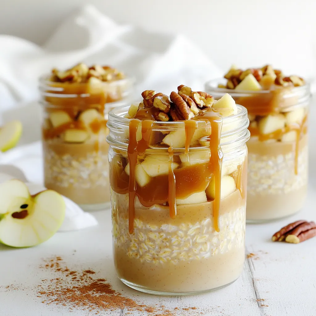 To make Caramel Apple Overnight Oats, gather these items: - 1 cup rolled oats - 1 ½ cups almond milk (or any milk of choice) - 1 medium apple, diced (try Fuji or Honeycrisp) - 2 tablespoons caramel sauce (plus extra for drizzling) - 1 tablespoon chia seeds - 1 teaspoon ground cinnamon - 1 tablespoon maple syrup (add for extra sweetness) - Pinch of salt - Chopped nuts (like pecans or walnuts) for topping You can swap or add these for fun: - Use coconut milk for a tropical twist. - Try different fruits like bananas or berries. - Add a scoop of protein powder for extra energy. Finish it off with these tasty toppings: - Extra caramel drizzle for sweetness. - A sprinkle of cinnamon for warmth. - Fresh apple slices for crunch. - A handful of granola for added texture. These ingredients and options make your breakfast not only easy but also delicious and fun! Start by gathering your ingredients. You will need rolled oats, almond milk, and chia seeds. In a large bowl, mix 1 cup of rolled oats, 1 ½ cups of almond milk, and 1 tablespoon of chia seeds. Stir well to combine. Let it sit for about 5 minutes. This will help the chia seeds swell and thicken the mix. Next, add in your diced apple. Choose a sweet apple like Fuji or Honeycrisp for the best taste. Then, pour in 2 tablespoons of caramel sauce and 1 teaspoon of ground cinnamon. If you want extra sweetness, add 1 tablespoon of maple syrup. Don't forget a pinch of salt! Stir everything together until well mixed. Now, divide the oat mix into jars or containers. Make sure each has a good amount of apple pieces. Seal the jars and place them in the fridge. Let them chill overnight or for at least 4 hours. This allows the oats to soak up all the tasty flavors. In the morning, take out your jars and give the oats a good stir. Top with a drizzle of caramel sauce for extra sweetness. Add a sprinkle of chopped nuts like pecans or walnuts for crunch. For a nice touch, serve your oats in clear jars. This way, you can show off the beautiful layers and colors. You can even add extra apple slices on top for a lovely look! To get the best texture, use rolled oats. They absorb liquid well and stay chewy. Mix in chia seeds for extra thickness. Let the mixture sit for five minutes before adding the apples and caramel. This helps the chia seeds swell. The oats will become creamy and delicious. Meal prep makes mornings easy. Prepare your oats in jars or containers. This keeps them fresh and ready to go. Make a batch for the week. Store jars in the fridge for up to five days. Just grab one each morning for a quick breakfast. Add more flavor with spices and toppings. Try a pinch of nutmeg or ginger for warmth. You can use different nuts like almonds or hazelnuts for crunch. Fresh fruit like bananas or berries can brighten the dish. A dollop of yogurt adds creaminess and tang. Experiment to find your favorite mix! {{image_2}} You can switch up the milk in this recipe. I often use almond milk, but you can try oat, soy, or coconut milk. Each milk adds its own flavor and texture. Oat milk is creamy and perfect for oats. Coconut milk gives a tropical twist. Use what you love! The caramel sauce adds a nice touch of sweetness. You may want to explore other sweeteners too. Honey, agave syrup, or stevia can work well. If you prefer less sugar, skip the extra maple syrup. The diced apples will still shine with their natural sweetness. Feel free to change the fruit based on the season. In fall, use pears instead of apples. In summer, berries like strawberries or blueberries can add a fresh flavor. Each fruit brings its unique taste and can make your oats exciting all year round. You should store your caramel apple overnight oats in airtight containers. Glass jars work well because they keep the oats fresh. Make sure the lids fit tightly. This helps to keep out air and moisture. If you plan to enjoy the oats over a few days, separate them into individual servings. When stored correctly, overnight oats last about five days in the fridge. They taste best within the first three days. After this time, the texture may change. You might notice the oats become too soft or mushy. If you see any signs of mold or strange smells, it’s best to toss them. If you prefer warm oats, you can easily reheat them. First, transfer the oats to a microwave-safe bowl. Heat in the microwave for about 30 seconds. Stir the oats and check the temperature. Heat in additional 15-second bursts if needed. You can also add a splash of almond milk to help loosen the mixture. Enjoy your warm, tasty breakfast! You can use quick oats. They will make your oats softer. Quick oats absorb liquid faster than rolled oats. This change may alter the texture slightly. If you like a creamy feel, quick oats work well. Overnight oats last about 3 to 5 days in the fridge. Store them in airtight containers. This keeps them fresh and tasty. Over time, the oats may get softer. For the best taste, eat them within the first few days. Yes, you can easily make this recipe vegan. Use almond milk or any plant-based milk. Make sure the caramel sauce is vegan too. You can find vegan caramel at many stores. This way, you enjoy the same great flavor without animal products. Overnight oats offer many health benefits. They are high in fiber, which aids digestion. Oats can help you feel full longer. This can help with weight management. They also provide essential nutrients, like vitamins and minerals. Adding fruits and nuts boosts these benefits even more. In this post, we explored overnight oats. We covered ingredients, step-by-step instructions, and key tips. You learned how to mix oats and customize flavors. I shared storage tips to keep your oats fresh. By using alternate milks and sweeteners, you can create tasty variations. Remember, overnight oats are not just easy; they’re also healthy. Enjoy making them your own!