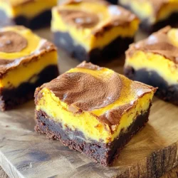 - 1 cup unsalted butter (2 sticks) - 8 oz dark chocolate, chopped - 1 cup granulated sugar - 1/2 cup brown sugar, packed - 4 large eggs - 1 teaspoon vanilla extract - 1 cup all-purpose flour - 1/2 cup unsweetened cocoa powder - 1/4 teaspoon salt - 1/2 teaspoon baking powder - 1 cup pumpkin puree - 8 oz cream cheese, softened - 1/4 cup powdered sugar - 1 teaspoon pumpkin pie spice - 1 teaspoon cinnamon Using unsalted butter helps control the salt level in the brownies. Dark chocolate gives a rich taste. For best results, chop the chocolate into small pieces for even melting. Fresh pumpkin puree adds a nice flavor. Cream cheese needs to be soft for easy mixing. You can swap unsalted butter for coconut oil for a dairy-free option. Use semi-sweet chocolate if you prefer a sweeter brownie. If you need a gluten-free option, try a gluten-free all-purpose flour blend. You can replace granulated sugar with coconut sugar for a healthier choice. Use a dairy-free cream cheese for a vegan version. First, gather all your ingredients. You will need butter, chocolate, and sugars. Crack the eggs and measure the flour and cocoa powder. You will also need pumpkin puree, cream cheese, and spices. Preheat your oven to 350°F (175°C). Grease a 9x13 inch baking pan and line it with parchment paper. This helps with easy removal later. In a medium saucepan, melt 1 cup of unsalted butter and 8 oz of chopped dark chocolate over low heat. Stir until smooth. Remove it from heat and let it cool for a bit. In a large mixing bowl, mix 1 cup of granulated sugar, 1/2 cup of brown sugar, 4 large eggs, and 1 teaspoon of vanilla extract. Whisk until it looks well blended. Now, pour the melted chocolate mixture into the sugar mixture. Stir it continuously until both mixtures combine well. Then, sift in 1 cup of all-purpose flour, 1/2 cup of unsweetened cocoa powder, 1/4 teaspoon of salt, and 1/2 teaspoon of baking powder. Gently fold the dry ingredients into the wet mixture until just combined. In a separate bowl, beat 8 oz of softened cream cheese with 1/4 cup of powdered sugar, 1 teaspoon of pumpkin pie spice, and 1 teaspoon of cinnamon. Mix until smooth. Then, fold in 1 cup of pumpkin puree until it blends in completely. Pour half of the brownie batter into your prepared pan. Spread it evenly. Then drop spoonfuls of the pumpkin cream cheese mixture over the brownie layer. Top it with spoonfuls of the remaining brownie batter. To create a marbled effect, use a knife or skewer. Gently swirl the brownie and pumpkin mixtures together. Bake in the preheated oven for 30-35 minutes. To check for doneness, insert a toothpick into the center. It should come out with a few moist crumbs. Let the brownies cool in the pan for at least 20 minutes. Use the parchment paper to lift them out. Finally, slice into squares and enjoy! To make the best Pumpkin Cheesecake Swirl Brownies, follow these tips: - Use room temperature eggs. This helps them mix well. - Melt the butter and chocolate together slowly. Avoid high heat to prevent burning. - Do not overmix the brownie batter. Mix until just combined for a fudgy texture. - Use a toothpick to check doneness. Look for a few moist crumbs, not wet batter. Store your brownies in an airtight container. They stay fresh for about four days. For longer storage, freeze them. They freeze well for up to three months. When serving, warm them slightly in the microwave. This enhances their rich taste. Top with whipped cream or vanilla ice cream for extra joy. Make your brownies shine with these ideas: - Cut them into neat squares for a classic look. - Dust the top with powdered sugar for a snowy effect. - Add a sprinkle of cinnamon for warmth and color. - Serve on a colorful plate to brighten the table. {{image_2}} You can make these brownies gluten-free. Use a 1-to-1 gluten-free flour blend instead of all-purpose flour. Brands like Bob's Red Mill or King Arthur work well. This swap keeps the texture rich and moist. Ensure all other ingredients are also gluten-free. To create a vegan version, replace the eggs with flax eggs. Mix 1 tablespoon of ground flaxseed with 2.5 tablespoons of water for each egg. Use vegan butter and a vegan cream cheese. You can also swap granulated sugar for coconut sugar. This way, you keep it plant-based without losing flavor. You can add different flavors to these brownies. Try mixing in chocolate chips for extra richness. Walnuts or pecans can add a nice crunch. For a spiced twist, consider adding ginger or nutmeg. A splash of espresso can also enhance the chocolate flavor. Experiment and find your favorite mix! After enjoying your pumpkin cheesecake swirl brownies, you might have some left. To keep them fresh, store the brownies in an airtight container. Place a piece of parchment paper between layers to prevent sticking. They will stay good for about 3 to 5 days at room temperature. If you want them to last longer, consider refrigeration. Freezing these brownies is easy and a great way to save some for later. First, let the brownies cool completely. Next, cut them into squares. Wrap each square in plastic wrap, then place them in a freezer bag. Make sure to remove as much air as possible to prevent freezer burn. These brownies can last up to 3 months in the freezer. When you're ready to enjoy them, just thaw them in the fridge overnight. If you want to enjoy warm brownies, reheating is simple. Preheat your oven to 350°F (175°C). Place the brownies on a baking sheet and cover them with foil to keep them moist. Heat for about 10-15 minutes, or until warm. You can also microwave a single square for about 15-20 seconds. This will give you that fresh-baked taste again. Serve with a dollop of whipped cream or a scoop of ice cream for a special treat! Yes, you can make these brownies ahead of time. Allow them to cool fully after baking. Then, wrap them tightly in plastic wrap. Store them in the fridge for up to five days. You can also freeze them for up to three months. Just thaw them in the fridge overnight before serving. Pumpkin pairs well with many flavors. Here are some great options: - Chocolate: The rich taste of chocolate blends well with pumpkin. - Maple: Maple adds a sweet, earthy note that complements pumpkin. - Pecan: The nutty flavor of pecans enhances the warmth of pumpkin. - Ginger: Ginger adds a spicy kick that works well with pumpkin. - Nutmeg: Nutmeg brings a cozy, warm flavor that pairs beautifully. To check if brownies are done, insert a toothpick in the center. If it comes out with a few moist crumbs, they are ready. If you see wet batter, they need more time. Bake for 30-35 minutes. Keep an eye on them, as ovens can vary. Enjoy the sweet smell while they bake! We covered all the key parts of making delicious pumpkin brownies. You learned about the ingredients, step-by-step instructions, and helpful tips. I shared variations to fit gluten-free and vegan diets. Knowing how to store leftovers and answers to common questions adds to your baking success. Enjoy your sweet creation and share it with others. Your friends will love these brownies!