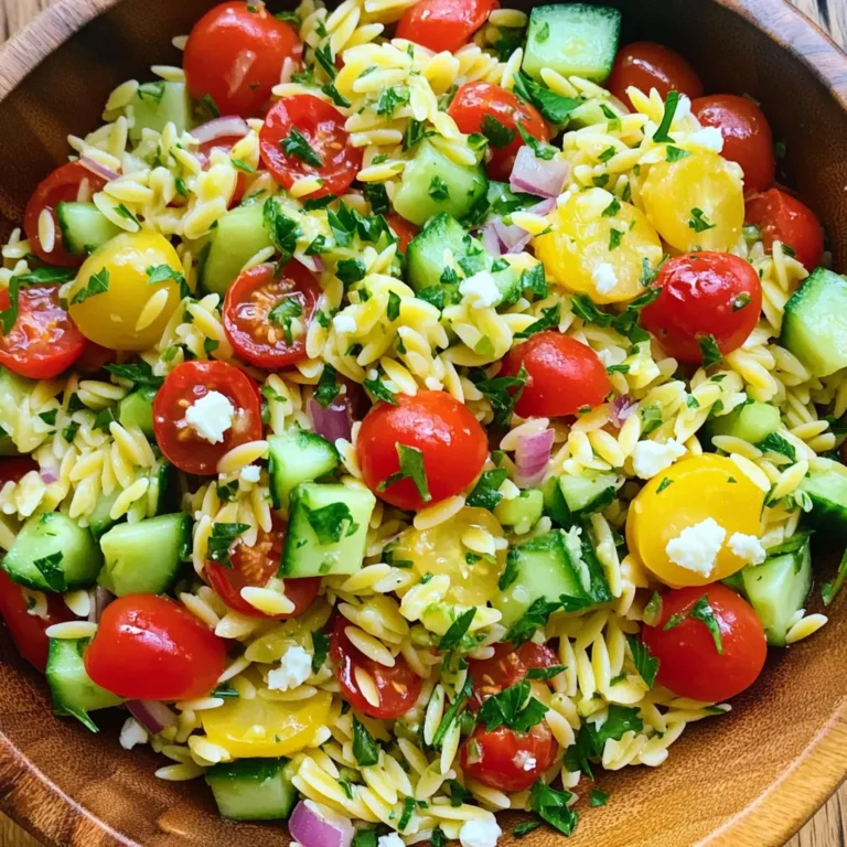 - 1 cup orzo pasta - 2 cups vegetable broth - 1 lemon, zested and juiced - 3 cloves garlic, minced - 1 cup cherry tomatoes, halved - 1 cucumber, diced - 1/4 cup red onion, finely chopped - 1/4 cup fresh parsley, chopped - 1/4 cup feta cheese, crumbled (optional) - 3 tablespoons olive oil - Salt and pepper to taste - You can swap parsley for basil or mint for a fresh twist. - Try goat cheese or skip cheese for a lighter dish. - Use chicken broth or water if you lack vegetable broth. This recipe is flexible. It lets you use what you have on hand. The bright flavors come from fresh lemon and garlic. The veggies add color and crunch. You can even make it your own by mixing in different herbs or veggies. 1. First, bring 2 cups of vegetable broth to a boil in a medium saucepan. 2. Once boiling, add 1 cup of orzo pasta. Cook it for about 8-10 minutes. This will give you that perfect al dente texture. 3. After cooking, drain the orzo. Rinse it under cold water to stop the cooking process. Set the orzo aside. 1. In a large mixing bowl, whisk together the juice and zest of 1 lemon, 3 cloves of minced garlic, and 3 tablespoons of olive oil. 2. Add salt and pepper to taste. 3. Now, chop your veggies. Dice 1 cucumber, halve 1 cup of cherry tomatoes, and finely chop 1/4 cup of red onion. 4. Don't forget to chop 1/4 cup of fresh parsley as well. 1. Toss the dressing with the chopped vegetables in the bowl. Make sure everything is well mixed. 2. Gently fold in the cooked orzo and crumbled feta cheese, if you like. 3. For the best flavor, chill the salad in the fridge for at least 15 minutes before serving. - Pre-cooking orzo in advance: You can cook the orzo a day ahead. Just store it in the fridge. This saves time when you are ready to make the salad. - Quick chopping techniques: Use a sharp knife. Cut your veggies into small pieces quickly. This helps the salad mix well and look nice. - Adding spices or herbs: Fresh herbs like basil or mint can brighten the dish. A pinch of red pepper flakes adds a nice kick. - Using different types of vinegar: Try balsamic or apple cider vinegar for a twist. Each type gives a unique taste. - Serving suggestions and platter arrangements: Use a big bowl to serve the salad. A large platter can show off the colors. - Garnishing tips for visual appeal: Sprinkle more parsley on top before serving. Add lemon slices or extra cherry tomatoes for a pop of color. {{image_2}} You can easily change up this salad with seasonal ingredients. In summer, add fresh veggies like zucchini or bell peppers. These give a nice crunch and bright colors. In fall, consider roasted butternut squash or sweet potatoes. They add warmth and sweetness to the dish. Want to make your salad more filling? Add protein! Grilled chicken or shrimp works well. Just toss them in after cooking. For a vegetarian twist, try adding chickpeas or black beans. They provide great texture and protein without meat. If you want a vegan option, it’s simple! Just skip the feta cheese and use vegetable broth. This keeps the salad light and fresh. You can also add tofu for extra protein. It’s all about making it work for your diet. To keep your Minute Lemon Garlic Orzo Salad fresh, store it in the fridge. Use an airtight container. This helps keep the salad from drying out. Leftovers can last about 3 to 5 days. Make sure to let the salad cool before putting it in the fridge. This keeps the veggies crisp and tasty. Can you freeze orzo salad? It’s not the best idea. Freezing can change the texture of the orzo and veggies. If you must freeze it, use a freezer-safe container. To thaw, place it in the fridge overnight. Then, refresh the flavors with a splash of lemon juice and a drizzle of olive oil. You can also add fresh herbs to boost the taste. Enjoy your salad again, but know it won’t be as fresh as before! This salad stays fresh in the fridge for up to three days. Store it in an airtight container. The flavors will deepen as it sits, making it even tastier. Yes, you can prepare this salad a day in advance. To keep it fresh, add the dressing just before serving. This helps the veggies stay crisp. Chill the salad for at least 15 minutes before you serve it. This allows the flavors to mix well. You can pair this salad with grilled chicken or shrimp for protein. It also works well with a side of crusty bread. A light soup makes a great starter too. Add a glass of white wine, and you have a complete meal. This post gave you a clear guide for making lemon garlic orzo salad. You learned about the ingredients, cooking steps, and ways to enhance the dish. Remember, you can customize with different veggies or proteins to fit your taste. Proper storage keeps leftovers fresh. Enjoy mastering this easy salad for any meal or gathering. With these tips, you'll impress everyone with your skills. Keep experimenting to find your favorite versions!