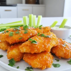 - 1 pound chicken tenderloins - 1 cup buttermilk (or milk with 1 tablespoon lemon juice added) - 1 cup all-purpose flour - 1 teaspoon garlic powder - 1 teaspoon onion powder - 1 teaspoon smoked paprika - 1/2 teaspoon cayenne pepper (adjust for spice level) - Salt and pepper to taste - 1/2 cup buffalo sauce (plus extra for tossing after cooking) - 2 tablespoons olive oil - Fresh parsley, chopped (for garnish) You can swap buttermilk with regular milk mixed with lemon juice for a similar taste. If you want a gluten-free option, use almond flour or a gluten-free flour blend. For spice lovers, try adding more cayenne. If you need a milder flavor, reduce the cayenne or skip it altogether. When buying chicken tenderloins, look for ones that are plump and pale pink. Avoid any that appear gray or have a strong smell. Always check the expiration date. Fresh chicken should feel firm to the touch, and the skin should be smooth and free of blemishes. If possible, buy organic or free-range chicken for better flavor and quality. First, take 1 pound of chicken tenderloins. Place them in a large bowl. Pour 1 cup of buttermilk over the chicken. This helps make the chicken tender and tasty. Cover the bowl and put it in the fridge for at least 30 minutes. You can marinate it for up to 2 hours if you want more flavor. While the chicken marinates, get another bowl. In this bowl, mix together 1 cup of all-purpose flour, 1 teaspoon of garlic powder, 1 teaspoon of onion powder, 1 teaspoon of smoked paprika, and 1/2 teaspoon of cayenne pepper. Add salt and pepper to taste. Stir this well. This coating gives the chicken a nice crunch and flavor. When your chicken is ready, take it out of the fridge. Let the extra buttermilk drip off. Dredge each chicken tender in the flour mix. Make sure they are well-coated, then shake off the excess flour. Preheat your air fryer to 400°F (200°C) for about 5 minutes. Lightly spray the air fryer basket with cooking spray or brush it with olive oil. Arrange the chicken tenders in a single layer. Do not overcrowd them. Lightly spray the tops with olive oil for extra crispiness. Cook for 10-12 minutes, flipping halfway. The chicken should be golden brown and reach 165°F (74°C) inside. I recommend cooking the buffalo chicken tenders at 400°F (200°C). This high heat ensures they cook quickly and get crispy outside while staying juicy inside. Preheating your air fryer for about 5 minutes helps it reach the right temperature. The cooking time is between 10 and 12 minutes. I suggest flipping the tenders halfway through. This helps them cook evenly and brown nicely. If you want a crunchier texture, you can air fry them for the full 12 minutes. To check if the tenders are done, use a meat thermometer. The internal temperature should reach 165°F (74°C). If you don’t have a thermometer, cut one tender in the thickest part. The meat should be white and juices should run clear. This ensures they are safe to eat. {{image_2}} To get that perfect crunch, follow these tips: - Marinate well: Soak your chicken in buttermilk. This helps the meat stay moist and tasty. - Use flour blend: Mix all-purpose flour with spices. It adds flavor and crunch. - Spray lightly: After coating, spray the tops with olive oil. This makes them crisp in the air fryer. - Avoid overcrowding: Place tenders in a single layer. Give them space to cook evenly. Be careful with these common errors: - Skipping the marinade: Don’t rush. Marinate the chicken for at least 30 minutes. This step adds flavor and tenderness. - Too much flour: Coat the chicken but shake off extra flour. Excess can lead to a soggy texture. - Not preheating: Always preheat your air fryer. This makes a big difference in cooking time and texture. - Neglecting to flip: Flip the tenders halfway through cooking. This ensures they brown evenly on both sides. Serve your Buffalo chicken tenders with style: - Dipping sauces: Pair with ranch or blue cheese dressing. The cool dip balances the spice. - Fresh veggies: Add crunchy celery sticks on the side. They make a great contrast to the tenders. - Garnish: Sprinkle chopped parsley on top. It adds color and freshness. - Presentation: Arrange on a wooden board or in small bowls. This adds a fun, casual vibe for gatherings. You can easily change the taste of your buffalo chicken tenders by using different sauces. Try a honey buffalo sauce for a sweet kick. If you love heat, a ghost pepper sauce will make your tenders fiery. For a milder option, use a garlic buffalo sauce. Mixing sauces can also create unique flavors. Just remember, the base is always buffalo sauce. If you want a lighter meal, consider baking instead of air frying. You can also use whole wheat flour or almond flour for the coating. For a lower calorie option, skip the breading entirely and marinate the chicken in buffalo sauce. You can even grill the chicken for a smoky flavor. These choices keep the taste while reducing calories and carbs. Buffalo chicken tenders pair well with classic sides. Serve them with celery sticks and carrots for crunch. A creamy ranch or blue cheese dressing adds rich flavor. For a heartier meal, serve the tenders with a side salad or sweet potato fries. You can even make a buffalo chicken wrap with lettuce and your favorite toppings. Each pairing amplifies the flavor and makes the meal more fun. Yes, you can use frozen chicken tenders. However, I recommend thawing them first. This helps the coating stick better. If you choose to air fry them frozen, add a few extra minutes to the cooking time. This way, they will cook through and stay crispy. To store leftovers, let the tenders cool down. Place them in an airtight container. Store them in the fridge for up to three days. When you want to eat them again, reheat in the air fryer for extra crispiness. Avoid using the microwave, as it can make them soggy. Yes, you can bake these chicken tenders. Preheat your oven to 425°F (220°C). Place the coated tenders on a baking tray lined with parchment paper. Bake for about 20-25 minutes, flipping halfway through. This method will yield good results, but they may not be as crispy as air-fried ones. This post covered how to make great buffalo chicken tenders. We talked about key ingredients, cooking steps, and tips for the best results. Remember to marinate your chicken and use quality ingredients for flavor. Don’t skip the tips for crispiness and checking doneness to avoid mistakes. Explore various flavors and healthier options for a fun twist. Whether you air fry or bake, these tenders can suit your taste. Enjoy making this easy dish and impress your friends and family!