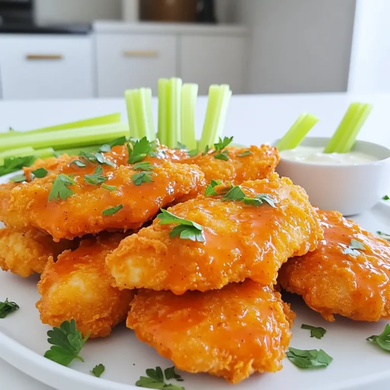 - 1 pound chicken tenderloins - 1 cup buttermilk (or milk with 1 tablespoon lemon juice added) - 1 cup all-purpose flour - 1 teaspoon garlic powder - 1 teaspoon onion powder - 1 teaspoon smoked paprika - 1/2 teaspoon cayenne pepper (adjust for spice level) - Salt and pepper to taste - 1/2 cup buffalo sauce (plus extra for tossing after cooking) - 2 tablespoons olive oil - Fresh parsley, chopped (for garnish) You can swap buttermilk with regular milk mixed with lemon juice for a similar taste. If you want a gluten-free option, use almond flour or a gluten-free flour blend. For spice lovers, try adding more cayenne. If you need a milder flavor, reduce the cayenne or skip it altogether. When buying chicken tenderloins, look for ones that are plump and pale pink. Avoid any that appear gray or have a strong smell. Always check the expiration date. Fresh chicken should feel firm to the touch, and the skin should be smooth and free of blemishes. If possible, buy organic or free-range chicken for better flavor and quality. First, take 1 pound of chicken tenderloins. Place them in a large bowl. Pour 1 cup of buttermilk over the chicken. This helps make the chicken tender and tasty. Cover the bowl and put it in the fridge for at least 30 minutes. You can marinate it for up to 2 hours if you want more flavor. While the chicken marinates, get another bowl. In this bowl, mix together 1 cup of all-purpose flour, 1 teaspoon of garlic powder, 1 teaspoon of onion powder, 1 teaspoon of smoked paprika, and 1/2 teaspoon of cayenne pepper. Add salt and pepper to taste. Stir this well. This coating gives the chicken a nice crunch and flavor. When your chicken is ready, take it out of the fridge. Let the extra buttermilk drip off. Dredge each chicken tender in the flour mix. Make sure they are well-coated, then shake off the excess flour. Preheat your air fryer to 400°F (200°C) for about 5 minutes. Lightly spray the air fryer basket with cooking spray or brush it with olive oil. Arrange the chicken tenders in a single layer. Do not overcrowd them. Lightly spray the tops with olive oil for extra crispiness. Cook for 10-12 minutes, flipping halfway. The chicken should be golden brown and reach 165°F (74°C) inside. I recommend cooking the buffalo chicken tenders at 400°F (200°C). This high heat ensures they cook quickly and get crispy outside while staying juicy inside. Preheating your air fryer for about 5 minutes helps it reach the right temperature. The cooking time is between 10 and 12 minutes. I suggest flipping the tenders halfway through. This helps them cook evenly and brown nicely. If you want a crunchier texture, you can air fry them for the full 12 minutes. To check if the tenders are done, use a meat thermometer. The internal temperature should reach 165°F (74°C). If you don’t have a thermometer, cut one tender in the thickest part. The meat should be white and juices should run clear. This ensures they are safe to eat. {{image_2}} To get that perfect crunch, follow these tips: - Marinate well: Soak your chicken in buttermilk. This helps the meat stay moist and tasty. - Use flour blend: Mix all-purpose flour with spices. It adds flavor and crunch. - Spray lightly: After coating, spray the tops with olive oil. This makes them crisp in the air fryer. - Avoid overcrowding: Place tenders in a single layer. Give them space to cook evenly. Be careful with these common errors: - Skipping the marinade: Don’t rush. Marinate the chicken for at least 30 minutes. This step adds flavor and tenderness. - Too much flour: Coat the chicken but shake off extra flour. Excess can lead to a soggy texture. - Not preheating: Always preheat your air fryer. This makes a big difference in cooking time and texture. - Neglecting to flip: Flip the tenders halfway through cooking. This ensures they brown evenly on both sides. Serve your Buffalo chicken tenders with style: - Dipping sauces: Pair with ranch or blue cheese dressing. The cool dip balances the spice. - Fresh veggies: Add crunchy celery sticks on the side. They make a great contrast to the tenders. - Garnish: Sprinkle chopped parsley on top. It adds color and freshness. - Presentation: Arrange on a wooden board or in small bowls. This adds a fun, casual vibe for gatherings. You can easily change the taste of your buffalo chicken tenders by using different sauces. Try a honey buffalo sauce for a sweet kick. If you love heat, a ghost pepper sauce will make your tenders fiery. For a milder option, use a garlic buffalo sauce. Mixing sauces can also create unique flavors. Just remember, the base is always buffalo sauce. If you want a lighter meal, consider baking instead of air frying. You can also use whole wheat flour or almond flour for the coating. For a lower calorie option, skip the breading entirely and marinate the chicken in buffalo sauce. You can even grill the chicken for a smoky flavor. These choices keep the taste while reducing calories and carbs. Buffalo chicken tenders pair well with classic sides. Serve them with celery sticks and carrots for crunch. A creamy ranch or blue cheese dressing adds rich flavor. For a heartier meal, serve the tenders with a side salad or sweet potato fries. You can even make a buffalo chicken wrap with lettuce and your favorite toppings. Each pairing amplifies the flavor and makes the meal more fun. Yes, you can use frozen chicken tenders. However, I recommend thawing them first. This helps the coating stick better. If you choose to air fry them frozen, add a few extra minutes to the cooking time. This way, they will cook through and stay crispy. To store leftovers, let the tenders cool down. Place them in an airtight container. Store them in the fridge for up to three days. When you want to eat them again, reheat in the air fryer for extra crispiness. Avoid using the microwave, as it can make them soggy. Yes, you can bake these chicken tenders. Preheat your oven to 425°F (220°C). Place the coated tenders on a baking tray lined with parchment paper. Bake for about 20-25 minutes, flipping halfway through. This method will yield good results, but they may not be as crispy as air-fried ones. This post covered how to make great buffalo chicken tenders. We talked about key ingredients, cooking steps, and tips for the best results. Remember to marinate your chicken and use quality ingredients for flavor. Don’t skip the tips for crispiness and checking doneness to avoid mistakes. Explore various flavors and healthier options for a fun twist. Whether you air fry or bake, these tenders can suit your taste. Enjoy making this easy dish and impress your friends and family!