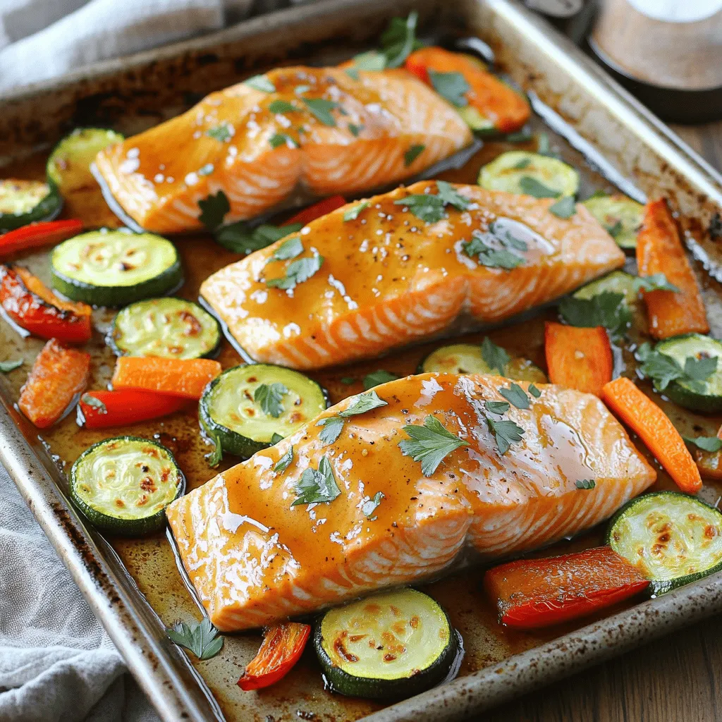 - 4 salmon fillets - 1/4 cup pure maple syrup - 2 tablespoons soy sauce (or tamari for gluten-free) - 1 tablespoon Dijon mustard - 1 teaspoon garlic powder - 1 teaspoon onion powder - 1/2 teaspoon black pepper - 1 medium zucchini, sliced - 1 red bell pepper, chopped - 1 cup baby carrots - 1 tablespoon olive oil - 1 tablespoon fresh parsley, chopped (for garnish) This recipe shines with fresh ingredients. The salmon fillets are the star of the show. They provide a rich flavor and healthy fats. Pure maple syrup adds sweetness and depth. It pairs perfectly with soy sauce and Dijon mustard. These sauces balance out the dish with savory notes. The veggies bring color and crunch. Zucchini, red bell pepper, and baby carrots are great choices. Each adds its own unique texture and taste. Olive oil helps to crisp them up while baking. The fresh parsley at the end adds a burst of freshness and color. Using quality ingredients makes a big difference. Choose wild-caught salmon for better taste and health. Fresh veggies will provide the best texture. This mix of flavors and textures creates a delightful meal. Enjoy the process of preparing this dish! - Preheat the Oven: Start by preheating your oven to 400°F (200°C). This step is key to cooking the salmon and veggies evenly. - Making the Maple Glaze: In a small bowl, mix together 1/4 cup of pure maple syrup, 2 tablespoons of soy sauce (or tamari), 1 tablespoon of Dijon mustard, 1 teaspoon of garlic powder, 1 teaspoon of onion powder, and 1/2 teaspoon of black pepper. Whisk until everything is well blended. This glaze adds a sweet and savory kick to the dish. - Arranging the Vegetables: Grab a large sheet pan and lay out 1 medium zucchini (sliced), 1 chopped red bell pepper, and 1 cup of baby carrots. Drizzle them with 1 tablespoon of olive oil. Toss the vegetables to coat them evenly and spread them out in a single layer. This helps them cook well and get nice and tender. - Adding the Salmon Fillets: Now, place 4 salmon fillets on the sheet pan among the veggies. Pour half of the maple glaze over the salmon. Make sure to coat each fillet well, as this will enhance the flavor during baking. - Baking the Dish: Slide the sheet pan into the preheated oven and bake everything for 15 minutes. The salmon will cook through, and the veggies will soften nicely. - Glazing and Broiling the Salmon: After 15 minutes, take the pan out of the oven. Brush on the remaining maple glaze over the salmon and veggies. Switch your oven to broil and put the pan back in for another 2-3 minutes. This step caramelizes the glaze and gives the salmon a beautiful finish. Keep an eye on it to avoid burning. Flavor Enhancements To boost the maple glaze, consider adding a splash of lemon juice. This brightens the flavor and balances the sweetness. You can also mix in fresh ginger for a spicy kick. For those who love heat, try adding a pinch of cayenne pepper. Each of these additions can transform your glaze into something special. Common Mistakes to Avoid A common mistake is pouring all the glaze at once. Save half for later. This step helps keep the salmon moist and adds a nice finish. Another mistake is not whisking the glaze enough. Ensure all ingredients blend well. Skipping this step can lead to uneven flavor. How to Check Doneness To check if your salmon is done, look for the color change. The flesh should be opaque and easily flake with a fork. If you have a food thermometer, aim for 145°F (63°C) in the thickest part. Don't overcook it; salmon can dry out quickly. Ensuring Crispy Vegetables For crispy veggies, cut them into even pieces. This helps them cook uniformly. Make sure they are in a single layer on the sheet pan. Overcrowding can steam them instead of roasting. Toss them with olive oil, but don’t soak them. This keeps them crisp and tasty. {{image_2}} You can change the veggies in this dish to suit your taste. Seasonal options bring fresh flavors. Try asparagus in spring or sweet potatoes in fall. Both add different textures and tastes. Nutritional considerations are also key. Broccoli is high in vitamins. Cauliflower offers fiber and can absorb flavors well. Brussels sprouts give a nice crunch and are super healthy. Choose what you like best for a fun mix. Sweet and spicy variations can make this dish exciting. Add a touch of chili flakes for heat. You could also mix in some sriracha with the glaze. This adds a kick but keeps the sweetness from the maple. Diet-friendly substitutions help too. For a lower-carb option, swap out maple syrup for a sugar-free version. You can also use coconut aminos instead of soy sauce for a gluten-free twist. These changes keep the meal tasty while fitting your diet needs. To keep your sheet pan maple glazed salmon and veggies fresh, follow these tips: - Best Practices for Refrigeration: Allow the dish to cool for about 30 minutes. Place leftovers in airtight containers. Store in the fridge for up to 3 days. This helps keep the flavors strong and the salmon moist. - Freezing Instructions: If you want to freeze, make sure to cool the dish first. Use freezer-safe bags or containers. This dish can last up to 2 months in the freezer. When ready to eat, thaw it overnight in the fridge before reheating. Reheating the salmon and veggies right can keep them tasty. - Best Methods for Reheating: The oven is the best way. Preheat it to 350°F (175°C). Place the salmon and veggies on a baking sheet. Heat for about 10-15 minutes. You can also use a microwave for quick reheating. Just cover it to keep moisture in. - Maintaining Flavor and Texture: To keep the salmon from drying out, add a splash of water or broth when reheating. This will help keep the glaze nice and sticky. Always check the temperature to ensure it's heated through. Enjoy your leftovers just as much as the first meal! Can I use frozen salmon? Yes, you can use frozen salmon. First, thaw it completely in the fridge. Once thawed, pat it dry with paper towels. This helps the glaze stick better. Using frozen salmon may change the cooking time slightly, so check for doneness. How can I make this recipe gluten-free? To make this recipe gluten-free, substitute soy sauce with tamari. Tamari is a gluten-free soy sauce. All other ingredients in the recipe are already gluten-free, so you can enjoy this dish worry-free. What to serve with sheet pan salmon? I recommend serving the salmon with rice or quinoa. These grains soak up the glaze well. You can also pair it with a fresh salad or steamed broccoli for a balanced meal. Can I prepare the glaze in advance? Yes, you can prepare the glaze ahead of time. Store it in the fridge for up to three days. Just give it a quick stir before using, as the ingredients may settle. This saves time and makes meal prep easier. This post covered how to cook delicious sheet pan salmon. We discussed key ingredients, simple steps, and helpful tips. You learned about making a tasty maple glaze and how to check if the salmon is done. I shared variations to keep meals exciting and storage tips for leftovers. Remember, this dish is easy to adapt and perfect for any table. Enjoy your cooking adventures!