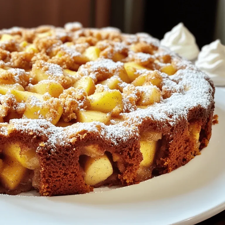 To make this Cinnamon Apple Crumble Coffee Cake, you will need the following items: - 2 cups all-purpose flour - 1 cup granulated sugar - 1/2 cup unsalted butter, softened - 1/2 cup brown sugar, packed - 1 teaspoon baking powder - 1 teaspoon baking soda - 1 teaspoon ground cinnamon - 1/2 teaspoon salt - 1 cup sour cream - 2 large eggs - 2 cups peeled and diced apples (any sweet variety, like Honeycrisp or Fuji) - 1/2 cup chopped walnuts (optional) For the crumble topping: - 1/2 cup all-purpose flour - 1/4 cup brown sugar, packed - 1 teaspoon cinnamon - 1/4 cup cold unsalted butter, cubed If you need to swap some ingredients, here are a few ideas: - Granulated sugar: You can use coconut sugar or maple sugar. - Unsalted butter: Try using coconut oil for a dairy-free option. - Sour cream: Greek yogurt works well as a substitute. - Apples: If you want a tart flavor, use Granny Smith apples. These swaps can change the taste a bit but still keep the cake tasty. To get the best flavor in your coffee cake, choose sweet apples. Here are my top picks: - Honeycrisp: They are sweet and juicy, perfect for baking. - Fuji: These apples are crisp and have a good balance of sweet and tart. - Gala: They are sweet and add a nice flavor to the cake. Using these apple types will give you a delicious, flavorful treat. Start by preheating your oven to 350°F (175°C). This helps the cake cook evenly. Grease a 9x13 inch baking dish with butter or line it with parchment paper. In a large bowl, cream together the softened butter, granulated sugar, and brown sugar until you have a light and fluffy mix. This step is key to a soft cake. Next, add the eggs one at a time. Mix well after each egg. Then, stir in the sour cream. In a separate bowl, whisk together the all-purpose flour, baking powder, baking soda, ground cinnamon, and salt. Slowly add this dry mix to your wet mix. Be careful not to over-mix; just blend until combined. Now, fold in the diced apples and walnuts, if you choose to use them. Make sure the apples are spread evenly throughout the batter. Pour the batter into the prepared dish and spread it out evenly. For the crumble topping, grab a medium bowl. Mix together the flour, brown sugar, and cinnamon. Add the cold, cubed butter. Use your fingers or a pastry cutter to combine the butter into the dry mix. You want it to be crumbly. It should resemble small pebbles. Once the crumble is ready, sprinkle it evenly over the cake batter. This topping adds a delightful crunch to each bite. Place your baking dish in the preheated oven. Bake for about 30-35 minutes. To check if it's done, insert a toothpick into the center. If it comes out clean, your cake is ready. Let the cake cool in the dish for about 10 minutes. After that, transfer it to a wire rack to cool completely. This step helps keep the cake from getting soggy. Enjoy the wonderful smell that fills your kitchen! To make your coffee cake fluffy, here are some tips: - Use room temperature ingredients. This helps them mix well. - Cream the butter and sugars until light. This adds air to the batter. - Don’t over-mix. Stir just until combined for a soft texture. - Use fresh baking powder and baking soda. This gives the cake a nice rise. Avoid these common mistakes to ensure success: - Don’t skip greasing the pan. This prevents sticking. - Measure flour correctly. Too much can make the cake dense. - Check the oven temp with a thermometer. An oven that is too hot can burn the cake. - Allow the cake to cool before slicing. This keeps the texture intact. This coffee cake shines on its own, but you can enhance it: - Serve warm with a sprinkle of powdered sugar. - Add a dollop of whipped cream for richness. - Pair with coffee or spiced tea for a cozy treat. - Try it with vanilla ice cream for a dessert twist. Enjoy these tips to make your Cinnamon Apple Crumble Coffee Cake truly irresistible! {{image_2}} To make this cake gluten-free, swap all-purpose flour with a gluten-free blend. Make sure the blend contains xanthan gum for the best texture. Your cake will still be soft and moist. You can enjoy the same great flavors and the warm spice of cinnamon. Always check that your other ingredients, like baking powder and sugar, are also gluten-free. You can change this cake based on what's in season. For fall, add chopped walnuts for a nice crunch. In summer, try using fresh berries like blueberries or raspberries. Each fruit adds its own flavor. You can also mix apples with pears for a unique twist. This keeps the cake fresh and fun all year round. To make a vegan version, replace eggs with flax eggs. Mix one tablespoon of ground flaxseed with three tablespoons of water and let it sit for five minutes. Use a vegan sour cream or unsweetened applesauce instead of regular sour cream. Replace the butter with coconut oil or vegan margarine. This way, you can enjoy a tasty cake that fits a plant-based diet. Storing your leftover Cinnamon Apple Crumble Coffee Cake is simple. First, let the cake cool completely. Then, cover it tightly with plastic wrap or foil. This helps keep the moisture in and stops the cake from drying out. You can also store it in an airtight container. It will stay fresh for up to three days at room temperature. If you want to keep it longer, consider freezing it. Freezing this cake is a great option if you want to save some for later. Start by cutting the cake into slices. Wrap each slice tightly in plastic wrap. Then, place them in a freezer-safe bag or container. Make sure to label the bag with the date. The cake can stay frozen for up to three months. When you’re ready to enjoy it, just take out the slices you need. To reheat your cake, you can use the oven or microwave. If using the oven, preheat it to 350°F (175°C). Place the slice on a baking sheet and heat for about 10 minutes. This method helps keep the cake moist. If you’re in a hurry, the microwave works too. Heat each slice for about 15-20 seconds. Just be careful not to overheat, or the cake may become tough. Enjoy your warm cake with a sprinkle of powdered sugar! Yes, you can use many types of apples. I recommend sweet varieties like Honeycrisp or Fuji. They add great flavor and sweetness. You can mix different apples for a unique taste. Tart apples, like Granny Smith, can work too. Just balance them with more sugar to keep it sweet. To make the cake moist, use more sour cream. You can add an extra 1/4 cup. This keeps the cake soft and tender. Also, don't overmix the batter. Mix just until combined. Overmixing can make the cake dry. Lastly, avoid baking it too long. Check for doneness a few minutes early. I love to serve this cake warm. A sprinkle of powdered sugar adds a nice touch. Pair it with whipped cream for extra flavor. You can also serve it with a scoop of vanilla ice cream. This makes it extra special. Enjoy it with coffee or tea for a perfect treat! In this post, I shared how to make a delicious cinnamon apple crumble coffee cake. You learned about the ingredients, step-by-step instructions, and helpful tips. I also covered variations and storage ideas. This cake tastes great any time you serve it. With simple swaps and tips, you can make it yours. Enjoy baking, and remember to share it with friends and family!