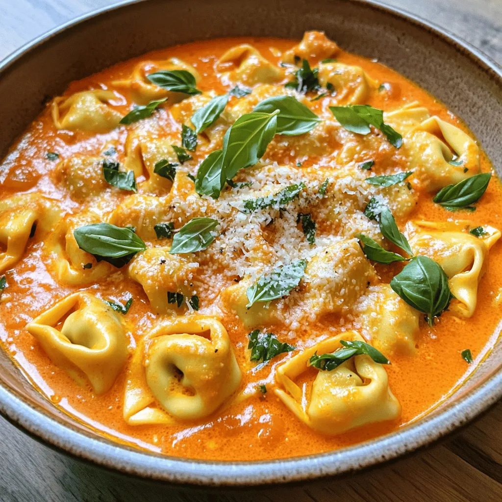 - 2 cups cheese tortellini (fresh or frozen) - 1 can (15 oz) crushed tomatoes - 1 cup heavy cream You need cheese tortellini as the star of this dish. You can use fresh or frozen tortellini. Both work well. Crushed tomatoes add rich flavor and color. They make the sauce tasty and creamy. Heavy cream is the secret to that wonderful texture. It brings all the flavors together. - 1 teaspoon Italian seasoning - 1 cup fresh basil leaves, chopped - ½ cup grated Parmesan cheese Italian seasoning adds depth to the sauce. It blends herbs like oregano and thyme. Fresh basil gives a bright, fresh taste. You should always use fresh basil if you can. Grated Parmesan cheese is the finishing touch. It melts into the sauce, making it even creamier. - Red pepper flakes - 2 cups vegetable broth Red pepper flakes give a nice kick. If you like heat, add them to taste. Vegetable broth helps create a flavorful base. You can use water, but broth adds more richness. This will make your meal even better. Start by heating 1 tablespoon of olive oil in a large pot over medium heat. Once the oil is hot, add 3 minced garlic cloves. Sauté the garlic for about 1 minute until it smells great. Next, pour in one 15-ounce can of crushed tomatoes. Follow this with 2 cups of vegetable broth. Stir in 1 teaspoon of Italian seasoning, along with salt and pepper to your taste. Bring this mixture to a gentle simmer. Now, it’s time to add the star of the dish: 2 cups of cheese tortellini. Cook the tortellini according to its package directions, which usually takes about 5 to 7 minutes. Make sure to stir occasionally. This helps the tortellini cook evenly and prevents it from sticking. Check the tortellini often to see if it's cooked just right. Once the tortellini is cooked, lower the heat. Stir in 1 cup of heavy cream until it blends well into the sauce. Next, add 1 cup of chopped fresh basil. Stir gently until the basil just wilts. If you like a little heat, sprinkle in red pepper flakes to taste. Finally, finish the dish with ½ cup of grated Parmesan cheese. Stir until the cheese melts and the sauce becomes creamy. Adjust the seasoning if needed. Let it rest for a few minutes before serving. You can use fresh or frozen tortellini. Fresh tortellini cooks fast and tastes great. Frozen tortellini is easy to find and can save time. Both options work well in this recipe. If you have time, try fresh for the best flavor. If you're in a hurry, frozen is perfect. Just adjust your cooking time based on what you choose. To change the creaminess, add more or less heavy cream. If you want it richer, add a bit more. For a lighter dish, use less cream. You can also boost the flavor with extra seasonings. Try adding garlic powder, extra basil, or even a splash of lemon juice. Each tweak can change the dish's taste, making it unique to you. For a beautiful presentation, serve the tortellini in deep bowls. Top each bowl with more fresh basil and a sprinkle of Parmesan cheese. Drizzle some olive oil on top for a nice touch. You can pair this dish with a crisp salad or some garlic bread. These sides will complement the creamy flavors well. {{image_2}} You can easily add protein to this dish. For a heartier meal, try adding chicken or shrimp. Cook the protein first, then mix it in with the tortellini. For chicken, use diced breast. For shrimp, choose medium-sized shrimp and sauté until pink. If you prefer a vegetarian option, you can add beans or lentils. Both will boost protein without meat. They also add texture and flavor to the dish. If you want a dairy-free version, you can substitute the heavy cream and cheese. Use coconut cream instead of heavy cream. It gives a nice texture and richness. For cheese, try nutritional yeast. It adds a cheesy flavor without dairy. You can blend the ingredients for a smooth sauce. Feel free to get creative with different vegetables. Spinach, zucchini, or bell peppers work well. Just chop them up and add them in with the tortellini. They will cook quickly and add great nutrition. You can also use homemade marinara sauce instead of crushed tomatoes. This adds a deeper flavor. If you have extra sauce, this is a great way to use it. Just combine it with the other ingredients as you normally would. To store your creamy tomato basil tortellini, let it cool first. Place the leftovers in an airtight container. This helps keep moisture in and air out. You can store it in the fridge for up to three days. Always label the container with the date, so you know when to use it. When reheating, use a stovetop for best results. Pour the tortellini into a pot. Heat it over low to medium heat. Stir often to prevent sticking. Adding a splash of cream or broth can help keep it creamy. Avoid using high heat, as it can cause the cream to separate. If you want to freeze the dish, let it cool completely. Use a freezer-safe container, leaving some space for expansion. You can freeze it for up to three months. To reheat, thaw in the fridge overnight. Then, use the stovetop method mentioned above. Add a little cream to regain that creamy texture. Yes, you can! While tortellini is fun, you can swap for various shapes. Try using farfalle, penne, or even shells. Each will change the texture a bit, but they will soak up the sauce well. Just remember to adjust the cooking time based on the pasta type. For example, small pasta cooks faster, while larger shapes need more time. This dish stays tasty in the fridge for about three to four days. To keep it fresh, store it in an airtight container. When you reheat, do it gently on the stove or in the microwave. Add a splash of cream or broth if it seems too thick. This helps keep the sauce creamy and delicious. Absolutely! To make it vegan, switch the cheese tortellini for a vegan pasta. Use coconut cream or cashew cream instead of heavy cream. For cheese, try a vegan Parmesan or nutritional yeast for a cheesy flavor. Adjust seasonings to your taste. The dish will still be rich and full of flavor! This blog covered how to make a tasty dish with cheese tortellini, crushed tomatoes, and heavy cream. I shared tips for seasoning and garnishing with fresh basil and Parmesan. You learned how to choose tortellini, adjust creaminess, and explore protein options. Remember, you can freeze leftovers and easily reheat them later. I hope this guide inspires you to try new variations. Enjoy cooking and savor every bite of your delicious meal!